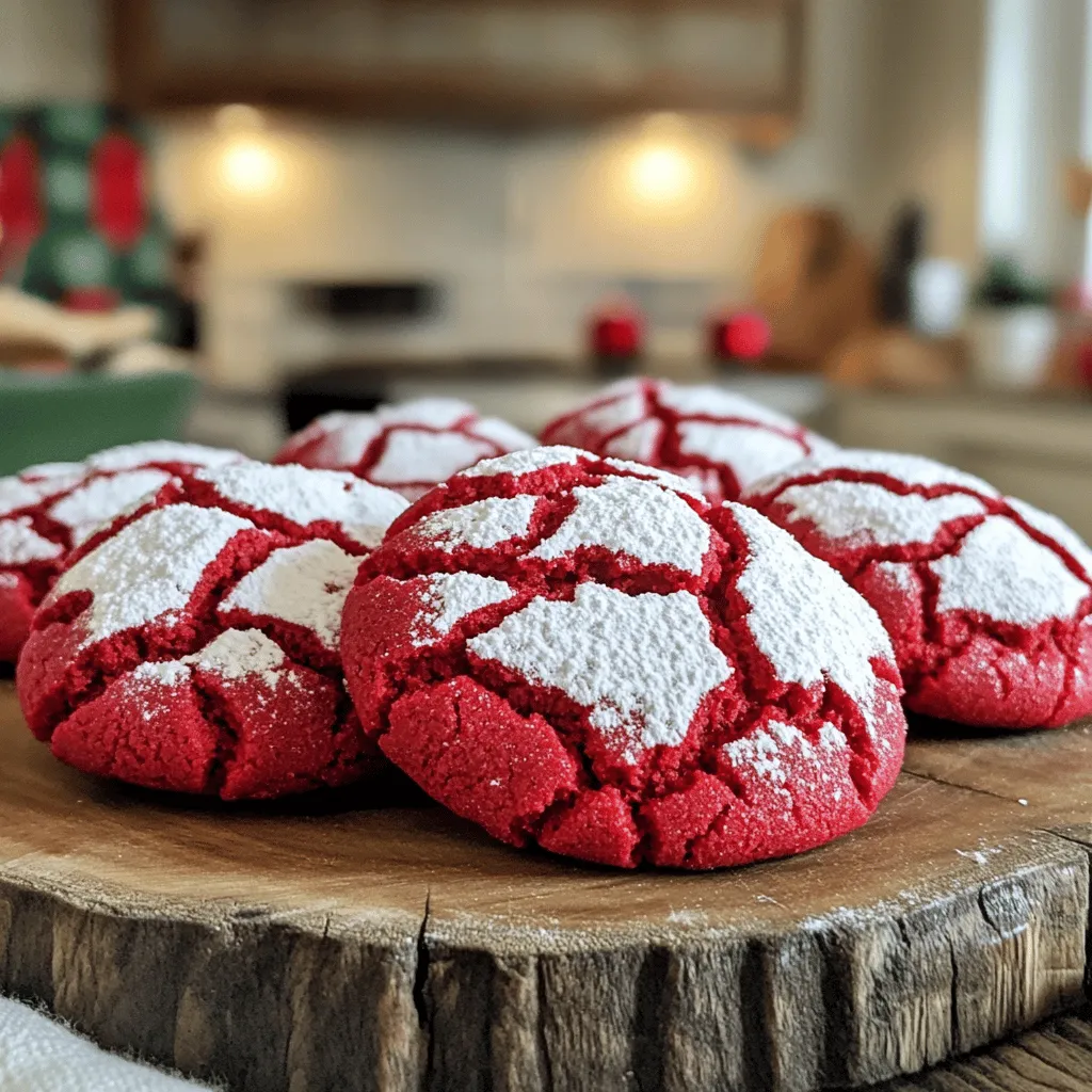 To make your Red Velvet Crinkle Cookies, gather these simple ingredients. Each one adds to the rich flavor and soft texture. - 1 ½ cups all-purpose flour - 1 tablespoon cocoa powder - 1 teaspoon baking powder - ½ teaspoon baking soda - ¼ teaspoon salt - 1 cup granulated sugar - ½ cup vegetable oil - 1 large egg - 1 teaspoon vanilla extract - 1 tablespoon red food coloring - ¼ cup powdered sugar (for dusting) These ingredients work together to create the perfect balance of sweet and rich flavors. The red food coloring gives these cookies their signature hue. Cocoa powder adds a hint of chocolate, making them even more delightful. When you mix the dry ingredients, combine them well. This step ensures the baking powder and baking soda distribute evenly. Feel free to experiment! You can adjust the amount of cocoa powder for a deeper chocolate taste. If you want, use less sugar too. For a more personal touch, consider adding nuts or chocolate chips. You can find the full recipe to guide you through each step with ease. Enjoy baking! - Preheat your oven to 350°F (175°C). Line a baking sheet with parchment paper. - In a medium bowl, whisk together the flour, cocoa powder, baking powder, baking soda, and salt. Set this mix aside for later. - In a large bowl, mix the granulated sugar and vegetable oil. Stir well until they blend. - Beat in the egg and vanilla extract until the mixture is smooth and creamy. - Add the red food coloring, mixing until the color is even throughout. - Gradually fold the dry ingredients into the wet mixture. Mix until just combined. Be careful not to overmix; the dough should be thick. - Chill the dough in the fridge for about 30 minutes to help it firm up. - Once chilled, scoop tablespoon-sized portions and roll them into balls. - Roll each ball in powdered sugar to coat them well. - Place the cookies on the prepared baking sheet, spaced about 2 inches apart. - Bake for 10-12 minutes, or until the edges are set and the tops crack slightly. - Let them cool on the baking sheet for 5 minutes before moving them to a wire rack to cool completely. For the full recipe, check out the detailed instructions above. To make great red velvet crinkle cookies, chilling the dough is key. This step firms up the dough and helps the cookies hold their shape. If you skip this, your cookies may spread too much while baking. Aim to chill the dough for at least 30 minutes. Mixing your ingredients properly also matters. Start by mixing the wet ingredients first. Make sure the sugar and oil are blended well. Then, fold in the dry ingredients gently. Overmixing can lead to tough cookies, so mix just until you see no dry flour. Oven temperature can change your cookie game. Always preheat your oven to 350°F (175°C) to ensure even baking. An oven thermometer can help you check if your oven is accurate. To check for doneness, look for slight cracks on top and set edges. You want the centers soft but not doughy. Let them cool on the baking sheet for 5 minutes before moving them. This helps them firm up a bit more. For serving, a simple plate works well. You can dust extra powdered sugar on top for a pretty look. Stack the cookies high for an eye-catching display. Pair these cookies with a glass of cold milk or hot cocoa. If you want something extra special, serve them with a scoop of vanilla ice cream. This will take your dessert to the next level and add a fun twist. {{image_2}} You can make chocolate chip red velvet crinkle cookies for a fun twist. Just add half a cup of chocolate chips to the dough before chilling. This gives you a rich, sweet contrast with the red velvet flavor. You can also try cream cheese filling options. Just make small balls of cream cheese and place them in the center of your dough balls. Then, wrap the dough around the filling. This adds a creamy surprise in every bite. For gluten-free red velvet crinkle cookies, use a gluten-free flour blend instead of all-purpose flour. Make sure it has a good balance of starches and proteins. This helps keep the texture light and fluffy. You can also make vegan adaptations. Swap the egg for a flax egg or unsweetened applesauce. Use a plant-based oil like coconut or avocado oil. This way, everyone can enjoy these cookies. Make your cookies festive by adding colorful sprinkles or holiday-themed decorations. You can use green or white food coloring in the dough for fun seasonal colors. These cookies are perfect for special occasions like Valentine’s Day or Christmas. They look great on any dessert table and taste amazing too. You can even package them as gifts for friends and family. For the full recipe, check out the instructions above. To keep your Red Velvet Crinkle Cookies fresh, store them in an airtight container. This helps lock in moisture and keeps them soft. You can layer parchment paper between cookies to prevent sticking. If you have a lot, use a larger container or multiple smaller ones. You can freeze unbaked dough balls for later use. Just shape the dough into balls, then place them on a baking sheet. Freeze the sheet for about an hour, then transfer the balls into a freezer bag. When you're ready to bake, thaw them in the fridge overnight. Bake them as you would fresh dough, adding a minute or two if needed. At room temperature, these cookies last about 1 week. Keep them in a cool, dry place. If they start to look dull or dry, they may be past their prime. Signs of spoilage include a hard texture or an off smell. Enjoy them while they're fresh for the best taste! What can I substitute for vegetable oil? You can use melted butter or coconut oil instead of vegetable oil. Both will add a rich flavor. Just use the same amount. Can I use less sugar in red velvet crinkle cookies? Yes, you can reduce the sugar. Try cutting it by a quarter cup. The cookies will still taste good, but they will be less sweet. How do I fix cookies that spread too much? If your cookies spread too much, try chilling the dough longer. This helps the fat firm up. You can also add a bit more flour to thicken the dough. Can I make the dough ahead of time? Absolutely! You can make the dough and store it in the fridge for up to three days. Just remember to let it sit at room temperature for a few minutes before you roll it out. Is red food coloring necessary? Red food coloring gives these cookies their signature look. If you skip it, the cookies will not have the same vibrant color. However, they will still taste great. Can I use natural food coloring instead of synthetic? Yes! You can use natural food coloring if you prefer. Be aware that natural options might not be as bright as synthetic ones. You may need to adjust the amount you use for the best results. For the full recipe, check out the details above! Making red velvet crinkle cookies is fun and rewarding. We covered all the key steps, from ingredients to baking tips. Remember to chill your dough for the best texture. Don’t forget to explore flavor variations and holiday themes. Proper storage keeps them fresh for longer. Follow these tips, and you'll impress everyone with your cookies. Baking can be simple and enjoyable. Now, get in the kitchen and start baking!