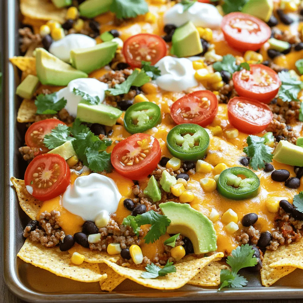 - 1 lb ground turkey or beef - 1 can (15 oz) black beans, drained and rinsed - 1 cup corn (fresh, frozen, or canned) - 1 packet taco seasoning - 1 large bag tortilla chips - 2 cups cheddar cheese, shredded These ingredients form the base of your nachos. You can choose between ground turkey or beef based on your taste. Black beans and corn add great texture and flavor. - 1 cup cherry tomatoes, halved - 1 jalapeño, sliced (optional) - 1/2 cup black olives, sliced - 1 avocado, diced - 1/2 cup sour cream - Fresh cilantro, chopped (for garnish) - Lime wedges (for serving) Toppings make your nacho dish lively and colorful. Cherry tomatoes and jalapeños add freshness and spice. Avocado gives a creamy texture, while sour cream cools it down. - For ground meat, try lentils or tofu for a plant-based option. - Use dairy-free cheese if you want a vegan meal. - Look for gluten-free tortilla chips if needed. These substitutions let you cater to different diets. You can enjoy a delicious meal while being mindful of your guests' needs. For the full recipe, refer to the Easy Sheet Pan Nacho Dinner. Start by cooking the ground turkey or beef in a large skillet. Heat it over medium. Stir the meat until it turns brown, which takes about 5 to 7 minutes. Make sure to break it into small pieces as it cooks. Once it's fully cooked, drain any excess grease from the pan. This step keeps your nachos from getting too oily. After draining, add the taco seasoning and a splash of water. Stir well and let it simmer for an extra 2 to 3 minutes. This will help blend the flavors. Now, it's time to build your nachos! Take a large sheet pan and spread out the tortilla chips. Make sure they cover the pan in an even layer. Next, evenly distribute the seasoned meat over the chips. Then, add the black beans, corn, and halved cherry tomatoes. If you like heat, sprinkle on the jalapeño slices. Finally, generously cover all the ingredients with the shredded cheddar cheese. This ensures every bite is cheesy and delicious. Preheat your oven to 400°F (200°C). This step is key for melting the cheese just right. Once the oven is ready, place the sheet pan inside. Bake for about 10 to 12 minutes. Keep an eye on it! Check for doneness by looking for melted and bubbly cheese. When it looks perfect, take it out and let it cool slightly. Now you can add the finishing touches! To get gooey cheese, use fresh, shredded cheese. Pre-shredded cheese has anti-caking agents that can affect melting. Spread the cheese evenly over the nachos. Keep an eye on the oven. Bake until the cheese bubbles, about 10-12 minutes. Soggy chips ruin nachos. To prevent this, layer the chips first. Use a single layer of chips for crispness. Avoid overloading with toppings. Serving nachos directly from the pan looks fun and casual. This style invites everyone to dig in together. If you want a more polished look, transfer the nachos to a large platter. For garnishing, add diced avocado and sliced olives right before serving. These fresh toppings add color and flavor. A sprinkle of fresh cilantro gives a nice touch. Lime wedges on the side enhance the look and flavor. Prep ingredients ahead of time. Chop the tomatoes, olives, and avocado early in the day. This saves you time when you are ready to cook. You can make the nachos ahead of time. Prepare them and store them in the fridge. When ready to eat, just heat in the oven for 10 minutes. This keeps the cheese melty and the chips crunchy. For the full recipe, check the Easy Sheet Pan Nacho Dinner section. {{image_2}} You can change the flavor of your nachos in many ways. Here are a few ideas: - Southwestern style: Add some black beans, corn, and a bit of lime juice for a fresh twist. - Spicy nachos: Use spicy taco seasoning and add jalapeños for a kick. - Vegetarian options: Skip the meat and load up on beans, corn, and extra veggies instead. These simple swaps can make your nachos unique and fun! Toppings can take your nachos to the next level. Consider these: - Extra cheese and spicy salsa: A bit more cheese always helps, along with a zesty salsa for flavor. - Fresh herbs and diced veggies: Try topping with diced onions, cilantro, or fresh peppers for crunch and taste. These toppings make every bite exciting! You can also change how you cook your nachos. Here are two options: - Air fryer instructions: Set your air fryer to 400°F. Layer your nachos in the basket and cook for about 5-7 minutes. Keep an eye on them, so they don't burn. - Stovetop adaptations: Use a large skillet. Layer your chips and toppings, then cover with a lid. Heat on low until the cheese melts, about 5-10 minutes. These methods can help if you're short on time or want a different texture! For those who want to dive deeper into the recipe, check out the Full Recipe for step-by-step guidance. Store your nacho leftovers in an airtight container. This keeps them fresh. Place the container in the fridge. Use the leftovers within three days for best taste. If you want to keep them longer, you can freeze them. Just make sure to wrap the nachos tightly in plastic wrap or foil. Then, place them in a freezer bag. They can last up to two months in the freezer. To reheat your nachos, the oven works best. Preheat your oven to 350°F (175°C). Spread the nachos on a baking sheet. Heat for about 10 minutes or until warm. This helps keep the chips crispy. You can also use a microwave. Place the nachos on a microwave-safe plate. Heat in 30-second bursts until warm. But be careful; the chips can get soggy in the microwave. You can store nacho leftovers in the fridge for about three days. After that, check for spoilage. Signs include a bad smell or mold. If you see either, throw them out. In the freezer, nachos can last up to two months. Always label your containers with the date. This helps you keep track of how long they have been stored. To make your nachos crispy, choose sturdy tortilla chips. Avoid thin chips that get soggy. You can also bake the chips for a few minutes before adding toppings. Spread them in a single layer on the sheet pan. This helps them stay crunchy as they bake with the toppings. Yes, you can use different meats. Ground chicken or pork works well as substitutes. You can also try shredded rotisserie chicken for a quick option. For a vegetarian twist, use black beans or lentils instead. Each option gives a unique flavor to your nachos. Pair your nachos with fun sides! Salsa and guacamole are classics. You can also serve a fresh salad or corn on the side. A zesty coleslaw adds a nice crunch, too. Don't forget some extra sour cream for dipping! Yes, this recipe is great for meal prep! You can cook the meat and prep the toppings in advance. Store them in separate containers in the fridge. When ready to eat, just assemble the nachos and bake. They will taste fresh and delicious! For storage, keep leftovers in an airtight container for up to three days. In this blog post, I covered all you need for making nachos. We explored key ingredients, like meat, beans, and cheese, and added toppings for extra flavor. I shared step-by-step instructions for cooking and baking. You'll find tips for perfecting your nachos and fun variations. Plus, you learned how to store leftovers and reheat them. Nachos are fun, easy, and customizable. Whether for a party or a snack, you can enjoy them your way. Dive in and get creative in your kitchen!