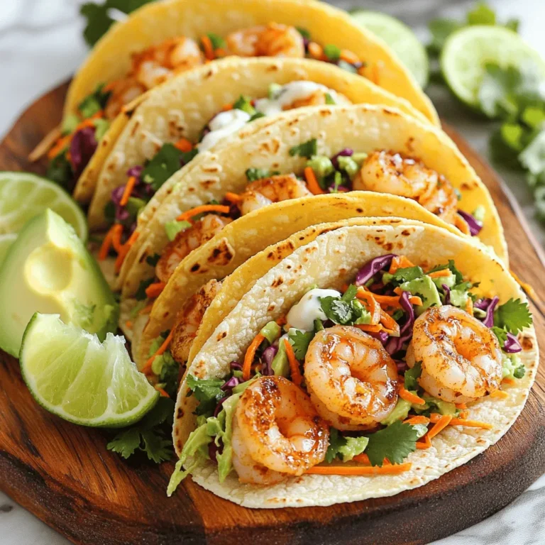 - 1 pound shrimp, peeled and deveined - Spices: chili powder, cumin, smoked paprika, garlic powder - Fresh vegetables: green cabbage, red cabbage, carrot, cilantro For these spicy shrimp tacos, I use fresh, high-quality shrimp. You want them peeled and deveined for easy cooking. Spices add flavor. I use chili powder, cumin, smoked paprika, and garlic powder. These spices give a nice kick. Fresh veggies make the tacos crunchy and bright. I love using green cabbage, red cabbage, grated carrot, and cilantro. They all add great texture and flavor. - Lime juice and honey for dressing - Mayonnaise for creaminess - Tortillas: Recommended type and size The cilantro lime slaw brings freshness to the tacos. I mix lime juice and honey for a tangy dressing. Mayonnaise gives the slaw a creamy texture. Light corn tortillas work best for wrapping. I recommend small corn tortillas, about six inches wide. They hold the filling well without falling apart. - Avocado slices - Lime wedges for serving For extra flavor, I add avocado slices. They add creaminess and smoothness. Lime wedges also help brighten the dish. A squeeze of lime on top makes each bite pop. You can also add these garnishes to make your tacos even better. Check out the Full Recipe for all the steps to make these delicious tacos! To get the shrimp ready, first, make the spice mix. In a bowl, combine: - 2 tablespoons olive oil - 2 teaspoons chili powder - 1 teaspoon cumin - 1 teaspoon smoked paprika - 1/2 teaspoon garlic powder - 1/2 teaspoon salt - 1/4 teaspoon black pepper Toss the shrimp in the mix until they are well coated. Marinate them for about 15 minutes. This helps the shrimp soak in the flavors. If you let them sit too long, the shrimp can become mushy. Next, we make the cilantro lime slaw. In a separate bowl, mix together: - 1 cup green cabbage, thinly sliced - 1/2 cup red cabbage, thinly sliced - 1/4 cup fresh cilantro, chopped - 1 medium carrot, grated - 1 lime, juiced - 1 tablespoon mayonnaise - 1 tablespoon honey Toss these ingredients until they are evenly coated. Letting the slaw sit for a few minutes allows the flavors to meld. This makes the slaw taste fresh and zesty. Now it's time to cook the shrimp. Heat a skillet over medium-high heat. Once hot, add the marinated shrimp. Cook them for about 2-3 minutes on each side. The shrimp should turn pink and opaque. While the shrimp cooks, toast the corn tortillas. Take another pan and warm the tortillas for about 30 seconds on each side. This gives them a nice, soft texture. For the full recipe, you can refer to the earlier section. Enjoy your delicious spicy shrimp tacos with cilantro lime slaw! To cook juicy shrimp, start with fresh, high-quality shrimp. Marinate them with olive oil and spices. This step enhances flavor and keeps them moist. Avoid overcooking shrimp; they only need a few minutes per side. Overcooked shrimp turn tough and rubbery. Watch them closely as they change color to pink and opaque. Common mistakes include using frozen shrimp without thawing properly. This can lead to uneven cooking. Also, don't skip the marinating step. It adds depth to your dish. For the slaw, you can play with different vegetables. Adding sliced radishes or bell peppers boosts color and crunch. You can also use green onions for a milder onion flavor. To adjust the spiciness, add more lime juice or honey. These ingredients help balance the heat from the shrimp. If you want a creamier slaw, try adding yogurt instead of mayonnaise. This makes it lighter yet still tasty. When serving tacos, pair them with sides like rice or beans. These sides complement the flavors and make a full meal. Try serving tortilla chips with salsa for an extra crunch. For presentation, stack the tacos neatly on a platter. Add lime wedges around the tacos for a pop of color. Arrange the avocado slices on top for a beautiful finish. Enjoy your meal! Check out the Full Recipe for more details. {{image_2}} You can swap shrimp for chicken or tofu. The cooking time for chicken is a bit longer. For tofu, press it first to remove extra water. Use the same spice mix. It works well with chicken and tofu, too. Best seasonings for other proteins: - Chicken: Use 1 tablespoon of taco seasoning for great flavor. - Tofu: Add soy sauce and smoked paprika for a smoky taste. If you need gluten-free options, use corn or almond flour tortillas. They hold up well and taste great. Dairy-free alternatives for slaw dressing: - Swap mayonnaise for vegan mayo or avocado. Both add creaminess without dairy. - For a tangy kick, try a splash of apple cider vinegar. You can add many toppings for fun. Salsa gives a fresh kick, while cheese adds creaminess. Creative ideas for additional crunch: - Try crispy fried onions or crushed tortilla chips for texture. - Fresh radishes or jicama slices add a nice crunch and color. Check out the Full Recipe for more ideas and details on these delicious tacos! To store your leftover tacos, wrap each taco tightly in foil or plastic wrap. This keeps them fresh and prevents sogginess. Using a container is also a good idea. Choose a shallow, airtight container to hold the tacos. This method protects the toppings and keeps everything intact. For marinated shrimp, place them in a bowl or a zip-top bag. Squeeze out as much air as possible before sealing. Store the shrimp in the fridge for up to two days. As for the slaw, it can stay fresh in the fridge for about three days. Keep it in a sealed container to maintain its crunch. When reheating shrimp, heat them in a skillet over medium heat. This helps keep them juicy. Avoid using the microwave, as it can dry them out quickly. For tacos, reheat the tortillas briefly in a hot pan. This method will keep them soft and warm. Enjoy your tasty tacos as if they were freshly made! For the complete recipe, check out the Full Recipe. To make shrimp tacos less spicy, you have a few easy options. First, use less chili powder and smoked paprika. You can also add more lime juice to balance the heat. Another great idea is to add more cabbage to the slaw. This will help absorb some spice. If you want a milder flavor, consider using a sweet salsa or a creamy sauce on top. Yes, you can make cilantro lime slaw ahead of time! I recommend preparing it a few hours before serving. This lets the flavors mix well. If you store it in the fridge, it stays fresh for up to three days. Just give it a good stir before serving to mix everything again. If you want to replace mayonnaise, there are several tasty options. Greek yogurt is a great choice. It adds creaminess and a nice tang. You can also use sour cream or a dairy-free yogurt. Another option is to blend avocado for a smooth texture. Each of these alternatives adds its own unique flavor. For shrimp tacos, small corn tortillas are the best! They hold the filling well and add a nice flavor. Make sure to warm them slightly before filling. This makes them soft and more enjoyable to eat. If you want a gluten-free option, look for corn tortillas marked as gluten-free. This blog post covered how to make delicious spicy shrimp tacos. We explored key ingredients, like shrimp and fresh vegetables, and how to prepare a tasty cilantro lime slaw. You learned to cook juicy shrimp and toast tortillas perfectly. I shared tips for variations, storage, and serving ideas. By following these steps, you can create a meal that is sure to impress. Enjoy experimenting with flavors and making these tacos your own! Happy cooking!