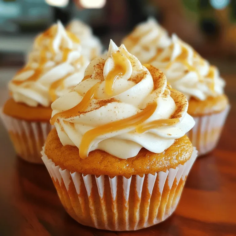 For your Pumpkin Spice Latte Cupcakes, gather these key ingredients: - 1 cup all-purpose flour - 1 teaspoon baking powder - 1/2 teaspoon baking soda - 1/4 teaspoon salt - 1 tablespoon pumpkin pie spice - 1/2 cup unsalted butter, softened - 1 cup granulated sugar - 2 large eggs - 1/2 cup canned pumpkin puree - 1/4 cup strong brewed coffee, cooled - 1 teaspoon vanilla extract - 1/4 cup milk Each ingredient plays a big role in the flavor and texture of the cupcakes. The all-purpose flour gives them structure. Baking powder and baking soda help them rise. Salt enhances all the sweet flavors. Pumpkin pie spice brings that warm, cozy taste of fall. Using unsalted butter gives you control over the salt level in the cupcakes. Granulated sugar sweetens the mix. Eggs act as a binder and add moisture. Canned pumpkin puree provides richness and flavor. Brewed coffee adds a touch of depth and ties in the latte theme. Vanilla extract adds warmth, while milk keeps the batter smooth. Make sure to measure each ingredient carefully. This ensures your cupcakes turn out perfect every time. Enjoy the process and the delightful aroma that fills your kitchen! First, preheat your oven to 350°F (175°C). This step is important for even baking. Next, line your cupcake pan with paper liners. This keeps the cupcakes from sticking and makes cleanup easy. In a medium bowl, whisk together the dry ingredients. Combine 1 cup of all-purpose flour, 1 teaspoon of baking powder, 1/2 teaspoon of baking soda, 1/4 teaspoon of salt, and 1 tablespoon of pumpkin pie spice. Set this mixture aside for later. In a large bowl, cream together 1/2 cup of softened unsalted butter and 1 cup of granulated sugar. Beat them until the mixture is light and fluffy, which takes about 3-4 minutes. Next, add 2 large eggs one at a time, mixing well after each addition. Then, mix in 1/2 cup of canned pumpkin puree, 1/4 cup of cooled brewed coffee, and 1 teaspoon of vanilla extract. Stir these ingredients until they are fully combined. Now, it’s time to mix the dry and wet ingredients together. Gradually add the dry mixture to the wet mixture. Alternate adding in 1/4 cup of milk, starting and ending with the dry ingredients. Mix just until everything is combined. Avoid overmixing, as this can make your cupcakes tough. Divide the batter evenly among the cupcake liners, filling each about two-thirds full. Bake in the preheated oven for 18-20 minutes. To check for doneness, insert a toothpick into the center. If it comes out clean, they are ready! Allow the cupcakes to cool in the pan for 5 minutes, then move them to a wire rack to cool completely. - Avoid overmixing the batter: Mix just until the ingredients blend. Overmixing can make the cupcakes tough. - Checking for doneness with a toothpick: Insert a toothpick in the center. If it comes out clean, the cupcakes are done. If it has batter on it, bake a bit longer. - Simple whipped cream or favorite frosting options: You can use whipped cream for a light touch. Or, try your favorite frosting for extra flavor. Cream cheese frosting pairs well too! - Presentation tips for garnishing: After frosting, sprinkle pumpkin pie spice on top. A drizzle of caramel sauce adds a sweet touch. This makes the cupcakes look great and taste even better! {{image_2}} You can switch things up with chocolate pumpkin spice latte cupcakes. To do this, add 1/3 cup of cocoa powder to the dry mix. This gives the cupcakes a rich, chocolatey taste. The pumpkin spice will still shine through, creating a delightful blend. For gluten-free adaptations, use a gluten-free flour blend. This works well as a 1:1 substitute for all-purpose flour. Make sure to check that your baking powder and other ingredients are also gluten-free. This way, everyone can enjoy these tasty treats. Frosting can change the whole vibe of your cupcakes. Cream cheese frosting is a great option. It adds a tangy taste that pairs well with the spice. Simply mix together cream cheese, butter, powdered sugar, and a splash of vanilla until smooth. You can also try chocolate ganache for a rich touch. To make it, heat 1 cup of heavy cream and pour it over 8 ounces of chocolate. Stir until melted and glossy. Once cooled, pour it over the cupcakes for a decadent finish. To keep your pumpkin spice latte cupcakes fresh, store them properly. You can leave them at room temperature for up to two days. Just place them in an airtight container. This keeps them soft and tasty. If you want them to last longer, use the fridge. They can stay fresh for about a week in the fridge. Just remember to cover them well to avoid drying out. Want to save some cupcakes for later? You can freeze them! First, let the cupcakes cool completely. Then, wrap each one in plastic wrap. Place the wrapped cupcakes in a freezer bag. They can last up to three months in the freezer. When you're ready to eat them, just take them out and let them thaw at room temperature. This keeps their taste and texture great! Yes, you can use homemade pumpkin puree. Just make sure it is smooth. If it’s too watery, your cupcakes may turn out soggy. Homemade puree can add a fresh taste. To make these cupcakes dairy-free, swap the butter with a dairy-free alternative. Coconut oil or vegan butter works well. Use almond or oat milk instead of regular milk. This keeps the flavor rich and creamy without dairy. Yes, you can adjust the sweetness! Use less sugar if you prefer less sweetness. You can also try using maple syrup or honey for a natural sweetener. Just remember, it may change the texture a bit. - Common questions and helpful baking tips: - Always measure ingredients accurately for best results. - Room temperature ingredients mix better and create fluffier cupcakes. - If you want a stronger coffee flavor, add a bit more brewed coffee. - Let the cupcakes cool completely before frosting for the best texture. - For extra flavor, add a pinch of salt to your frosting. You have all the steps to bake delicious pumpkin spice latte cupcakes. From mixing the batter to choosing the right frosting, this guide covers it all. Remember, avoid overmixing for the best texture. Try different flavors and frostings for fun twists. Store them right for lasting freshness. Now, it's time to get baking and enjoy these tasty treats. Your kitchen will smell amazing, and everyone will love them. Happy baking!