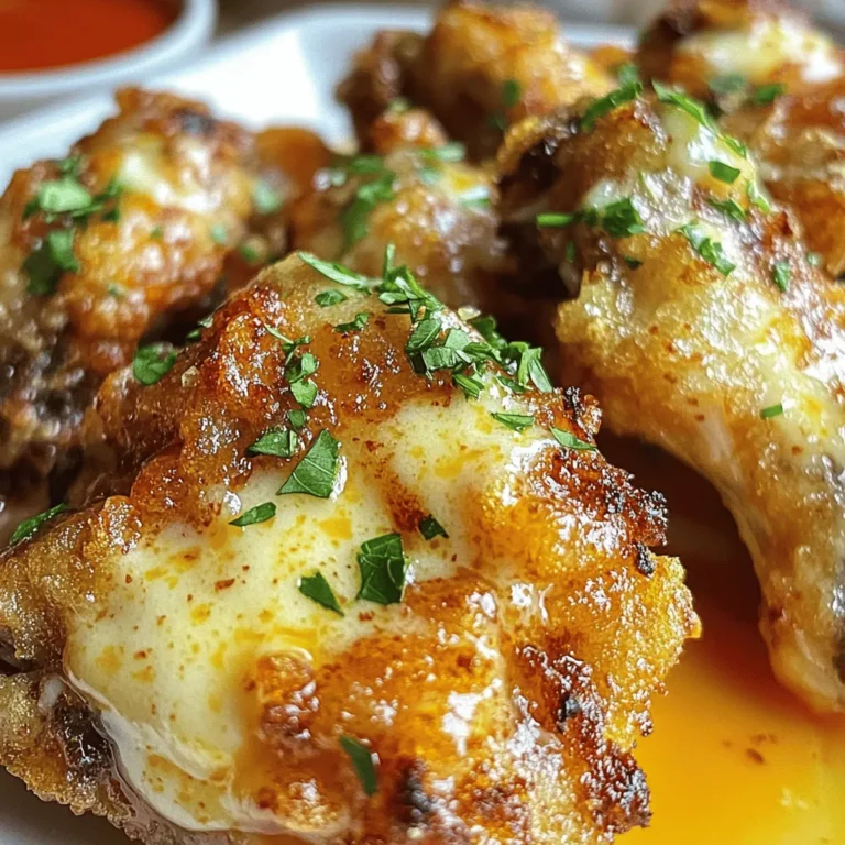 To make these crispy garlic Parmesan wings, you need a few key ingredients. Here’s what you’ll need: - 2 pounds chicken wings - 1 tablespoon baking powder - 1 teaspoon salt - 1 teaspoon black pepper - 1/2 teaspoon garlic powder - 1 teaspoon onion powder - 1 teaspoon smoked paprika - 1/2 cup grated Parmesan cheese - 1/4 cup unsalted butter, melted - 4 cloves garlic, minced - 2 tablespoons fresh parsley, chopped - Optional: Hot sauce for serving Each ingredient plays a role in creating that mouthwatering flavor and perfect texture. The baking powder is key for crispiness. It helps the wings get that golden brown look. The spices add depth. Garlic powder, onion powder, and smoked paprika create warmth and flavor. The butter, combined with garlic and Parmesan, makes a rich and tasty sauce. Tossing the wings in this sauce after they bake gives them a delicious coating. The fresh parsley adds a pop of color and freshness. If you enjoy some spice, keep hot sauce handy. It’s a great way to add heat and kick to these wings. These ingredients work together to create a dish that’s hard to resist. Get ready to enjoy a burst of flavor! First, set your oven to 400°F (200°C). This is the perfect temperature for crispy wings. Next, line a large baking sheet with parchment paper. Then, place a wire rack on top. This helps the air flow around the wings. Good air flow means crispy wings. Start by drying the chicken wings with paper towels. This step is key for crispiness. In a large bowl, mix the baking powder, salt, black pepper, garlic powder, onion powder, and smoked paprika. Toss the dried wings in this spice mix. Make sure all the wings are evenly coated. This adds great flavor. Now, arrange the wings on the wire rack. Lay them out in a single layer, leaving space between them. This helps them cook evenly. Bake the wings for 40-45 minutes. Turn them halfway through for even cooking. While the wings bake, melt the butter in a small saucepan over medium heat. Add the minced garlic and cook for 1-2 minutes. You want it fragrant but not browned. Remove the pan from heat and stir in the grated Parmesan cheese. This sauce will be rich and flavorful. Once the wings are done, transfer them to a large bowl. Pour the garlic Parmesan sauce over them. Toss gently until they are well coated. Enjoy the delicious aroma! To make your wings extra crispy, drying them is key. Wet wings will steam instead of crisp. Use paper towels to pat them dry well. Next, baking powder plays a big role here. It helps create a light, crunchy texture. The baking powder draws moisture away from the skin, making it crisp up nicely in the oven. If you want to switch things up, you can replace Parmesan cheese. Try pecorino Romano or nutritional yeast for a vegan twist. You can also add different spices for fun flavors. Consider cayenne for heat or lemon zest for brightness. These simple changes can make your wings unique. Pair your wings with tasty side dishes. Celery sticks and carrot sticks are classic choices. They add crunch and freshness. For drinks, go with a cold beer or a fizzy soda. The bubbles and flavors complement the rich wings perfectly. Don’t forget hot sauce on the side for extra kick! {{image_2}} You can easily change the flavor of your crispy garlic parmesan wings. Here are two tasty options: - Spicy garlic parmesan wings: Add heat with cayenne pepper or your favorite hot sauce. Mix some into the garlic Parmesan sauce. This packs a flavorful punch! - Lemon herb garlic wings: Use fresh lemon juice and zest. Toss in dried herbs like thyme or oregano. This gives your wings a bright, fresh taste that's perfect for summer. You can cook these wings in different ways to suit your taste: - Air fryer version: Use an air fryer for a quicker cook time. Set it to 400°F and cook for about 25-30 minutes. This method keeps the wings crispy without much oil. - Grill adaptations: Grill the wings for a smoky flavor. Marinate them in the garlic sauce first. Grill them over medium heat for about 20-25 minutes, turning until cooked through and crispy. Make these wings fun for kids: - Adjusting spiciness for children: Keep the heat low or skip it altogether. Serve the garlic parmesan sauce on the side for dipping. - Flavor modifications for picky eaters: Use just garlic and butter for a milder taste. Let kids help with the mixing to spark their interest in cooking! To keep your wings fresh, store them in the fridge. Place them in an airtight container. They will stay good for about three days. If you want the best taste, eat them within two days. When reheating wings, the oven is your best friend. Preheat it to 350°F (175°C). Place the wings on a baking sheet. Heat for about 10-15 minutes. This will help keep them crispy. You can also use an air fryer if you have one. Set it to 350°F (175°C) and heat for about 5-7 minutes. If you have extra wings, you can freeze them. First, let them cool completely. Then, place them in a freezer-safe bag. Remove as much air as you can. They can last up to three months in the freezer. When you're ready to eat them, thaw the wings overnight in the fridge. Reheat them in the oven or air fryer for the best results. How to make wings crispy without frying? To get crispy wings, start by drying them well. Use paper towels to remove moisture. Then, coat them with baking powder and spices. Baking at high heat helps achieve that perfect crunch. Can I make these wings ahead of time? Yes, you can prepare the wings in advance! Season them and keep them in the fridge. Bake them just before serving for the best taste and texture. What should I serve with garlic parmesan wings? Crispy garlic parmesan wings pair well with celery sticks and ranch or blue cheese dressing. You can also serve them with fresh veggies or a light salad for a nice balance. What if the wings are not crispy? If your wings are not crispy, check the drying step. Make sure they are fully dry before seasoning. Also, ensure they are not crowded on the baking sheet, as this traps steam. Why do my wings turn out soggy? Soggy wings can happen if they are not dried well or if they bake too closely together. Make sure to use a wire rack to allow airflow while baking. Caloric content and nutritional breakdown One serving of these wings (around 4-6 wings) has about 300 calories. They contain protein from the chicken and healthy fats from the butter and cheese. Adjustments for dietary preferences For lower calories, you can reduce the butter or use a lighter cheese. If you're vegan, try using cauliflower wings instead and swap the cheese for a plant-based option. You now have a clear guide for making crispy garlic Parmesan wings. We covered all the steps, from gathering your ingredients to serving. Remember, drying your wings is key for that perfect crunch. You can also try different flavors or cooking methods to make this dish your own. Don't hesitate to store leftovers properly and reheat them for a tasty snack later. Enjoy this fun recipe and impress your friends and family!