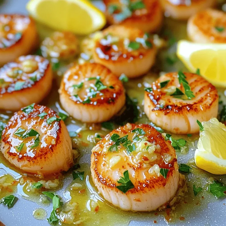 For this dish, you need 1 pound of fresh scallops. This amount gives you about 12 to 15 large scallops. Choose plump, sweet scallops for the best taste. Look for those with a slight sheen and a fresh ocean scent. You will use 4 tablespoons of unsalted butter. Butter adds richness and depth to the dish. Along with the butter, you need 4 cloves of minced garlic. Garlic adds a strong, savory flavor that pairs well with scallops. In addition to the main ingredients, you will need some seasonings. Use salt and pepper to taste. If you like a bit of heat, add 1/4 teaspoon of red pepper flakes. For a fresh touch, use the zest and juice from 1 lemon. Finally, chop 2 tablespoons of fresh parsley for garnish. Lemon wedges are great for serving, adding a burst of flavor. To start, you need to prep the scallops. First, take your fresh scallops and place them on a paper towel. Pat them dry. This step is key; it helps the scallops sear well. Next, season both sides with salt and pepper. This will add a nice flavor to each bite. Now it's time to heat the pan. Grab a large skillet and add 2 tablespoons of butter. Turn the heat to medium-high. Wait until the butter foams. This means it's hot enough. Carefully add the scallops to the pan. Make sure not to crowd them. Cook for 2-3 minutes without moving them. This helps form a golden crust. After that, gently flip each scallop. Cook for another 2 minutes. They should look opaque and feel firm. Once your scallops are done, take them out and place them on a plate. In the same skillet, lower the heat. Add the remaining 2 tablespoons of butter. Let it melt. Then, add in the minced garlic. Sauté for 30 seconds until it smells great. Be careful not to burn the garlic. Next, stir in the lemon zest and juice. If you like a little heat, add red pepper flakes too. Finally, return the scallops to the skillet. Gently toss them in the sauce for about 1 minute. This will warm them up and coat them in that tasty garlic lemon sauce. To sear scallops right, start by drying them. Use paper towels to remove moisture. This step helps them brown well. Season both sides with salt and pepper. Heat a large skillet on medium-high heat. Add two tablespoons of butter. When the butter foams, it's time to add the scallops. Place them in the pan without crowding. This way, they sear evenly. Cook for about 2-3 minutes on one side. Look for a nice golden crust. Be careful not to overcook your scallops. They cook quickly and can turn rubbery. After flipping, they should only take 2 more minutes. Check for an opaque center and slight firmness. If they feel too soft, they need more time. Remember, carryover cooking happens. They will continue cooking off the heat. You can spice up your scallops easily. Try adding red pepper flakes for heat. Fresh herbs can also improve the taste. Consider thyme, dill, or basil for a fresh twist. For a citrus kick, add lime juice along with lemon. You can also try a splash of white wine for depth. These small changes can make a big difference in flavor. {{image_2}} To add some heat, try spicy garlic lemon butter scallops. Just sprinkle in 1/4 teaspoon of red pepper flakes while making the sauce. This small change brings a nice kick. It pairs well with the butter and lemon flavors. Taste it, and you’ll find a perfect balance of spice and zest. For a fresh twist, consider herb-infused scallops. You can mix in herbs like thyme, dill, or tarragon while cooking. Just chop the herbs finely and add them when you toss the scallops in the sauce. This will give your dish a garden-fresh taste. Each herb adds a unique flavor profile. You can play around with different herbs to suit your taste. Think about what to serve with your scallops. They go well with many sides. Light and fresh options like a simple salad or steamed asparagus work great. You can also serve them over creamy risotto or pasta. These pairings enhance the meal and add texture. Don't forget to include lemon wedges for extra zing! To keep your garlic lemon butter scallops fresh, store them in the fridge. Place scallops in an airtight container. They will last for about one to two days. It’s best to cover them with some of the garlic lemon sauce. This helps keep them moist. Make sure to cool the scallops to room temperature before sealing. If you want to save scallops for later, freezing works well. Place the cooled scallops in a single layer on a baking sheet. Freeze them for about one hour. Once firm, transfer them to a freezer bag. Squeeze out the air and seal tightly. They can last up to three months in the freezer. When ready to eat, thaw them in the fridge overnight. Reheating scallops requires care to maintain their texture. The best way is to use a skillet. Warm a little butter in the pan over medium heat. Add the scallops and cook for two to three minutes. You can also microwave them, but use a low power setting. Heat them for short bursts to avoid overcooking. Enjoy your scallops warm and tasty! You can tell when scallops are done by their color and feel. Cooked scallops turn opaque and firm. They should look white or slightly golden on the outside. A good rule is to sear them for about 2-3 minutes on one side, flip them, and cook for another 2 minutes. If they feel springy when you touch them, they are ready. Overcooking makes them tough, so watch closely. Yes, you can use frozen scallops, but there are key steps. First, thaw them in the fridge overnight or under cold water. Pat them dry well to remove moisture. This helps create a nice sear. Frozen scallops may also need a minute more to cook through, so check their doneness closely. Garlic lemon butter scallops pair well with many sides. Here are some ideas: - Rice: A fluffy white rice or lemon rice complements the sauce. - Pasta: Light pasta tossed in olive oil or lemon butter works great. - Vegetables: Roasted asparagus, green beans, or a fresh salad add color and crunch. - Bread: A crusty baguette or garlic bread soaks up the delicious sauce. These sides balance the rich flavors of the scallops and make a complete meal. This blog covered how to prepare scallops with garlic lemon butter. We discussed fresh ingredients, cooking steps, and helpful tips to avoid overcooking. You can try variations for extra flavor and learn storage tips for leftovers. Cooking scallops can be simple and fun. Enjoy crafting different dishes around this tasty seafood. Now, it’s time to impress with your scallop skills!