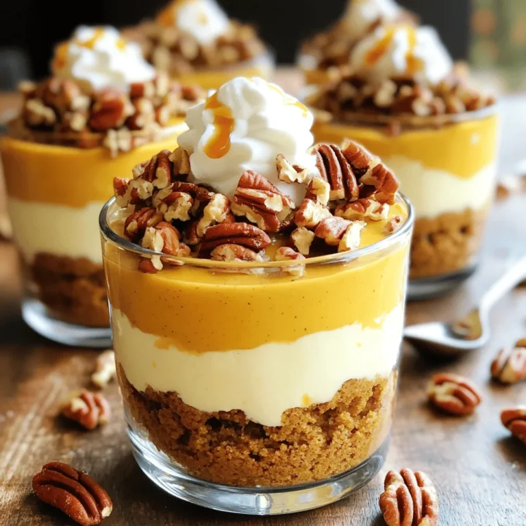 To make these tasty trifle cups, you need some key ingredients: - 1 cup canned pumpkin puree - 8 ounces cream cheese, softened - 1/2 cup powdered sugar - 1 teaspoon vanilla extract - 1 teaspoon pumpkin pie spice - 1 cup heavy cream - 12 ginger snap cookies, crushed - 1/2 cup pecans, chopped - 2 tablespoons maple syrup - Whipped cream for topping (optional) Each ingredient plays a big role in the flavor. The pumpkin puree adds a warm, earthy taste. Cream cheese gives a rich, creamy base. The powdered sugar sweetens the mix just right. Vanilla extract brings a lovely aroma. Pumpkin pie spice adds that perfect fall touch. Heavy cream makes it light and airy. While the trifle cups are delicious on their own, a few toppings can make them extra special. You might want to add: - Whipped cream - Extra crushed ginger snaps - More chopped pecans - A sprinkle of cinnamon These toppings can enhance both the look and taste. Whipped cream adds softness. Crushed cookies give a nice crunch. Extra pecans add a nutty flavor. Don’t have all the ingredients? No problem! Here are some swaps you can try: - Use mascarpone cheese instead of cream cheese for a different texture. - If you want less sugar, use a sugar substitute in the cream cheese mix. - For a gluten-free option, try using gluten-free cookies. - You can replace heavy cream with coconut cream for a dairy-free treat. These substitutions let you make the trifle cups fit your needs while keeping them yummy. The key is to keep the balance of flavors and textures to ensure your trifle is still delightful. To start, take a mixing bowl. Add 8 ounces of softened cream cheese. Next, add 1/2 cup of powdered sugar. Pour in 1 teaspoon of vanilla extract. Add 1 teaspoon of pumpkin pie spice. Beat the mixture until it is smooth and creamy. Now, gently add 1 cup of canned pumpkin puree. Mix until everything blends well. This mixture should be rich and tasty. In another bowl, pour 1 cup of heavy cream. Use a mixer to whip it. Keep mixing until you see stiff peaks form. This step adds lightness to the trifle. Once ready, take the whipped cream and fold it into the pumpkin mixture. Use a spatula and be gentle. This keeps the cream airy. The blend should be fluffy and well combined. Grab your serving cups or glasses. Start by placing a layer of crushed ginger snap cookies at the bottom. Next, spoon in a layer of the pumpkin cheesecake mixture. Then, sprinkle a layer of chopped pecans over the cheesecake. Repeat this layering until the cups are full. Make sure to end with the pumpkin cheesecake on top. Drizzle 2 tablespoons of maple syrup over the top layer. For a nice touch, add whipped cream and extra pecans if you like. Enjoy your delightful creation! To get the best texture in your trifle, use softened cream cheese. This makes mixing easy. Whip the cream until stiff peaks form. This adds lightness to your dessert. Fold the whipped cream gently into the pumpkin mix. This keeps your trifle airy and smooth. Use clear cups or glasses to show off the layers. Start with a layer of ginger snaps at the bottom. Then, add the pumpkin mix. Repeat these layers until you fill the cup. Finish with a drizzle of maple syrup on top. You can also add whipped cream for a nice touch. A sprinkle of crushed ginger snaps or extra pecans adds a lovely crunch. You can make the pumpkin mixture a day before. Store it in the fridge until you are ready. When ready to serve, layer the cups. This keeps the cookies crunchy. If you want to save time, have all the layers ready. Then, just assemble when guests arrive. This makes for a stress-free gathering. {{image_2}} You can switch up the flavors in this trifle. Try using chocolate cookies instead of ginger snaps. This change gives a rich twist to the dessert. You could also mix in some peanut butter for extra creaminess. Another option is to add a layer of caramel sauce between the pumpkin layers. It adds a sweet touch that many will love. You can even use different nuts like walnuts or almonds. Each nut brings its own unique taste and crunch. Want a lighter dessert? Use low-fat cream cheese instead of regular cream cheese. This swap keeps the creaminess while cutting some fat. You can also use coconut cream in place of heavy cream. It gives a nice flavor and is dairy-free. For sweetness, try using honey or agave syrup instead of maple syrup. These natural sweeteners can add a different flavor. Lastly, consider using crushed oats instead of cookies. This swap adds fiber and a heartier texture. This recipe makes about four cups. If you want smaller servings, you can divide the mixture into eight cups. This way, everyone can enjoy a little taste without a big portion. For larger gatherings, double the recipe easily. Just keep the layers even for a pretty look. You can also serve this in a big bowl instead of cups. It creates a fun shared dessert for everyone to dive into. To keep your pumpkin pecan cheesecake trifle cups fresh, store them in the fridge. Use airtight containers or cover them tightly with plastic wrap. This helps prevent them from drying out or absorbing other fridge odors. Make sure to layer them carefully. If you have toppings like whipped cream, add those just before serving to keep them fluffy. These trifle cups stay good for about 3 to 4 days in the fridge. The flavors deepen over time, which can make them even more delicious. However, the texture of the ginger snap cookies may soften. If you want a crunch, enjoy them sooner rather than later. You can freeze these trifle cups, but it's best to freeze the layers separately. Freeze the pumpkin cheesecake mixture in a container and the cookies in a bag. When ready to eat, thaw them in the fridge overnight. Then, layer them back together. This method keeps the texture fresh and tasty. You can use crushed graham crackers. They give a sweet and crunchy base. Another option is vanilla wafer cookies. They add a nice flavor and texture too. If you want a spicy kick, try crushed speculoos cookies. Each choice will change the taste a bit, but all will work well. It takes about 25 minutes to make these trifle cups. This includes mixing and layering. You can serve them right away or chill them for later. The flavors blend nicely if you let them sit a bit. Yes, you can make this recipe gluten-free. Just use gluten-free cookies instead of ginger snaps. Many brands offer gluten-free options that taste great. Make sure to check the cream cheese and whipped cream for gluten-free labels too. This way, everyone can enjoy the treat! The Pumpkin Pecan Cheesecake Trifle Cups offer a delicious blend of flavors and textures. You learned about key ingredients, preparation steps, and helpful tips for serving. Remember to try variations and substitutions to make it your own. Store these treats properly for lasting freshness. With simple steps and thoughtful touches, you can impress your friends and family. Enjoy every layer of this easy dessert!