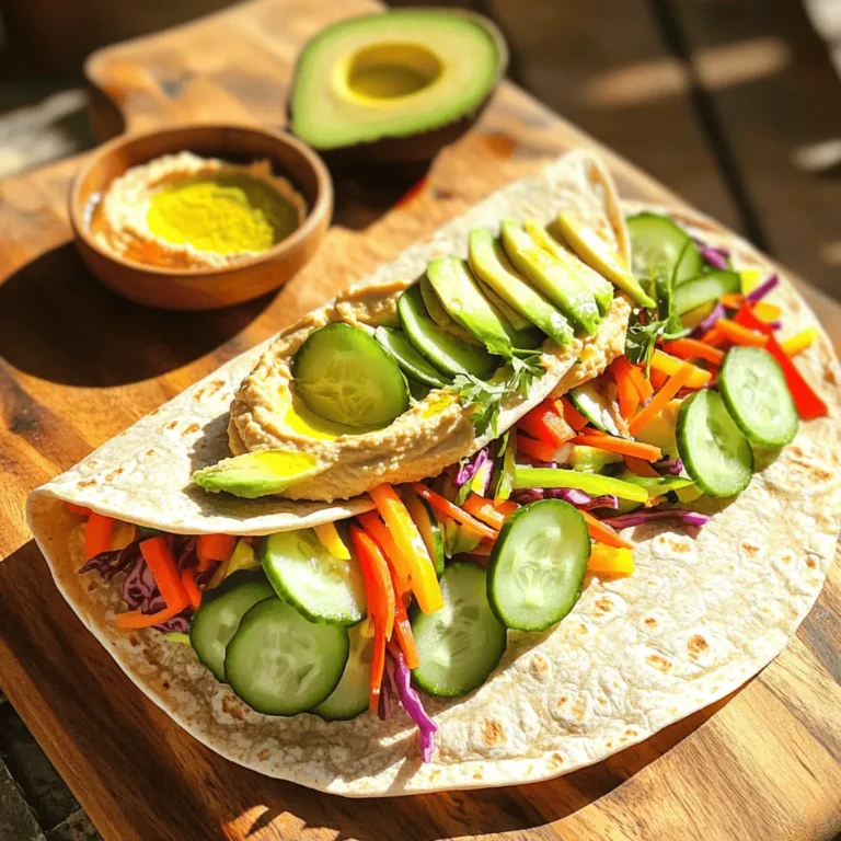 - 1 large whole wheat wrap or tortilla - 1/2 cup hummus (store-bought or homemade) - 1/2 cup cucumber, thinly sliced - 1/2 cup bell pepper, thinly sliced (use a mix of colors for visual appeal) - 1 medium carrot, julienned or grated - 1/4 cup red cabbage, shredded - 1/4 avocado, sliced - 1 tablespoon fresh lemon juice - 1 tablespoon olive oil - Salt and pepper to taste - A handful of fresh spinach or mixed salad greens You can change the wrap's taste and look with fun extras. Try adding olives, sun-dried tomatoes, or even roasted red peppers. Each ingredient adds flavor and color. You can also switch out the hummus for a different spread like tzatziki or guacamole. This wrap is packed with good-for-you nutrients. It has fiber from the whole wheat wrap and veggies. It also has healthy fats from the avocado and olive oil. Each wrap has about: - Calories: 350 - Protein: 10g - Carbohydrates: 40g - Fiber: 12g - Fat: 15g This meal is light, fresh, and full of flavor. It's a great choice for lunch or a snack. Plus, you can feel good knowing you’re eating a healthy meal. Enjoy! Start by washing the vegetables well. Cleanliness is key to a great wrap. Next, slice the cucumber and bell peppers thinly. The colors will make your wrap pop. Then, julienne or grate the carrot. Shred the red cabbage and set everything aside. If you like, you can add some fresh spinach or salad greens for extra crunch. Now, lay the whole wheat wrap or tortilla flat on a clean surface. If the wrap feels stiff, warm it in a dry skillet or microwave for about 10 seconds. This helps it bend better. Take 1/2 cup of hummus and spread it evenly across the wrap, leaving a small border around the edges. This base is creamy and rich. Begin layering your veggies right in the center of the hummus. Start with the cucumber slices, then add the bell peppers, grated carrot, shredded cabbage, and avocado. If you’re using spinach or salad greens, sprinkle them on top. This adds freshness. Drizzle fresh lemon juice and olive oil over the veggies. Sprinkle with salt and pepper to taste for added flavor. To wrap it up, start from one side. Fold in the edges of the wrap to keep the filling inside. Then, roll it tightly from the bottom to the top. Make sure it’s snug to avoid spills. A tight roll makes the wrap easier to eat. For serving, cut the wrap diagonally in half with a sharp knife. This gives it a nice look. Place the wrap on a wooden cutting board or plate. You can add a small bowl of hummus for dipping. A sprinkle of sesame seeds or fresh herbs on the plate adds flair and makes it more appealing. When picking veggies, look for bright colors. Choose firm cucumbers and bell peppers. Check for fresh greens without wilting. Smell the produce; it should be fresh and not sour. Ask your local market for the best options in season. Seasonal produce tastes better and is often cheaper. To boost flavor, add herbs or spices to the hummus. You can mix in garlic powder, cumin, or paprika. A splash of hot sauce adds a nice kick! Consider adding a drizzle of balsamic glaze for sweetness. Mix textures by using crunchy veggies like radishes or jicama. Avoid overstuffing the wrap. Too much filling makes it hard to roll. Don’t skip seasoning; a little salt and pepper make a difference. If your wrap tears, don’t panic! Just use a little extra hummus to seal it back together. Lastly, always wash your veggies to remove dirt and pesticides. {{image_2}} You can mix up your wrap with other veggies. Try using roasted red peppers or zucchini. Spinach adds a nice green touch. You can also add radishes for a crunch. If you like a bit of heat, jalapeños are great too. These swaps keep your wrap interesting and full of flavor. Hummus comes in many flavors. Classic hummus is always a hit. You might enjoy garlic or roasted red pepper hummus. For a twist, try adding jalapeños or sun-dried tomatoes to your base. You can even make a sweet hummus with chocolate or vanilla for a fun dessert wrap. Explore these flavors to find your favorite! To make your wrap more filling, add proteins. Grilled chicken or turkey slices work well. For a veggie option, consider chickpeas or black beans. You can also sprinkle in some feta cheese for a salty kick. These proteins turn your wrap into a satisfying meal, perfect for lunch or dinner. To keep your leftover wraps fresh, wrap them tightly in plastic wrap. This prevents air from drying them out. You can also place them in an airtight container. Store the wraps in the fridge for up to two days. If you see any moisture, use a paper towel to absorb it before sealing. To maintain the freshness of your ingredients, store them separately. Keep sliced veggies in airtight containers in the fridge. For longer-lasting produce, consider using a damp paper towel inside the container. This keeps them crisp. Avocado should be stored cut-side down in lemon juice to prevent browning. If you want to enjoy your wrap warm, reheat it gently. Use a skillet over low heat for about two minutes on each side. This warms it through without making it soggy. You can also microwave it for 10 to 15 seconds. Just make sure to wrap it in a damp paper towel to keep it soft. Yes, you can make this wrap ahead of time. Just wrap it tightly in plastic wrap or foil. Store it in the fridge until you're ready to eat. The flavors will blend well, making it tasty. However, if you add fresh greens, wait until just before eating to add them. This keeps them crisp and fresh. Absolutely! This wrap is great for meal prep. You can make several wraps at once and store them. Keep them in airtight containers in the fridge. This way, you have a quick meal ready for busy days. Just remember to add any fresh ingredients right before eating. If you want something different, try using avocado spread or tzatziki sauce. Both add creaminess and flavor. You can also use bean dips or any other spread you enjoy. Just make sure it complements the veggies you choose. To make a gluten-free wrap, use a gluten-free tortilla or lettuce leaves. Many brands offer gluten-free wraps now. Check labels to be sure. If you're using lettuce, large leaves like romaine work well. They hold the filling nicely and add crunch. In this blog post, we explored the key ingredients for a tasty wrap. You learned how to prepare veggies, make a delicious hummus base, and wrap everything up neatly. I shared handy tips for choosing fresh produce and avoiding common mistakes. Plus, you discovered different variations for flavors and proteins. Finally, we covered how to store leftovers and answered your FAQs. Now you have the tools to create your own wraps. Enjoy getting creative in the kitchen!