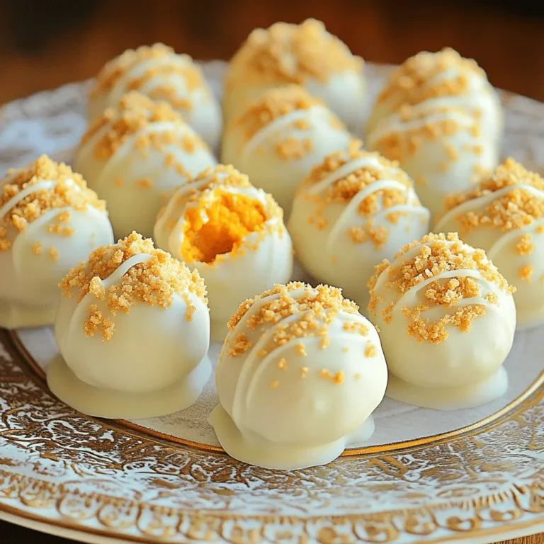 - 1 cup canned pumpkin puree - 1 cup crushed graham crackers - 1 cup powdered sugar - 1 teaspoon pumpkin pie spice - 1/2 teaspoon vanilla extract - 1 cup white chocolate chips - 1 tablespoon coconut oil - Extra graham cracker crumbs for rolling To make no-bake white chocolate pumpkin pie truffles, gather your ingredients. You will need canned pumpkin puree for that rich, smooth base. Next, crushed graham crackers add a nice crunch and flavor. Powdered sugar sweetens the mixture and helps bind it together. Don’t forget the pumpkin pie spice! It brings warmth to the truffles. A touch of vanilla extract enhances the sweet notes. For the coating, you will use white chocolate chips and a bit of coconut oil to make it creamy and shiny. Finally, have extra graham cracker crumbs ready. You will roll the truffles in these for a fun texture. Each ingredient plays a key role in making these truffles delicious. Enjoy the process of mixing and rolling these delightful treats! In a big bowl, combine these five items: - 1 cup canned pumpkin puree - 1 cup crushed graham crackers - 1 cup powdered sugar - 1 teaspoon pumpkin pie spice - 1/2 teaspoon vanilla extract Use a spatula or your hands to mix well. The dough should be thick and sticky. It should feel easy to shape into balls. If it seems too wet, add more graham cracker crumbs. Now, scoop the mixture into small balls. Each ball should be about 1 tablespoon in size. Roll them gently in your hands until they are smooth. Place the balls on a parchment-lined baking sheet. Make sure they are spaced apart so they do not stick together. Next, chill the truffles in the fridge for about 30 minutes. This will help them firm up. While they chill, melt the white chocolate. In a microwave-safe bowl, add: - 1 cup white chocolate chips - 1 tablespoon coconut oil Heat in the microwave in 30-second bursts. Stir between each burst until smooth. Once the truffles are firm, dip each one into the melted chocolate. Use a fork to help coat them evenly. After dipping, roll the truffles in extra graham cracker crumbs. Place them back on the parchment paper. Return them to the fridge for another 30 minutes to set the chocolate. To get the perfect truffle, focus on the dough. It should be thick and easy to shape. If your dough feels too sticky, add a bit more crushed graham crackers. If it's too dry, a splash of pumpkin puree can help. When rolling the truffles, use your palms to create smooth balls. This keeps them looking nice and helps them hold together. Melting white chocolate can be tricky. Heat it slowly in the microwave. Use a microwave-safe bowl and add coconut oil to help it melt evenly. Heat in 30-second bursts, stirring in between each time. This prevents clumps and stops the chocolate from burning. Smooth melted chocolate makes a big difference in how your truffles look. Presentation can make your truffles shine. Place them on a decorative plate for a festive look. Sprinkle some extra graham cracker crumbs around the truffles for color and texture. For added flair, drizzle leftover melted white chocolate on top. This makes each truffle look special and inviting. {{image_2}} You can change the flavor of your truffles easily. Add spices like cinnamon or nutmeg for warmth. A splash of almond or orange extract offers a twist. Mixing in finely chopped nuts or dried fruit can enhance both texture and taste. If you prefer dairy-free, swap white chocolate chips for dairy-free ones. You can use coconut cream instead of heavy cream. For coatings, use crushed nuts or even shredded coconut. These changes keep the truffles tasty and fun. Make your truffles festive for different holidays. For Halloween, add a touch of orange food coloring to the white chocolate. During Christmas, sprinkle crushed peppermint on top. In the spring, swap pumpkin for crushed strawberries for a fresh taste. Each season brings new flavors to enjoy. To keep your no-bake white chocolate pumpkin pie truffles fresh, store them in an airtight container. Glass or plastic containers work well. Line the bottom with parchment paper to prevent sticking. Make sure to keep them in a cool area or in the fridge. Avoid placing them near strong-smelling foods. This helps preserve their lovely pumpkin flavor. These truffles last about one week in the fridge. If you freeze them, they can stay good for about three months. Just make sure they are tightly sealed. This keeps the truffles safe from freezer burn and preserves their taste. Freezing these truffles is easy. Follow these steps: 1. Prepare for Freezing: After the truffles have set, place them on a baking sheet lined with parchment paper. 2. Pre-Freeze: Put the baking sheet in the freezer for about one hour. This helps them firm up. 3. Store in a Container: Once firm, transfer the truffles to a freezer-safe container or a zip-top bag. 4. Label and Date: Write the date on the container or bag. This helps you track how long they have been frozen. 5. Thawing: When you want to enjoy them, take out the truffles and leave them in the fridge for a few hours to thaw. Enjoy your tasty treat! Yes, you can use fresh pumpkin. However, there are some pros and cons. Fresh pumpkin has a great taste. It can be more nutritious than canned. But, it requires more work. You need to cook and puree it first. Canned pumpkin is easy and quick. It has a consistent flavor and texture. If you choose fresh, ensure it is well-cooked and smooth. You’ll know the truffles are set when they feel firm to the touch. They should not be squishy. If you press gently, they should hold their shape. After chilling, check for a slight resistance. The white chocolate coating should also feel solid. This means they are ready to enjoy! Yes, you can make these truffles in advance. They are great for planning ahead! Prepare and roll the truffles, then chill them. You can store them in an airtight container. Keep them in the fridge for up to a week. You can also freeze them for longer storage. Just thaw them in the fridge before serving. These pumpkin truffles are easy to make and fun to share. We covered the key ingredients, simple steps, and helpful tips. You can customize flavors and ensure your truffles look great. Store them properly for long-lasting treats. Remember, using fresh pumpkin is fine, but canned is easier. With these tricks, you’re set to impress at any gathering. Enjoy making and tasting these delightful bites!