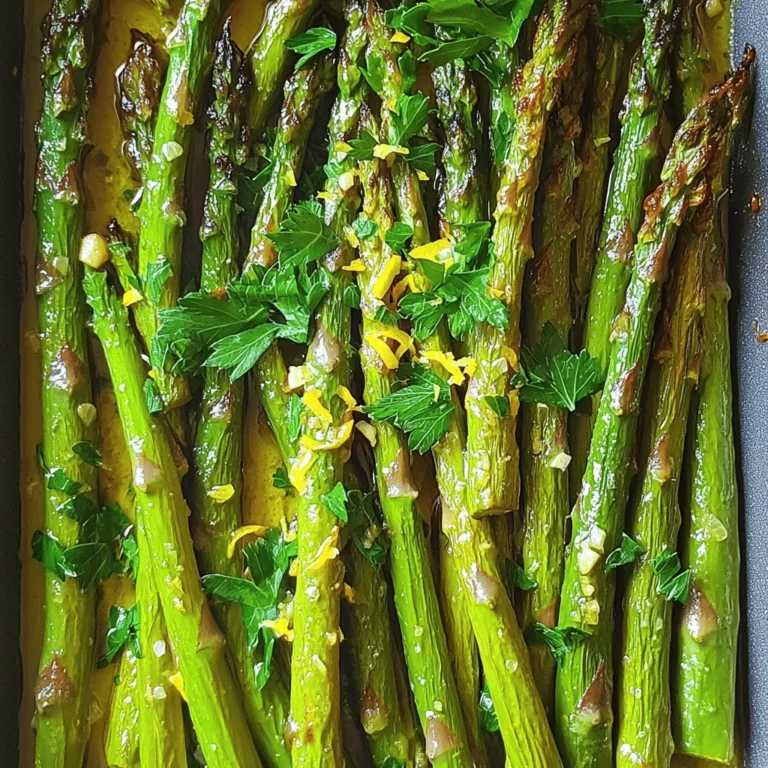 Here is what you need to make Lemon Garlic Roasted Asparagus. Gather these fresh items: - 1 pound fresh asparagus, trimmed - 4 cloves garlic, minced - 3 tablespoons olive oil - Zest and juice of 1 lemon - 1 teaspoon salt - ½ teaspoon black pepper - ¼ teaspoon red pepper flakes (optional) - Fresh parsley for garnish Each ingredient plays a key role. The fresh asparagus brings a bright green color and a crisp texture. Garlic adds a lovely aroma and flavor. Olive oil helps everything roast nicely and adds richness. The lemon zest and juice brighten the dish and give it a zesty kick. Salt and pepper enhance all the flavors, while red pepper flakes can add a spicy touch if you like. Finally, fresh parsley adds a pop of color and freshness at the end. Make sure to use fresh ingredients for the best taste. This dish is simple yet packed with flavor. Enjoy preparing these ingredients as you get ready to roast! To trim asparagus, hold each stalk at both ends. Bend the stalk until it snaps. This spot is where it becomes tough. Discard the tough end. Rinse the asparagus under cool water to remove dirt. Sizing matters. Cut all stalks to a similar length, about 6 inches. This helps them cook evenly. In a large bowl, pour in three tablespoons of olive oil. Add four minced garlic cloves and the zest of one lemon. Squeeze in two tablespoons of fresh lemon juice. Sprinkle in one teaspoon of salt and half a teaspoon of black pepper. If you like heat, add a quarter teaspoon of red pepper flakes. Mix well until everything combines. First, preheat your oven to 425°F (220°C). Next, place the asparagus in the bowl with the mixture. Toss until each piece is coated well. Spread the asparagus on a baking sheet lined with parchment paper. Roast in the oven for 15 to 20 minutes. Stir them halfway through for even cooking. Look for tender, slightly caramelized asparagus for the best texture. When you shop for asparagus, look for bright green stalks. They should feel firm and not limp. The tips should be closed and tight, not wilted or mushy. If you see any signs of browning, skip that bunch. The best time to buy asparagus is in spring. This is when it’s in season and tastes the sweetest. To amp up the taste of lemon garlic roasted asparagus, try adding herbs like thyme or dill. A sprinkle of smoked paprika can add a nice kick too. Balancing the acidity of the lemon with salt is key. If your dish tastes too sour, a pinch of sugar can help round it out. Lemon garlic roasted asparagus pairs well with grilled chicken or fish. It’s also great next to a hearty steak. For a fun twist, serve it on a bed of quinoa or rice. To make it look fancy, arrange the asparagus on a plate in a neat row. A squeeze of fresh lemon juice on top adds a lovely touch. {{image_2}} To make this dish vegan, simply skip any dairy. You can still enjoy the great taste. Use olive oil and lemon juice to keep the flavors bright. The garlic adds a nice kick, too. You won’t miss the cheese. If you want, add some nuts for crunch. You can roast other veggies with the asparagus. Carrots, bell peppers, or cherry tomatoes work great. They all cook well at the same time. Cut them into similar sizes to ensure even cooking. Mixing colors makes your dish look more fun, too! Switching up flavors can keep things exciting. Try balsamic vinegar for a sweet twist. You can add grated Parmesan cheese for a creamy touch. Or sprinkle some herbs like thyme or rosemary for extra depth. Each option brings a unique profile to your roasted asparagus. After enjoying your lemon garlic roasted asparagus, you might have some left. To keep it fresh, quickly place it in the fridge. Store it in an airtight container. This helps to lock in the flavor and moisture. You can also use a resealable bag. Press out excess air to avoid sogginess. Leftovers should be eaten within three days for the best taste. Reheating your asparagus can be simple. You want to keep it crisp and tasty. The best method is to use the oven. Preheat it to 350°F (175°C). Spread the asparagus on a baking sheet. Heat for about 10 minutes. This keeps the texture nice. You can also use a skillet. Heat on medium for a few minutes. Add a splash of olive oil to bring back the flavor. Enjoy it hot, just like when it was fresh! To achieve crispness, follow these tips: - Use fresh asparagus. Fresh stalks hold more water and roast better. - Don’t overcrowd the pan. Give each piece space to cook evenly. - Preheat your oven. A hot oven helps to crisp the asparagus fast. - Roast at high heat. Setting your oven to 425°F (220°C) works best. - Stir halfway through. This ensures all sides get equal cooking time. For extra crunch, you can try adding a sprinkle of breadcrumbs or Parmesan before roasting. Yes, you can use frozen asparagus, but it will change the result. Frozen veggies lose some crispness due to freezing. Here’s what to keep in mind: - Shorten cooking time. Frozen asparagus may need less time in the oven. - Defrost first. Thaw it in the fridge overnight or quickly in the microwave. - Expect softer texture. Frozen asparagus often cooks up softer than fresh. Using fresh asparagus gives the best flavor and texture for this dish. Lemon Garlic Roasted Asparagus pairs well with many meals. Here are some ideas: - Grilled chicken. The lemon flavor complements the meat well. - Salmon fillets. The citrus balances the richness of the fish. - Pasta dishes. Toss it with pasta for a fresh, bright addition. - Quinoa salad. Mix it in for extra flavor and color. These pairings enhance your meal and make it feel special. Lemon garlic roasted asparagus is fresh and delicious! We covered key ingredients, cooking tips, and how to store your leftovers. You can make this dish your own by adding spices or other veggies. Remember to pick the freshest asparagus for the best taste. With these easy steps, you can serve a tasty side that everyone will love. Enjoy making this dish, and feel free to try new ideas along the way!