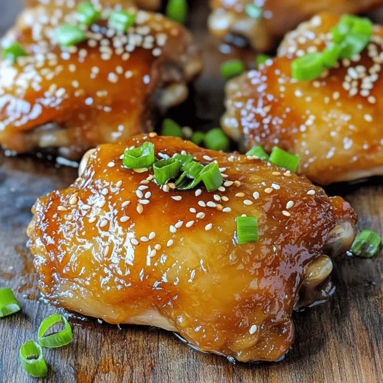 - 4 bone-in, skin-on chicken thighs - 1/3 cup honey - 4 cloves garlic, minced - 1 tablespoon soy sauce - 2 tablespoons apple cider vinegar - 1 teaspoon ground ginger - 1 tablespoon olive oil - Salt and pepper to taste - 2 green onions, chopped (for garnish) - Sesame seeds (for garnish) To make honey garlic chicken thighs, you need fresh ingredients. Start with bone-in, skin-on chicken thighs. They remain juicy and flavorful while cooking. For sweetness, use honey. Fresh garlic gives a great taste. Soy sauce adds depth, while apple cider vinegar adds a slight tang. Ground ginger adds warmth. Olive oil helps with searing. Don’t forget salt and pepper for taste. Finally, green onions and sesame seeds make perfect garnishes. This dish is simple yet packed with flavor. The blend of sweet and savory really shines. Each ingredient plays a role in creating a delicious meal. You can easily find these ingredients at your local grocery store. Take your time to gather everything before you start cooking. It makes the process smoother and more enjoyable. First, gather your ingredients for the marinade. In a bowl, whisk together: - 1/3 cup honey - 4 cloves garlic, minced - 1 tablespoon soy sauce - 2 tablespoons apple cider vinegar - 1 teaspoon ground ginger - Salt and pepper to taste Mix until smooth. This step is key for great flavor. Let the marinade sit for a few minutes. It will help the tastes blend together. For the best flavor, marinate the chicken for at least 30 minutes. You can marinate for up to 4 hours. Longer marinating makes the chicken even tastier. Now, it’s time to marinate the chicken thighs. Place the chicken in a large resealable bag or a shallow dish. Pour the marinade over the chicken. Make sure each piece is well coated. Seal the bag or cover the dish. While your chicken marinates, preheat your oven to 400°F (200°C). This step is important to cook the chicken evenly. For cooking, start by searing the chicken. Heat 1 tablespoon of olive oil in a large oven-safe skillet over medium-high heat. Remove the chicken from the marinade, but save the marinade for later. Sear the chicken thighs skin-side down for about 5-7 minutes. Look for a golden brown color on the skin. Next, flip the chicken over. Pour the reserved marinade over the thighs. Transfer your skillet to the preheated oven. Bake for 25-30 minutes. Check that the internal temperature reaches 165°F (75°C). For the final touch, switch to broil mode during the last 5 minutes of baking. This caramelizes the glaze. Keep a close eye on the chicken to avoid burning. Once done, let the chicken rest for a couple of minutes. Garnish with chopped green onions and sesame seeds. Enjoy this easy and flavorful dish! - Achieving perfect caramelization: Start by searing the chicken thighs skin-side down in a hot skillet with olive oil. This helps to render the fat and create a nice, crispy skin. Make sure the pan is hot enough before adding the chicken. The skin should sizzle when it hits the pan. - How to avoid drying out the chicken: Keep an eye on the internal temperature. Chicken thighs are best when they reach 165°F (75°C). Use a meat thermometer to check. Also, don’t skip the marinating step. The honey and vinegar help keep the chicken moist and flavorful. - Adding spice or heat: If you want a kick, try adding red pepper flakes or sriracha to the marinade. This will give your dish a nice heat without overpowering the sweet honey flavor. - Using fresh herbs: Fresh herbs like cilantro or parsley can brighten up the dish. Add them to the marinade or sprinkle on top before serving for a fresh taste. - Best sides to pair with honey garlic chicken thighs: Serve these chicken thighs with jasmine rice or steamed vegetables. Both options soak up the delicious sauce well. A simple green salad with a light vinaigrette also complements the sweetness of the chicken. Consider roasted broccoli or carrots for a healthy, colorful plate. {{image_2}} Substitutes for honey: If you need a honey substitute, try maple syrup or agave nectar. These options give a sweet flavor. You can also use brown sugar mixed with a bit of water for a similar taste. Different types of chicken cuts: While I love chicken thighs, you can use chicken breasts too. They will cook faster and stay tender if you marinate them well. Drumsticks or wings work great too, just adjust the cooking time. Grilling vs baking: Grilling adds a nice smoky flavor. To grill, marinate the chicken as usual, then cook on medium heat. Keep an eye on it, so it doesn't dry out. Baking is easy and gives crispy skin without much fuss. Slow cooker adaptation: You can use a slow cooker for this dish. Just place the marinated chicken in the slow cooker and cook on low for 6-7 hours. This will yield tender, juicy chicken that falls off the bone. Making it gluten-free: To make this dish gluten-free, replace soy sauce with tamari or a gluten-free soy sauce. Always check the labels for hidden gluten. Low-sugar option: If you're watching your sugar, use a sugar-free honey substitute. You can also reduce the amount of honey in the marinade. This will still give you a nice flavor without the extra sugar. Store your honey garlic chicken thighs in an airtight container. This keeps the chicken fresh. Place it in the fridge within two hours of cooking. The chicken stays good for about 3 to 4 days. Make sure to reheat thoroughly before eating. To freeze the chicken, wrap each piece well in plastic wrap. Place the wrapped chicken in a freezer bag. Remove as much air as possible to avoid freezer burn. It can last for up to 3 months in the freezer. When you're ready to eat, thaw the chicken in the fridge overnight. Reheat it in the oven or on the stove until it reaches 165°F (75°C). This ensures it is safe to eat and tastes great. How do I know when chicken thighs are cooked? You can check if chicken thighs are cooked by using a meat thermometer. The internal temperature should reach 165°F (75°C). The juices should run clear, not pink. If you cut into the chicken, it should look opaque and white inside. Can I use boneless chicken thighs? Yes, you can use boneless chicken thighs. They will cook faster, so reduce the baking time by about 5 to 10 minutes. Make sure to check the internal temperature for doneness. What can I serve with honey garlic chicken thighs? This dish pairs well with many sides. You can serve it with rice, steamed veggies, or a fresh salad. Mashed potatoes or quinoa also complement the flavors nicely. Caloric content per serving Each serving of honey garlic chicken thighs has about 350 calories. This can vary based on the cooking method and sides served. Macros breakdown - Protein: 28g - Carbohydrates: 30g - Fats: 15g Can I make this recipe ahead of time? Absolutely! You can marinate the chicken thighs a day ahead. This allows the flavors to deepen and makes cooking easier. Tips for meal prepping with this recipe For meal prep, cook a batch of honey garlic chicken thighs and divide them into containers. You can pair them with different sides for variety throughout the week. Store in the fridge for up to four days. This blog post covers how to make delicious honey garlic chicken thighs. We explored the key ingredients and showed the step-by-step cooking process. I shared helpful tips for the best taste and texture. You learned about variations and dietary adjustments to fit your needs. Finally, I provided practical storage tips and answered common questions. Now, you can confidently whip up this dish and impress anyone at your table. Enjoy cooking and experimenting with flavors as you create your perfect meal!
