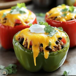 - 4 large bell peppers (any color) - 1 pound ground turkey or beef - 1 cup cooked rice (white or brown) - 1 can (15 oz) black beans, rinsed and drained - 1 can (10 oz) diced tomatoes with green chilies - 1 tablespoon taco seasoning - 1 cup shredded cheddar cheese - Salt and pepper to taste - Fresh cilantro, chopped (for garnish) - Sour cream (for serving) For cheesy taco stuffed peppers, gather your ingredients first. Use any color bell peppers; they all taste great. Ground turkey or beef works well, so choose what you like. Cooked rice adds texture and helps fill the peppers. Black beans bring protein and fiber, while diced tomatoes with green chilies add flavor and a little spice. Don't forget the taco seasoning to tie it all together! Shredded cheddar cheese is a must for that melty goodness. Season with salt and pepper to make everything pop. Fresh cilantro adds a nice touch, and sour cream makes a creamy dip on top. This mix of flavors makes each bite a tasty treat. Enjoy preparing your ingredients; they are key to a delicious dinner! - Preheat your oven to 375°F (190°C). - Prepare the bell peppers by slicing the tops off and removing seeds. To start, you need to preheat your oven. This step ensures that your cheesy taco stuffed peppers cook evenly. I love using vibrant bell peppers for this dish. Simply slice off the tops and take out the seeds. Place them upright in a baking dish. This gives each pepper a chance to hold all the yummy filling. - Cook ground turkey or beef in a skillet. - Incorporate cooked rice, black beans, and diced tomatoes into the meat. Next, grab a large skillet and heat it over medium heat. Add your ground turkey or beef and cook it until it turns brown. This usually takes about 5 to 7 minutes. Stir often and use a spatula to break it into smaller pieces. Season it with salt, pepper, and taco seasoning for great flavor. Now it’s time to mix in the other ingredients. Add in your cooked rice, black beans, and diced tomatoes. Stir them well and cook for another 2 to 3 minutes. This step blends all the flavors together and heats everything up. - Mix in cheddar cheese and stuff the bell peppers. - Bake the stuffed peppers and achieve desired tenderness. After cooking, take the skillet off the heat. Stir in half of the shredded cheddar cheese. This will melt into the mixture, making it extra cheesy! Then, carefully spoon this cheesy taco mix into each bell pepper. Fill them up to the top and pack it in well. Top each pepper with the rest of the cheddar cheese for that delicious, bubbly finish. Cover the baking dish with aluminum foil. Bake in the preheated oven for 25 minutes. After that, remove the foil and bake for another 10 to 15 minutes. You’ll know they are done when the cheese is bubbly and the peppers are tender. Enjoy the warm, cheesy goodness! For the best ground meat, use a high heat. This browns the meat well. Break the meat apart with a spatula. Cook until it has no pink left. This keeps it safe and tasty. Choose lean meat for less grease. Cook peppers to a bright color. This shows they are tender. To melt cheese perfectly, add it at the end. Mix half into the meat blend first. This helps it melt into the filling. For the top, sprinkle the rest on before baking. Use sharp cheddar for a nice kick. You can also try Monterey Jack or pepper jack. Both melt well and add flavor. Think beyond cilantro and sour cream! Try diced avocado for creaminess. A sprinkle of green onions adds freshness. You can also use sliced jalapeños for heat. Serve the peppers with lime wedges. The juice brightens each bite. Pair them with a side salad for a full meal. {{image_2}} You can switch up the ground meat. Try ground chicken or turkey for a lighter dish. You can also use plant-based meat for a vegan option. For cheese, mix it up! Use pepper jack for spice or Monterey Jack for a mild taste. Each choice adds a unique twist to your cheesy taco stuffed peppers. Want to make it vegan? Use plant-based meat and skip the cheese. You can replace cheese with a vegan cheese alternative. For gluten-free options, ensure your taco seasoning is gluten-free. If you follow a low-carb diet, you can skip the rice or use cauliflower rice instead. These swaps help meet various dietary needs. To spice things up, add jalapeños or your favorite hot sauce. This adds heat and flavor. You can also toss in more vegetables like corn or zucchini. Adding veggies boosts nutrition and flavor. These enhancements make your cheesy taco stuffed peppers even more delicious! To keep your cheesy taco stuffed peppers fresh, first, let them cool. Place the leftovers in an airtight container. This helps keep moisture in and prevents odors from other foods. Store them in the fridge for up to three days. If you want to keep them longer, consider freezing. Always label your containers with the date for easy tracking. When you're ready to eat your leftovers, you have safe methods to reheat them. The best way is to use the oven. Preheat your oven to 350°F (175°C). Place the stuffed peppers in a baking dish and cover them with foil. Heat for about 20 minutes, or until they are warm throughout. You can also use a microwave. Place the peppers on a microwave-safe plate and heat for 2-3 minutes. Check if they are hot in the center. Yes, you can freeze cheesy taco stuffed peppers! To do this, follow these steps: - Cool the peppers completely. - Wrap each pepper tightly in plastic wrap. - Place wrapped peppers in a freezer-safe bag or container. This will keep them fresh for up to three months. When you're ready to eat, remove them from the freezer and thaw in the fridge overnight. Reheat as mentioned above, and enjoy! If you want a meatless option, try these: - Crumbled tofu - Lentils - Chickpeas - Quinoa - Plant-based crumbles These options add great flavor and protein. They also help make the dish lighter and healthier. Each choice brings its own taste and texture, so feel free to mix and match. You can tell the peppers are done by looking for these signs: - The peppers will be soft. - The cheese should be bubbly and golden. - A fork should easily pierce the pepper skin. Once you see these signs, your meal is ready to enjoy! Yes, you can! Here are some tips: - Prepare the filling and stuff the peppers the night before. - Keep them in the fridge until you are ready to bake. - You can also bake them in advance and reheat later. This makes dinner easy on busy nights! These sides pair well with your cheesy taco stuffed peppers: - A fresh green salad - Corn on the cob - Mexican rice - Guacamole and chips - Black bean soup These sides add color and flavor to your meal. They also help balance the rich cheese in the peppers! In summary, this blog covered everything you need to know about making cheesy taco stuffed peppers. We explored essential ingredients and detailed steps for cooking and baking. I shared helpful tips for making your dish even better and suggested tasty variations. Remember, you can customize your stuffed peppers to fit your needs and preferences. Enjoy experimenting with different flavors and ingredients to create your perfect meal!