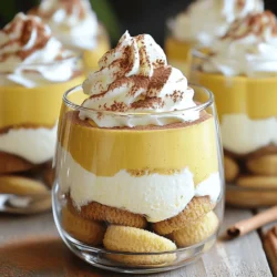 - 1 cup strong brewed coffee, cooled - 2 tablespoons pumpkin spice syrup (store-bought or homemade) - 1 cup mascarpone cheese - 1 cup heavy whipping cream - 1/2 cup powdered sugar - 1 teaspoon vanilla extract - 1 cup ladyfinger cookies - 1/2 cup canned pumpkin puree - 1 teaspoon pumpkin pie spice - Cocoa powder for dusting - Whipped cream for topping - Ground cinnamon for garnish When measuring ingredients, precision ensures a balanced taste. Use a dry measuring cup for solids and a liquid measuring cup for liquids. For the whipping cream, chill your bowl and beaters before use. This helps achieve the best texture. Be gentle when folding the whipped cream into the mascarpone. You want to keep it light and airy. You can switch out some ingredients if you need to. If you can't find mascarpone cheese, cream cheese works well. For a lighter version, use Greek yogurt instead of mascarpone. If you want to make it dairy-free, try coconut cream as a substitute for heavy cream. For a gluten-free option, use gluten-free ladyfingers or sponge cake. If you don’t have pumpkin spice syrup, a mix of sugar, cinnamon, nutmeg, and ginger can give you a similar flavor. Start by brewing one cup of strong coffee. Let it cool down. In a shallow bowl, mix the cooled coffee with two tablespoons of pumpkin spice syrup. This step gives your tiramisu a nice coffee flavor with a hint of pumpkin. Set this mixture aside for later use. In a mixing bowl, take one cup of mascarpone cheese. Add in half a cup of canned pumpkin puree, one teaspoon of vanilla extract, and one teaspoon of pumpkin pie spice. Whisk these ingredients together until they form a smooth mixture. In another bowl, whip one cup of heavy cream with half a cup of powdered sugar. Whip it until you see soft peaks form. Now, gently fold this whipped cream into the mascarpone mixture. This step makes the filling light and fluffy. Now it’s time to assemble. Quickly dip each ladyfinger cookie into the coffee mixture. Make sure they soak but don’t get too soggy. Place a layer of the soaked ladyfingers at the bottom of your serving cups. Spread a layer of the pumpkin mascarpone filling over the ladyfingers. Smooth it out with a spatula. Repeat this layering process until your cups are full. End with a layer of the mascarpone mixture on top. Cover the cups with plastic wrap. Place them in the fridge for at least four hours, or overnight if you can wait. This chilling time helps the flavors blend. When you are ready to serve, dust the tops with cocoa powder. Add a dollop of whipped cream and finish with a sprinkle of ground cinnamon. Enjoy your delicious Pumpkin Spice Latte Tiramisu Cups! To make the best whipped cream, start with cold tools. Chill your mixing bowl and beaters. Use heavy whipping cream for the best results. Whip the cream until soft peaks form. This means it holds shape but is still smooth. Add powdered sugar for sweetness. Always fold the whipped cream into the mascarpone gently. This keeps it light and fluffy. Layering is key to a great tiramisu cup. Start with soaked ladyfingers at the bottom. Dip them quickly in the coffee mix. Don’t let them soak too long; they should be moist, not soggy. After the ladyfingers, add a thick layer of pumpkin mascarpone. Spread it evenly for a nice look. Repeat these layers, finishing with the mascarpone. This way, each bite has the right balance of flavors. You can enhance flavors easily. Add a dash more pumpkin pie spice for extra warmth. A splash of vanilla extract in the mascarpone adds depth. Want a coffee kick? Use espresso instead of brewed coffee. For a twist, try adding chocolate shavings or caramel drizzle. Each of these changes makes the dessert more special and personal. {{image_2}} You can switch up the flavors of tiramisu easily. Instead of pumpkin spice, try chocolate or coffee. For a fruity twist, use fresh berries or mango puree. Each flavor adds its own special touch. The key is to keep the layers light and creamy. If you want a vegan version, swap mascarpone with coconut cream. Use almond or oat milk for the coffee. For sweetness, try maple syrup instead of powdered sugar. This way, you still get a rich taste without dairy. Vegan ladyfinger cookies are also available, making it easy to enjoy this dessert. To make this dessert gluten-free, choose gluten-free ladyfingers. Many stores sell them, or you can make your own. Ensure your pumpkin spice syrup is gluten-free, too. With these simple swaps, you can enjoy tiramisu without worry. Everyone deserves a delicious treat! To keep your Pumpkin Spice Latte Tiramisu Cups fresh, cover them tightly with plastic wrap. Store them in the fridge for up to three days. The flavors will meld even more, making them taste great. Just remember, the ladyfingers may get softer over time. You can freeze these delightful cups for a later treat. First, make sure they are in airtight containers. They can last up to two months in the freezer. When you're ready to enjoy them, thaw them in the fridge overnight. This keeps them creamy and delicious. Reheating tiramisu is not recommended. Tiramisu is best served chilled and fresh. If you've frozen them, let them thaw in the fridge for a gentle return to their creamy texture. Enjoy them cold for the best taste! Yes, you can make this dessert ahead of time. In fact, it tastes better when chilled overnight. This gives the flavors time to mix. Just cover the cups tightly with plastic wrap. Store them in the fridge until you are ready to serve. If you can’t find ladyfingers, don't worry! You can use sponge cake or even pound cake. Cut them into small pieces. Just ensure they soak well in the coffee mixture. This keeps the dessert moist and tasty. Your tiramisu will last about 3 to 4 days in the fridge. Keep it covered to maintain freshness. After this time, the texture may change. So, it is best to eat it within the first few days for the best taste. Yes, you can use instant coffee. Just mix the instant coffee with hot water to create a strong brew. Make sure to let it cool before dipping the ladyfingers. This will still give you that rich coffee flavor in your tiramisu. This blog post covered the key elements to make delicious Pumpkin Spice Latte Tiramisu. We explored the essential ingredients, how to prepare each layer, and useful tips for a perfect finish. You can customize flavors and adapt recipes for dietary needs, ensuring everyone can enjoy this treat. Remember to store leftovers properly to keep them fresh. With these steps, you can create a delightful dessert that will impress your friends and family. Enjoy the journey of making this classic dish with your unique twist!