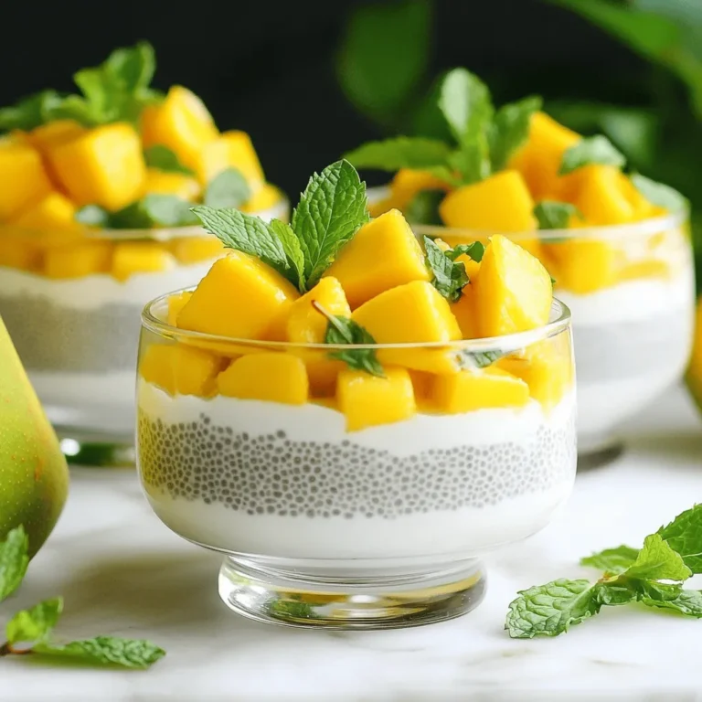 To make Mango Coconut Chia Pudding, you need some simple and fresh ingredients. Each one adds great taste and nutrition. Here’s what you need: - 1 cup coconut milk (canned or carton) - 2 tablespoons chia seeds - 2 tablespoons honey or maple syrup (adjust to taste) - 1 ripe mango, diced - 1/4 teaspoon vanilla extract - Pinch of salt - Fresh mint leaves for garnish Coconut milk gives a creamy and rich flavor. Chia seeds are tiny but mighty. They soak up liquid and expand, creating a nice pudding texture. You can use honey or maple syrup to sweeten your pudding. The ripe mango brings a juicy and tropical twist. A touch of vanilla extract adds warmth. Don't forget the salt; it brings out all the flavors. Finally, fresh mint leaves look great and add a hint of freshness. Gather these ingredients, and you are ready to create a delicious and nutritious treat! Start by gathering your ingredients. In a mixing bowl, combine 1 cup of coconut milk and 2 tablespoons of chia seeds. Whisk these together well. This step is key. The coconut milk gives a creamy base, while chia seeds add nutrition and texture. Next, add 2 tablespoons of honey or maple syrup. You can adjust this to fit your taste. Then, pour in 1/4 teaspoon of vanilla extract and a pinch of salt. This mix brings out the natural sweetness. After mixing, let the bowl sit for about 5 minutes. This resting time is important. It allows the chia seeds to absorb the liquid and swell. Whisk the mixture again to break up any clumps. Now, cover the bowl and place it in the fridge. Chill it for at least 2 hours or overnight. The longer it sits, the thicker your pudding will be. Once your pudding is ready, take it out of the fridge. Give it a good stir; this helps mix everything evenly. If it seems too thick, add a splash of coconut milk to reach your desired texture. Now, it’s time to serve! Divide the chia pudding into bowls or cups. Top it generously with diced mango. Finish with fresh mint leaves for a pop of color and flavor. Enjoy your simple and nutritious treat! Whisking helps keep chia seeds from clumping. Start by mixing well. After five minutes, whisk again. This timing keeps the seeds evenly spread in your pudding. If you skip this step, you may end up with a lumpy texture. Coconut milk affects how thick your pudding is. If your pudding is too thick, add more coconut milk. Stir well to combine. You can serve it in bowls or cups. Top with diced mango for a lovely finish. Fresh mint can also add color and flavor. When selecting mango, pick a ripe one. A ripe mango should be soft to the touch and fragrant. You can use canned or carton coconut milk. Both options work well. Make sure to choose a high-quality brand for the best taste. {{image_2}} You can change the flavor of your mango coconut chia pudding easily. Adding spices like cinnamon or nutmeg gives it a warm twist. Just a pinch can make a big difference! You can also mix in other fruits. Try berries, bananas, or kiwi for a fun new taste. If you want to change the sweetness, you have options. Stevia, agave, or even regular sugar work well. Each option gives a different flavor. Adjust the amount to find what you like. Taste as you go to get it just right. This recipe fits many diets. It is naturally vegan since it uses coconut milk and plant-based sweeteners. For those who avoid gluten, this pudding is safe. Just check your ingredients. This makes it a great treat for everyone! Chia pudding stays fresh in the fridge for about 3 to 5 days. Store it in a sealed container to keep it safe from other smells. Glass jars or plastic containers work well. They are easy to use and help keep your pudding fresh. Yes, you can freeze chia pudding! It stays good in the freezer for about 1 month. To thaw, place it in the fridge overnight. You can also run warm water over the container if you're in a hurry. Just mix it well after thawing for a smooth texture. If you have extra pudding, you can get creative. Try using it as a topping for pancakes or waffles. You can also blend it into smoothies for added creaminess. Another fun idea is to layer it with yogurt and berries for a tasty parfait. Chia pudding can last up to five days in the fridge. Store it in a sealed container. I recommend eating it within three days for the best taste. The pudding stays fresh if you keep it cold. Check for any off smells or changes in color before eating. Yes, you can use other types of milk. Almond milk, soy milk, or oat milk work well. Each milk adds a unique flavor. If you want a creamier texture, try using full-fat almond or coconut milk. Adjust the sweetness if your milk is flavored. This recipe is great for meal prep. Make a large batch and store it in jars. It’s easy to grab a jar for breakfast or a snack. Prepare it up to three days ahead. Just add fresh fruit on top before serving for the best taste. Chia pudding is simple and fun to make. We covered the key ingredients like coconut milk, chia seeds, and ripe mango. I walked you through mixing, chilling, and serving your pudding. With tips on consistency and ingredient choices, you can easily customize your dish. Plus, I shared storage ideas so you can enjoy it later. Embrace your creativity by exploring variations and sweeteners. Now you can make delicious chia pudding that suits your taste. Enjoy every spoonful!