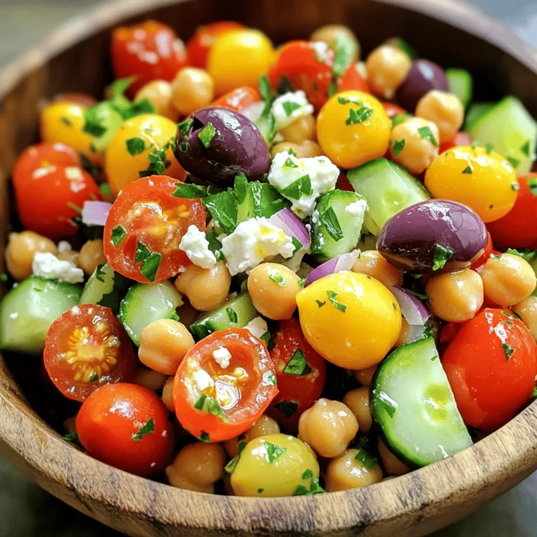 - Chickpeas preparation - 1 can (15 oz) chickpeas, rinsed and drained - Fresh produce and herbs - 1 cup cherry tomatoes, halved - 1 cucumber, diced - 1/2 red onion, finely chopped - 1/4 cup fresh parsley, chopped - Feta cheese and olives - 1/2 cup Kalamata olives, pitted and halved - 1/2 cup feta cheese, crumbled This salad starts with chickpeas. You can use canned chickpeas for ease. Rinse them well to remove any salty liquid. Next, we add fresh produce. I love the bright flavor of cherry tomatoes. Halve them for bite-sized pieces. Dice the cucumber for a crunchy texture. The red onion adds a nice sharpness. Chop fresh parsley for a burst of green. Now, let’s add the feta cheese and olives. The feta brings a creamy taste. Crumble it over the salad for even flavor. Kalamata olives give a rich, briny touch. Halve them to spread the flavor well. Together, these ingredients create a colorful and tasty dish. Each bite brings joy and health. The mix of textures and tastes makes it special. This Mediterranean chickpea salad is perfect for any meal. - Combining the base ingredients Start by rinsing and draining one can of chickpeas. This makes them clean and ready. In a large bowl, add the chickpeas. Then, halve one cup of cherry tomatoes and dice one cucumber. Chop half a red onion finely. Toss these fresh veggies in with the chickpeas. Add half a cup of Kalamata olives, pitted and halved. This mix brings bright colors and great taste. - Making the dressing In a small bowl, whisk together three tablespoons of olive oil and two tablespoons of lemon juice. Add one teaspoon of dried oregano, along with salt and pepper to taste. This dressing will add a zesty kick to your salad. Mix it well until all the flavors join together. - Tossing and seasoning the salad Pour the dressing over the salad mixture. Gently toss all the ingredients together. Make sure every piece gets coated with that tasty dressing. Taste the salad and adjust the seasoning if needed. You may want to add more salt or lemon juice for extra flavor. Let the salad sit for about 10-15 minutes. This helps the flavors blend nicely. You can serve it chilled or at room temperature. Enjoy this fresh and flavorful dish! Letting the salad sit is key. It lets the flavors mix well. I usually let it rest for 10-15 minutes. This time helps the taste grow deeper and richer. You can serve it right away, but the wait is worth it. Adjusting seasonings is also important. After mixing, taste the salad. If it needs more zing, add salt or lemon juice. A dash more olive oil can also help. Keep tasting until it feels just right. Serving suggestions bring joy. I like to serve this salad in a big bowl. It looks fresh and inviting. You can also use small bowls for individual servings. This way, guests can enjoy it more. Bowl garnishing adds a nice touch. A sprinkle of fresh parsley can make it pop. You might even add a few whole olives on top for color. A slice of lemon on the side looks great too. These small details make your dish stand out and feel special. {{image_2}} You can change the chickpeas if you want. Try using black beans or lentils. These will give you a new taste. If you prefer a meatier flavor, add grilled chicken or shrimp. These proteins also blend well with the salad's fresh taste. For a vegan twist, skip the feta cheese. You can use avocado instead. It adds creaminess and healthy fats. Nutritional yeast is another great option. It gives a cheesy flavor without any dairy. Mediterranean food varies by region. You might add roasted red peppers for a sweet kick. Artichoke hearts or sun-dried tomatoes also work well. They each bring unique flavors to the dish. Consider adding seasonal ingredients too. In summer, fresh corn adds crunch and sweetness. In fall, roasted butternut squash offers warmth. These changes keep the salad fresh and exciting all year. To keep your Mediterranean chickpea salad fresh, use airtight containers. Glass or plastic containers work well. These containers help keep air out and moisture in. If you plan to store the salad, separate the dressing. This keeps your salad from getting soggy. Refrigerate the salad right after making it. The cool temperature helps keep the flavors bright. If you have leftovers, store them in the fridge within two hours. Your salad stays fresh for about three days in the fridge. After that, the taste and texture may change. Look for signs of spoilage like a sour smell, slimy chickpeas, or wilted veggies. If you see these signs, it’s best to toss the salad. Keeping track of how long the salad has been in the fridge helps you enjoy it at its best. Always trust your senses to check for freshness! Chickpeas are packed with nutrients. They are high in protein and fiber. This helps keep you full longer. They also support healthy digestion. Chickpeas contain vitamins and minerals like iron and magnesium. They can help manage blood sugar levels. Eating chickpeas may lower your risk of heart disease. Plus, they are low in fat, making them a great choice for a healthy diet. Yes, you can make this salad ahead of time. It tastes even better after the flavors mix. Just keep it in the fridge for up to a day. Make sure to add the dressing right before serving. This keeps the salad fresh and crunchy. If you store it too long, the veggies may get soggy. You can keep leftovers in the fridge for about three days. Use an airtight container for best results. Check for any changes in smell or texture before eating. If it looks or smells off, it’s best to throw it out. Enjoy your salad as a quick lunch or snack! This blog post covered how to make a tasty chickpea salad. We looked at the key ingredients such as chickpeas, fresh herbs, and feta cheese. Then we explored step-by-step instructions for preparation and flavor tips. You can also try variations and learn storage tips to keep your salad fresh. In conclusion, this salad is healthy, easy to make, and flexible. Feel free to customize it based on your taste. Enjoy your cooking and share your delicious results with others!