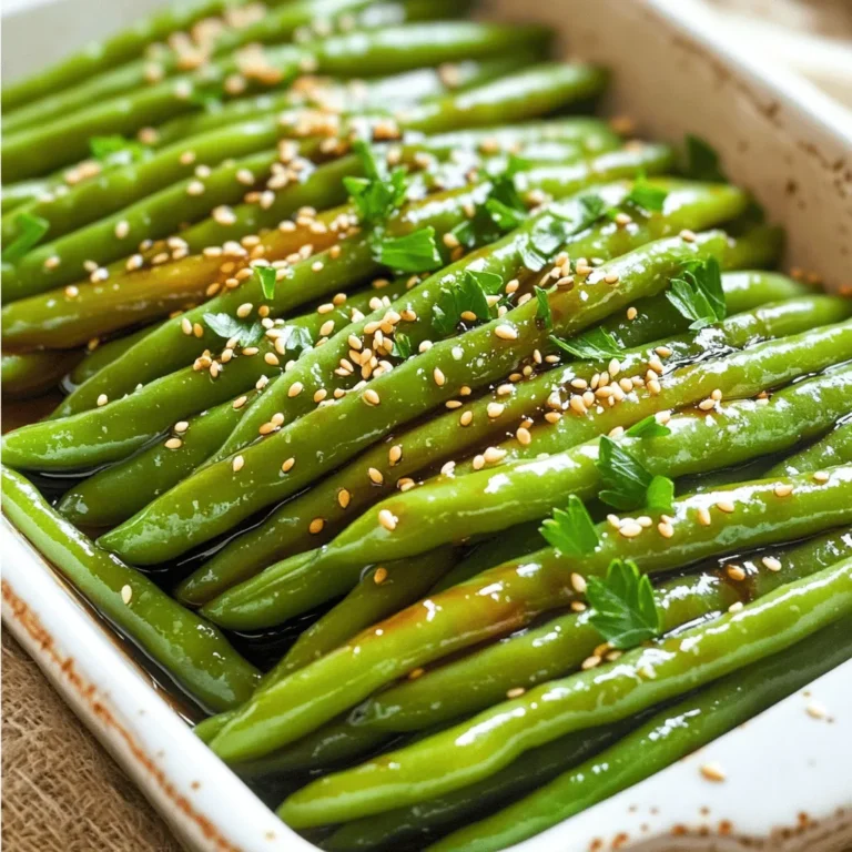 For this recipe, you need 1 pound of fresh green beans. Look for bright green beans that snap easily. Trim the ends to prepare them for cooking. Fresh beans give the best flavor and texture. You will need a few key condiments: - 2 tablespoons olive oil - 1 tablespoon balsamic vinegar - 2 tablespoons honey - 2 cloves garlic, minced - Salt and pepper to taste Olive oil adds richness. Balsamic vinegar brings tanginess. Honey adds sweetness, while salt and pepper enhance all flavors. For a little extra flair, consider these garnishes: - 1 teaspoon toasted sesame seeds - Fresh parsley, chopped Toasted sesame seeds add crunch. Fresh parsley adds color and freshness. These garnishes make your dish look and taste even better. Start by washing the green beans well. Trim the ends to remove any tough bits. This makes them easier to eat. Next, fill a large pot with water and add salt. Bring the water to a boil. Once boiling, add the green beans. Blanch them for three to four minutes. You want them bright green and tender-crisp. After cooking, quickly drain the green beans. Transfer them to an ice bath to stop cooking. This keeps their color vibrant. In a large skillet, heat the olive oil over medium heat. Wait until the oil is hot. Add minced garlic and sauté it for about 30 seconds. You want the garlic to smell great but not brown. Drain the green beans from the ice bath. Add them to the skillet with the garlic oil. Toss the beans to coat them well. This step infuses flavor into the beans. In a small bowl, whisk together balsamic vinegar and honey. Mix until well combined. Pour this mixture over the green beans in the skillet. Cook everything for two to three minutes. This allows the glaze to thicken slightly. Season the green beans with salt and pepper to taste. Toss them again to coat evenly. Finally, remove from heat and transfer to a serving dish. Garnish with toasted sesame seeds and fresh parsley. Enjoy your tasty balsamic glazed green beans! Blanching keeps green beans bright and crisp. Start by boiling salted water. Add the green beans for 3-4 minutes. This quick cook makes them tender but still firm. After blanching, transfer the beans to an ice bath. This stops cooking and locks in color. Aim for a vibrant green that looks fresh and appealing. Seasoning is key to great flavor. After cooking, sprinkle salt and pepper to taste. The balsamic glaze adds sweetness and tang. Use 1 tablespoon of balsamic vinegar and 2 tablespoons of honey for balance. Garlic adds a savory note. Sauté it until fragrant before adding the beans. Each step builds layers of flavor. Presentation matters, especially for guests. Serve the green beans on a nice platter. Sprinkle with toasted sesame seeds for crunch. Add fresh parsley for color. This not only adds taste but also makes the dish look fancy. A beautiful plate makes the meal feel special. {{image_2}} You can make this dish even better by adding other veggies. Carrots, bell peppers, or snap peas work well. Slice them thin so they cook at the same time. Toss them in the skillet with the green beans. The colors will pop, and the flavors will mix delightfully. This recipe is easy to adapt for vegan and gluten-free diets. Replace honey with maple syrup or agave nectar. Check that your balsamic vinegar is gluten-free. This way, everyone can enjoy the dish without worry. Feel free to switch up the glaze. Try soy sauce for a salty kick or lemon juice for a tangy taste. Adding a pinch of red pepper flakes can give it a nice heat. These changes will keep the recipe fresh and exciting every time you make it. You can store leftover balsamic glazed green beans in the fridge. Place them in an airtight container. They will stay fresh for about 3 to 5 days. Make sure they cool down before sealing. This helps keep their taste and texture. To reheat, use a skillet over medium heat. Add a splash of water or olive oil to keep them moist. Stir often until they are heated through. You can also use the microwave. Place them in a microwave-safe dish and cover. Heat for 1 to 2 minutes, stirring halfway. You can freeze these green beans too! First, blanch them as in the recipe. Cool them in an ice bath, then drain. Place in a freezer bag, removing as much air as possible. They can last up to 3 months in the freezer. When ready to use, thaw in the fridge overnight before reheating. Yes, you can use frozen green beans. They are convenient and save time. Just remember to thaw them first. After thawing, you can skip the blanching step. Cook them in the skillet with garlic and the glaze until heated through. This keeps them tender and flavorful. You can store them in the fridge for up to three days. Place them in an airtight container. When you want to eat them again, just reheat in a skillet. This helps to keep the flavors fresh. Balsamic glazed green beans pair great with many dishes. You can serve them alongside grilled chicken or fish. They also go well with roasted potatoes or a fresh salad. For a full meal, try adding rice or quinoa. This makes a balanced plate and will impress your guests. This blog post covered how to make balsamic glazed green beans. We started with fresh ingredients, then walked through simple steps to prepare and cook them. You learned tips to enhance flavor and present the dish beautifully. We also explored variations for different diets and how to store your beans. In summary, this dish is easy to make and tasty. You can impress others with your cooking skills. Enjoy your green beans!