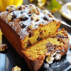 - 1 cup canned pumpkin puree - 1/2 cup vegetable oil - 1 cup brown sugar - 1/2 cup granulated sugar - 2 large eggs - 1 teaspoon vanilla extract These main ingredients create the heart of your Chocolate Chip Pumpkin Bread. Canned pumpkin puree gives it that rich flavor and moist texture. Vegetable oil adds moisture while keeping the bread soft. The mix of brown and granulated sugars provides sweetness and depth. Eggs help bind the ingredients, while vanilla extract adds a touch of warmth. - 2 cups all-purpose flour - 1 teaspoon baking soda - 1/2 teaspoon baking powder - 1 teaspoon ground cinnamon - 1/2 teaspoon ground nutmeg - 1/4 teaspoon ground ginger - 1/2 teaspoon salt The dry ingredients are essential for structure and flavor. All-purpose flour gives the bread its body. Baking soda and baking powder help it rise. The spices—cinnamon, nutmeg, and ginger—infuse warmth and spice, while salt balances the sweetness. - 1 cup semi-sweet chocolate chips - 1/2 cup chopped walnuts Optional add-ins can boost flavor and texture. Semi-sweet chocolate chips add richness and sweetness. Chopped walnuts provide a nice crunch and nutty flavor. You can choose one or both based on your taste. Mixing in these add-ins makes each slice even more delightful. First, set your oven to 350°F (175°C). This temperature helps the bread bake evenly. Next, take a 9x5-inch loaf pan. Grease it with some oil or butter. Then, sprinkle a bit of flour inside. This step helps the bread come out easily after baking. In a large bowl, mix together the canned pumpkin puree, vegetable oil, brown sugar, and granulated sugar. Stir well until the mixture is smooth. This combines the flavors nicely. Now, beat in the eggs, one at a time. Add the vanilla extract next. Mix until everything is well blended. Grab another bowl for the dry ingredients. Whisk together the all-purpose flour, baking soda, baking powder, ground cinnamon, ground nutmeg, ground ginger, and salt. Make sure there are no lumps. Then, take your dry mix and add it to the wet ingredients. Stir gently until they just come together. Be careful not to over-mix, as this can make the bread tough. Now it's time to add some fun! Fold in the semi-sweet chocolate chips and chopped walnuts if you like. This adds a sweet and crunchy touch to the bread. Mix carefully so that the chips and nuts spread evenly throughout the batter. Pour the batter into the prepared loaf pan. Use a spatula to smooth the top. Place the pan in the oven. Bake for about 60 to 65 minutes. To check if it's done, insert a toothpick into the center. If it comes out clean, your bread is ready! Once baked, take the loaf out of the oven. Let it cool in the pan for about 10 minutes. Then, transfer it to a wire rack to cool completely. This helps keep the bread from getting soggy. When ready to serve, slice it warm. You can add a pat of butter or a sprinkle of powdered sugar on top for an extra treat. Enjoy it with a nice cup of tea or coffee! To bake the best chocolate chip pumpkin bread, measuring ingredients correctly is key. Use measuring cups for dry ingredients and a liquid measuring cup for wet ones. This simple step helps your bread rise and taste great. To check if your bread is done, insert a toothpick into the center. If it comes out clean, your bread is ready. If not, bake for a few more minutes. This ensures a moist and well-cooked loaf. For a lovely presentation, slice the warm bread and add a pat of butter on top. You can also sprinkle powdered sugar for a sweet touch. If you want to impress, add a few chocolate chips or walnuts on top as decoration. Pair this bread with a warm cup of tea or coffee. The flavors of pumpkin and chocolate mix perfectly with these drinks. It's a cozy treat for any time of day. One common mistake is over-mixing the batter. Stir just until the ingredients blend. Over-mixing can make the bread dense and tough. Another mistake is not letting the bread cool enough before slicing. Allow it to cool for at least 10 minutes in the pan. This helps keep the bread intact and makes slicing easier. Enjoy your perfect chocolate chip pumpkin bread! {{image_2}} You can easily change some ingredients in this recipe. For oil, try using coconut oil or applesauce. These options add a nice twist to the flavor. If you want to reduce sugar, use honey or maple syrup. Just remember, adjust the liquid ingredients if you switch to a liquid sweetener. For those who need gluten-free options, use almond flour or a gluten-free blend. This way, everyone can enjoy the bread without worry. Want to boost the flavor? Add a pinch of ground cloves or allspice. These spices bring warmth and depth. You can also mix in dried fruits like cranberries or raisins for a sweet surprise. Pecans or almonds can replace walnuts for a different crunch. Feel free to explore your favorite flavors. Each addition makes the bread unique. Baking in mini loaf pans or muffin tins is a fun option. They make great gifts or snacks. If you choose mini loaves, bake for about 30-40 minutes. For muffins, check them at 20-25 minutes. Always check for doneness by inserting a toothpick. Adjust the time based on the size you choose. Enjoy experimenting with shapes and sizes! Store your chocolate chip pumpkin bread at room temperature for the best flavor. Use an airtight container or wrap it in plastic wrap. This keeps it soft and fresh for up to four days. If you want to keep it longer, place it in the refrigerator. The cold air helps slow spoilage but may change its texture a bit. Always let it cool completely before storing to avoid sogginess. To freeze your pumpkin bread, first cool it completely. Wrap the loaf tightly in plastic wrap, then in aluminum foil. This double layer protects it from freezer burn. You can freeze it for up to three months. When you're ready to eat it, take it out and let it thaw overnight in the fridge. To reheat, slice the bread and warm it in the oven at 350°F for about 10 minutes. This gives it a fresh, baked taste. At room temperature, your chocolate chip pumpkin bread stays fresh for about four days. After that, it may begin to dry out. Watch for signs of spoilage like mold or an off smell. If you notice either, it’s best to throw it away. Keeping track of its freshness helps you enjoy every slice at its best! Yes, you can use fresh pumpkin. To prepare it, start by selecting a small sugar pumpkin. Cut it in half, scoop out the seeds, and place it cut-side down on a baking sheet. Bake at 350°F (175°C) for about 45 minutes or until soft. Once cooled, scoop out the flesh and blend it until smooth. Use this puree in place of canned pumpkin. If you want a vegan option, you can use several substitutes for eggs. Here are some options: - 1/4 cup of unsweetened applesauce - 1/4 cup of mashed banana - 1 tablespoon of ground flaxseed mixed with 2.5 tablespoons of water (let sit for 5 minutes) Each option helps bind the ingredients just like eggs do. Yes! To make this recipe dairy-free, simply replace the vegetable oil with a dairy-free oil. You can also use dairy-free chocolate chips instead of regular semi-sweet chips. This keeps the bread rich and tasty without any dairy. To check if the bread is done, look for a few signs: - The top should be golden brown. - The edges should pull away slightly from the pan. - If you press on the top, it should spring back. - You can also use a toothpick. If it comes out clean or with just a few crumbs, the bread is ready. Absolutely! You can get creative with mix-ins to enhance flavor. Consider adding: - 1/2 cup of dried cranberries or raisins for a fruity touch. - 1/2 cup of chopped pecans or hazelnuts for crunch. - Additional spices like cloves or allspice for extra warmth. Mixing these in gives your bread a personal twist and makes it even more delightful! This blog post covered everything you need to make delicious chocolate chip pumpkin bread. I shared key ingredients, step-by-step instructions, and tips for perfect results. Remember to measure your ingredients carefully and avoid over-mixing. You can customize the recipe with add-ins or flavor changes. Store your bread properly, and you’ll enjoy it longer. With this guide, you're set up for a cozy baking adventure that anyone can enjoy. Happy baking!