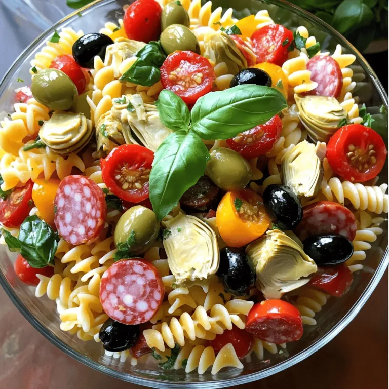 To make a great Italian antipasto pasta salad, you need some key ingredients: - 8 ounces of rotini or penne pasta - 1 cup of cherry tomatoes, halved - 1 cup of jarred roasted red peppers, chopped - 1 cup of artichoke hearts, quartered - 1/2 cup of black olives, pitted and sliced - 1/2 cup of green olives, pitted and sliced - 1/2 cup of salami, diced - 1/2 cup of provolone cheese, cubed - 1/4 cup of red onion, finely chopped - 1/4 cup of fresh basil, chopped - 1/4 cup of olive oil - 2 tablespoons of red wine vinegar (or you can use lemon juice) - 1 teaspoon of Italian seasoning - Salt and pepper to taste Each ingredient brings a unique flavor. The pasta serves as a base. The olives add a briny kick, while the salami brings a savory touch. Fresh basil gives a nice aroma, and the dressing ties everything together. You can add a few optional ingredients to make this salad even better: - Arugula for a peppery bite - Sun-dried tomatoes for a sweet twist - Mozzarella balls for added creaminess - Capers for a tangy pop These extra ingredients can change the taste and texture of your salad. Don’t be afraid to mix and match! If you have allergies or preferences, here are some substitutions: - Use gluten-free pasta if you need it. - Swap salami with turkey or chicken for a lighter option. - Replace provolone with mozzarella or a dairy-free cheese. - For a vegan salad, skip the cheese and salami. Always read labels for allergens. This way, you can enjoy a safe and tasty meal! Start by bringing a large pot of water to a boil. Add a pinch of salt to the water for flavor. Cook 8 ounces of rotini or penne pasta according to package instructions. You want it to be al dente, which means it should still have a bit of bite. This usually takes about 8-10 minutes. Once it's done, drain the pasta and rinse it with cold water. This cools it down and stops the cooking process. While the pasta cools, grab a large mixing bowl. Cut 1 cup of cherry tomatoes in half and add them to the bowl. Then, chop up 1 cup of jarred roasted red peppers. Add 1 cup of quartered artichoke hearts next. Slice 1/2 cup of black olives and 1/2 cup of green olives. Dice 1/2 cup of salami and cube 1/2 cup of provolone cheese. Finally, finely chop 1/4 cup of red onion and 1/4 cup of fresh basil. Toss all these ingredients into your mixing bowl. In a small bowl, whisk together 1/4 cup of olive oil and 2 tablespoons of red wine vinegar. If you prefer, you can use lemon juice instead. Add 1 teaspoon of Italian seasoning, along with salt and pepper to taste. Pour this dressing over the pasta and veggies in your large bowl. Gently toss everything together until the pasta and veggies are well-coated. Cover your salad with plastic wrap or a lid. Let it chill in the fridge for at least 30 minutes. This waiting time helps all the flavors blend together beautifully. Before serving, taste your salad and adjust the seasoning if needed. Enjoy your Italian Antipasto Pasta Salad! To cook pasta well, follow these steps: - Use a large pot with plenty of water. - Add a pinch of salt to the water. - Bring the water to a rolling boil. - Add the pasta and stir to prevent sticking. - Cook until al dente; check the package for time. - Drain the pasta and rinse it with cold water. Rinsing cools the pasta quickly. It also stops the cooking process. This keeps it firm and tasty in your salad. Seasoning is key for a great pasta salad. Here’s how to do it: - Use good olive oil for flavor. - Red wine vinegar adds a nice tang. - Italian seasoning brings in herbs like oregano and basil. - Add salt and pepper to taste. Mix the dressing well before adding it to the pasta. Taste the salad after mixing. Adjust salt and pepper as needed. This ensures bold flavors in every bite. Serving your pasta salad right makes it even better. Here are some tips: - Use a large glass bowl to show off the colors. - Garnish with fresh basil leaves for a pop of green. - Add extra olives around the edges for a pretty touch. This dish pairs well with breadsticks or a light wine. It’s perfect for picnics or family dinners. Enjoy the flavors of Italy at your table! {{image_2}} If you want a vegetarian pasta salad, skip the salami and cheese. You can add more veggies like zucchini or bell peppers. Use extra artichokes for a hearty bite. This gives your salad a fresh, vibrant taste. You can also include chickpeas for protein. They add a nice texture and fill you up. To make this salad gluten-free, swap the pasta for gluten-free rotini or penne. Many stores offer great gluten-free pasta options made from rice or quinoa. Cook it just like regular pasta. This keeps the salad tasty and friendly for those avoiding gluten. You can switch up the proteins to match your taste. Try diced grilled chicken or shrimp for a different flair. For a smoky flavor, add pancetta or prosciutto. You can even use tofu if you want a plant-based protein. Each choice adds a new layer to the salad and makes it fun to create. To keep your Italian antipasto pasta salad fresh, place it in an airtight container. This helps keep the flavors strong and the ingredients crisp. Make sure to cool the salad to room temperature before sealing it. If you have any dressing left, store it separately. This way, the salad stays fresh longer. I don’t recommend freezing pasta salad. Freezing changes the texture of the pasta and veggies. If you freeze it, the salad may become mushy once thawed. However, if you must freeze it, leave out the fresh ingredients. You can add these back in after thawing. Your pasta salad will stay tasty in the fridge for about three days. After that, the flavors may fade. To enjoy it longer, keep an eye on the ingredients. If the tomatoes or cheese start to look bad, it’s time to toss it. Always check for any off smells before eating leftovers. For the best taste, eat it within the first two days. Italian Antipasto Pasta Salad comes from Italy. Antipasto means "before the meal." This salad mixes many classic Italian ingredients. You find flavors from various regions of Italy. The salad uses pasta, meats, cheeses, and veggies. It is a fun way to enjoy the tastes of Italy in one dish. Yes, you can make this pasta salad ahead of time. It actually tastes better after sitting for a bit. The flavors blend together nicely when you let it chill. Prepare it a few hours or even a day before. Just cover it well in the fridge. To make this pasta salad more filling, add proteins. You can include grilled chicken or shrimp for extra heartiness. Chickpeas are also a great option for a vegetarian boost. If you want more carbs, add extra pasta or even some bread on the side. This blog post covers essential ingredients for Italian Antipasto Pasta Salad, cooking steps, and tips. You've learned about ingredient substitutes and how to store leftovers. Variations like vegetarian and gluten-free options allow for personal tastes. In conclusion, making this pasta salad is easy and fun. It fits many diets and occasions. With your new skills, you can impress anyone! Enjoy every bite and keep experimenting with flavors.