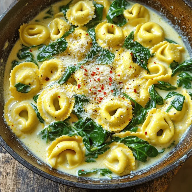 - 1 package (9 oz) fresh cheese tortellini - 2 cups fresh spinach leaves - 3 cloves garlic, minced The heart of this dish lies in the fresh cheese tortellini. They add a lovely texture and flavor. The spinach gives a fresh pop, while the minced garlic brings warmth and depth. These three ingredients work together beautifully. - 1 cup heavy cream - 1/2 cup grated Parmesan cheese - 1 tablespoon olive oil Heavy cream makes the sauce rich and creamy. Grated Parmesan adds a salty, nutty flavor that enhances every bite. Olive oil helps to sauté the garlic and adds a hint of fruity taste. These ingredients elevate the dish from simple to special. - Salt and pepper - Red pepper flakes (optional, for a spicy kick) Salt and pepper are must-haves for seasoning. They bring out the flavors of the other ingredients. Red pepper flakes can add a nice kick if you like spice. Feel free to adjust these to your taste! 1. First, grab a large pot. Fill it with water and add salt. This step helps flavor the pasta. 2. Place the pot on the stove over high heat. Wait for it to boil. 3. Once boiling, add the fresh cheese tortellini. Cook them for about 3 to 5 minutes. You’ll know they’re done when they float to the top. 4. Carefully drain the tortellini. Set them aside while you prepare the sauce. 1. In a large skillet, pour in the olive oil. Heat it over medium heat. 2. After about a minute, add the minced garlic. Sauté for about 1 minute until it smells amazing. Watch closely so it doesn’t burn! 1. Now, toss in the fresh spinach. Stir and sauté until the leaves wilt, which takes about 2 to 3 minutes. 2. Next, pour in the heavy cream. Mix well and let it simmer for 2 to 3 minutes. This thickens the sauce. 3. Lower the heat and add the drained tortellini to the skillet. Gently stir to combine. 4. Sprinkle in the grated Parmesan cheese. Mix until it melts into a creamy delight. 5. Finally, season with salt, pepper, and red pepper flakes if you want some heat. Stir until everything is hot and well mixed. To cook tortellini right, you want to watch for a key sign: they float! When they do, they're ready to eat. This usually takes about 3-5 minutes. Be careful with the timer. If you leave them too long, they can become mushy. No one wants that for dinner. You can boost the taste of your dish with a few easy changes. Try adding sun-dried tomatoes or mushrooms for extra flavor. Fresh herbs like basil or parsley can also add a nice touch. If you want some heat, sprinkle in red pepper flakes. Adjust spices to your liking. A little can go a long way! Presentation matters. Serve your tortellini in a shallow bowl. This makes it look fancy! Top with more Parmesan cheese for a nice touch. You might pair it with a crisp green salad or garlic bread. Both make great sides. Enjoy your meal and watch your guests smile! {{image_2}} You can change up the veggies in this dish. Broccoli or peas work great. They add color and taste. You can also switch the pasta type. Try using whole wheat, gluten-free, or even zoodles for a fun twist. Each swap gives a new flavor and texture. If you need gluten-free options, choose gluten-free tortellini. Many brands offer this. For vegan substitutions, use plant-based cream and cheese. You can also skip the cheese altogether for a lighter dish. These changes keep the creamy feel while fitting different diets. You can serve this tortellini as a main dish or a side dish. It pairs well with grilled chicken or fish. If you want a cold dish, make a tortellini salad. Just let the tortellini cool, then mix with veggies and a light dressing. This adds a nice crunch and makes it refreshing. To store your leftover Minute Creamy Garlic Spinach Tortellini, place it in an airtight container. This keeps the dish fresh and tasty. You can store it in the fridge for up to three days. Make sure to let it cool down before sealing to avoid steam build-up. If you want to keep it longer, freezing is a great option. First, let the dish cool completely. Then, transfer it to a freezer-safe container or bag. Try to remove as much air as possible. This helps prevent freezer burn. You can freeze the tortellini dish for up to three months. When you’re ready to eat, thaw it in the fridge overnight. Reheat it in a skillet over low heat, adding a splash of cream to keep it creamy. For reheating, you can use a microwave or stovetop. If using the microwave, heat in short bursts, stirring in between. This ensures even heating. On the stovetop, add a little olive oil or butter for flavor. To make the dish taste fresh again, you can stir in some extra spinach or sprinkle more Parmesan cheese on top. This adds flavor and brightens it up! Making this dish takes about 20 minutes. You will spend 10 minutes prepping and 10 minutes cooking. Start by boiling water for the tortellini. This usually takes about 5 minutes. Cooking the tortellini takes another 3 to 5 minutes. Sautéing the garlic and spinach takes a few minutes, and making the sauce adds another few minutes. Yes, you can use frozen tortellini! Just remember to cook them a bit longer. Follow the package instructions for cooking times. Usually, you will need about 5 to 8 minutes. Make sure to taste them to check for doneness. Drain them well before adding to the sauce. You can add several options for protein. Chicken, shrimp, or tofu work well. If using chicken, cook it before adding to the dish. For shrimp, add them when you sauté the garlic for quick cooking. Tofu can be added after sautéing. This way, it heats through nicely. Each option brings its own flavor to the dish. This blog post shared delicious recipes using fresh cheese tortellini and spinach. We covered key ingredients, easy steps, and helpful tips. You now know how to make creamy garlic spinach tortellini and can explore fun variations. Remember to enjoy it fresh or store leftovers properly. With this dish, creativity and personalization are key. Experiment with flavors, and make it your own. Happy cooking!