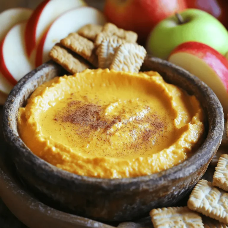 To make this tasty dip, you'll need: - 8 oz cream cheese, softened - 1 cup pumpkin puree - 1/2 cup powdered sugar - 1 teaspoon vanilla extract - 1 teaspoon ground cinnamon - 1/2 teaspoon ground nutmeg - 1/4 teaspoon ground ginger - 1/4 teaspoon salt - 1 cup whipped topping - Apple slices, graham crackers, and ginger snaps for dipping You can swap a few ingredients if you like. Use Greek yogurt instead of cream cheese for a lighter dip. If you don’t have pumpkin puree, use mashed sweet potato. For a sweeter taste, try brown sugar in place of powdered sugar. Almond extract can replace vanilla if you want a different flavor. Using fresh ingredients makes a big difference. Fresh cream cheese gives a smooth texture. Real pumpkin puree offers rich flavor. Fresh spices bring warmth and depth. When ingredients are fresh, your dip will taste better and be more enjoyable. Always check the dates on your products. Keeping this in mind helps your dip shine! To start, grab your slow cooker. Add 8 oz of softened cream cheese and 1 cup of pumpkin puree into the bowl. Then, sprinkle in 1/2 cup of powdered sugar. Next, pour in 1 teaspoon of vanilla extract. After that, add 1 teaspoon of ground cinnamon, 1/2 teaspoon of ground nutmeg, and 1/4 teaspoon of ground ginger. Don't forget to add 1/4 teaspoon of salt too. Now, stir all these ingredients together until the mixture is smooth and well-combined. This step is key for a creamy dip. Once your mixture is smooth, cover the slow cooker. Set it to low heat. Cook for 1.5 to 2 hours. Stir occasionally to ensure even heating. You want the dip to be warm and creamy. This slow cooking method deepens the flavors and makes it extra tasty. When the dip is warm, remove it from the heat. Gently fold in 1 cup of whipped topping. This gives the dip a light and fluffy texture. For serving, use apple slices, graham crackers, and ginger snaps for dipping. These pair nicely with the pumpkin flavor. Enjoy your dip warm for the best taste! To get a creamy texture, start with softened cream cheese. This helps it mix well with pumpkin puree. Make sure to stir the mixture thoroughly. You want it smooth and free of lumps. Folding in the whipped topping at the end adds lightness. This step creates a fluffy finish that feels great on your tongue. Slow cooking is simple with this dip. Set your slow cooker to low heat. Stir the mixture every so often. This helps it heat evenly and prevents sticking. Cooking for 1.5 to 2 hours is key to making it warm and creamy. Just be patient; good things take time! When serving, think about fun ways to dip! Apple slices are fresh and crisp. Graham crackers add sweetness, while ginger snaps bring spice. You can also try pretzel bites for a salty crunch. This dip works well for parties or cozy nights in. It’s a crowd-pleaser everyone will love! {{image_2}} You can boost the taste of your dip by adding a few extras. Try mixing in chocolate chips for a sweet twist. A sprinkle of crushed pecans or walnuts adds crunch. You can also use maple syrup instead of powdered sugar for a richer flavor. For more spice, add a dash of cloves or allspice. This dip can fit many diets. If you want it lower in calories, use low-fat cream cheese. For a vegan option, swap the cream cheese for a plant-based version. You can also replace the whipped topping with coconut cream. This keeps the dip creamy and delicious while staying dairy-free. While apple slices and graham crackers are great, you can get creative. Try using pretzels for a salty-sweet combo. Sliced bananas or pears are also tasty options. For a fun twist, serve the dip in small pumpkin bowls during fall. This adds a festive touch to your gathering. After you enjoy your dip, store any leftovers in an airtight container. Let the dip cool first. Once it’s at room temperature, transfer it to the container. You can keep it in the fridge for easy access when cravings hit. To reheat your dip, use your slow cooker. Set it to low heat and stir the dip until warm. You can also use a microwave. Place the dip in a bowl and heat for 30 seconds. Stir and heat again if needed. Be careful not to overheat; you want it creamy, not hot! This dip stays good for about 3 to 5 days in the fridge. Check for any changes in smell or texture before eating. If you see any signs of spoilage, toss it out. For longer storage, you can freeze it for up to a month. Thaw overnight in the fridge before reheating. Yes, you can prepare this dip in advance. Just follow the recipe and let it cool. After that, store it in an airtight container in the fridge. When it's time to serve, reheat it in the slow cooker. You can also heat it in the microwave for quick warming. This dip stays fresh for up to three days. Making it ahead saves time for your gathering. You have many fun options for dipping! Try using pretzels for a salty crunch. Pita chips give a nice, light flavor. You can also use vanilla wafers for a sweet twist. If you want something unique, consider using popcorn. Each dipper adds a new taste to your creamy pumpkin dip. Feel free to mix and match for a fun platter. Yes, you can make a vegan version of this dip! Swap the cream cheese for a vegan cream cheese alternative. Use maple syrup or coconut sugar instead of powdered sugar. For the whipped topping, look for a plant-based whipped cream. These changes keep the flavor while making it vegan. Enjoy this dip with your favorite vegan dippers! To sum up, we explored the key ingredients for the perfect dip. We discussed how fresh items make a big difference. You learned step-by-step cooking methods and tips for a creamy texture. Variations help you customize the dip to fit any need. Plus, I shared essential storage information to keep your dip fresh. With these insights, you can impress friends and family with your tasty creations. Enjoy your cooking journey!