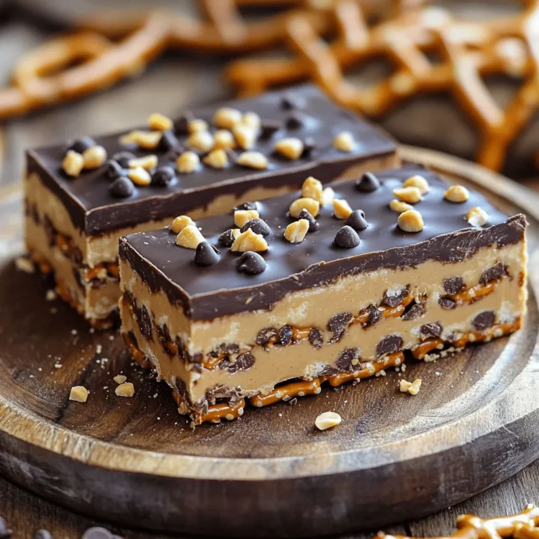 To make no-bake chocolate peanut butter pretzel bars, you need a few simple ingredients. Here’s what you’ll need: - 2 cups pretzel sticks - 1 cup creamy peanut butter - 1/2 cup honey or maple syrup - 1 cup rolled oats - 1/2 cup chocolate chips (dark or semi-sweet) - 1/4 tsp sea salt - 1/2 cup additional chocolate chips for topping - Optional: chopped peanuts for garnish These ingredients work together to create a tasty mix of sweet and salty. The pretzel sticks add a nice crunch. The creamy peanut butter gives a rich flavor. Honey or maple syrup provides sweetness. Rolled oats add texture and heartiness. Chocolate chips melt beautifully on top, making a decadent layer. You can also use chopped peanuts as a fun garnish. They add extra crunch and flavor. Feel free to mix and match based on your taste. This recipe is flexible and fun! - First, take 2 cups of pretzel sticks. - Use a rolling pin or your hands to crush them into small pieces. Aim for about 1-inch bits. - In another bowl, mix the crushed pretzels with 1 cup of rolled oats and 1/4 teaspoon of sea salt. - In a microwave-safe bowl, combine 1 cup of creamy peanut butter and 1/2 cup of honey or maple syrup. - Heat this mix in the microwave for 30 seconds. Stir it until it is smooth and well combined. - Add the crushed pretzel mixture and 1/2 cup of chocolate chips to the peanut butter mix. Stir until all ingredients are mixed well. - Line an 8x8-inch baking dish with parchment paper. Pour the mixture into the dish and press it down firmly. - Next, melt 1/2 cup of additional chocolate chips in the microwave. Do this in 30-second intervals, stirring until smooth. - Pour the melted chocolate over the pressed mixture. If you want, sprinkle chopped peanuts on top for extra crunch. - Place the dish in the fridge for at least 1-2 hours. This helps the bars firm up nicely. - Once firm, take the bars out and slice them into squares or bars. Enjoy your delicious treat! To get the right texture, crush your pretzel sticks into 1-inch pieces. This keeps some crunch. Mix the pretzels well with the other ingredients. Pressing the mixture firmly in the pan is key. It helps the bars hold together once chilled. Use a spatula or your hands to press down hard. An even layer makes for nice, neat bars. To keep your bars fresh, store them in an airtight container. Use a large container if you stack them. You can also wrap them in parchment paper. This helps keep them from getting too sticky. The bars can last up to a week in the fridge. If you need more time, consider freezing them. Serve these bars on a nice platter for gatherings. You can cut them into squares or rectangles. For gifts, wrap each bar in parchment paper. Tie them with twine for a cute touch. This makes them look special and homemade. They are great for sharing! {{image_2}} You can swap out the peanut butter for other nut butters. Almond or cashew butter works great. If you want a fun twist, add a splash of vanilla or a dash of cinnamon. These small changes can change the whole taste. If you need gluten-free options, use gluten-free pretzels. They still taste great! For sweeteners, you can use agave syrup or brown rice syrup instead of honey. Each option gives a unique flavor. For a vegan version, use maple syrup and a vegan chocolate. You can also try sun butter or soy nut butter for nut-free alternatives. These swaps keep the bars tasty for everyone. To keep your no-bake chocolate peanut butter pretzel bars fresh, store them in an airtight container. Place parchment paper between layers to avoid sticking. This helps keep each bar intact and easy to grab. These treats stay fresh for about one week in the fridge. The cool temperature keeps them firm and tasty. If you want to save some for later, freezing works great! Wrap each bar in plastic wrap, then place them in a freezer bag. This way, they stay fresh and don’t get freezer burn. These bars can last up to three months in the freezer. When you’re ready to enjoy, take out the bars and thaw them in the fridge. This keeps their texture nice and smooth. If you’re in a hurry, you can leave them at room temperature for about 30 minutes. Enjoy your delicious treat anytime! Yes, you can use crunchy peanut butter. It will add texture to the bars. The bits of peanut will give a nice crunch. This change makes the bars even more fun to eat! These bars last about a week in the fridge. Store them in an airtight container. If you want them to last longer, you can freeze them for up to three months. Absolutely! These bars are great for meal prep. You can make them a few days in advance. Just keep them stored in the fridge until you are ready to enjoy. If your mixture is too crumbly, add a bit more peanut butter or honey. This will help it stick together better. Mix well after adding, and you should see a smoother texture. Yes! Feel free to add dried fruits or nuts. Raisins, cranberries, or almonds work well. Just keep the ratios balanced so the bars hold together nicely. These no-bake chocolate peanut butter pretzel bars are easy and fun to make. From crushing pretzels to adding chocolate on top, each step brings joy. Be sure to store them right for the best taste. Remember, you can swap ingredients to match your needs. Making these bars allows for creativity in the kitchen. Enjoy sharing them with friends or family, or keep them as a tasty treat for yourself. Now, get started and enjoy the process!