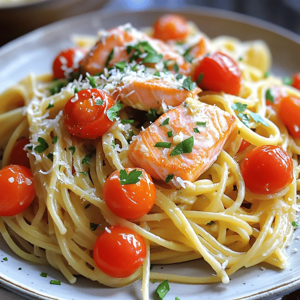 - 200g spaghetti or linguine - 2 salmon fillets (about 150g each) - 4 tablespoons unsalted butter - 4 cloves garlic, minced - 1 teaspoon red chili flakes (optional) - 1 tablespoon lemon juice - 1 cup cherry tomatoes, halved - Fresh parsley, chopped for garnish - Grated Parmesan cheese for serving In this dish, the key elements shine through. First, the pasta. I always prefer spaghetti, but linguine works well too. Both cook up nicely, giving you that perfect base. Next, we have the salmon. It adds protein and rich flavor. I love using fresh salmon fillets; they cook quickly and taste amazing. Now, let’s talk butter. Unsalted butter is best. It lets the other flavors stand out. The garlic is crucial for that aromatic punch. You can’t skip it! If you like a kick, add red chili flakes. They bring a nice heat that balances the butter. For the finishing touches, cherry tomatoes add sweetness. They burst with flavor as they cook. Fresh parsley brightens up the dish, making it look great too. Finally, a sprinkle of Parmesan cheese elevates everything. It adds a creamy texture that ties the meal together. This dish is not just quick; it’s also full of flavor and fun to eat! 1. Boiling salted water: Start with a large pot. Fill it with water and add a good amount of salt. This adds flavor to the pasta. Bring the water to a rapid boil. 2. Cooking time for al dente pasta: Add your spaghetti or linguine to the boiling water. Cook it according to the package instructions, usually around 8-10 minutes. You want it to be firm yet tender. 3. Reserving pasta water: Before draining, scoop out ½ cup of the starchy pasta water. This water helps bind the sauce later. Drain the pasta and set it aside. 1. Seasoning the fillets: While the pasta cooks, grab your salmon fillets. Sprinkle salt and pepper on both sides. This simple seasoning boosts the flavor of the fish. 2. Cooking the salmon in butter: In a large skillet, melt 2 tablespoons of butter over medium heat. Once it bubbles, place the salmon skin-side down. Cook for about 5-6 minutes until it’s cooked through and flakes easily. 3. Ensuring it’s cooked through: Gently flip the salmon and cook for an extra 1-2 minutes. It should look opaque and flaky. Remove it from the pan and set it aside. 1. Melting butter and sautéing garlic: In the same skillet, add the remaining 2 tablespoons of butter. Let it melt and then add the minced garlic. Sauté for about 1 minute until it smells good. 2. Adding chili flakes for heat: If you like spice, toss in 1 teaspoon of red chili flakes. This adds a nice kick to the dish. 3. Combining cherry tomatoes: Add the halved cherry tomatoes to the pan. Cook them for about 2-3 minutes until they soften and release their juices. 1. Tossing pasta with sauce and salmon: Now, add the drained pasta to the skillet. Pour in the reserved pasta water and a tablespoon of lemon juice. Toss everything together until mixed well. 2. Flaking salmon into bite-sized pieces: Use a fork to flake the salmon into bite-sized pieces. Gently fold them into the pasta mix. Be careful not to break it apart too much. 3. Mixing until well combined: Ensure all the ingredients are well combined. The pasta should be coated with that delicious garlic butter sauce. 1. Garnishing with parsley and Parmesan cheese: Plate your dish and top it with fresh parsley and a sprinkle of grated Parmesan cheese. This adds color and flavor. 2. Serving recommendations: This dish is great warm. Pair it with a fresh salad or some crusty bread for a complete meal. Enjoy! To cook salmon evenly, you need to use medium heat. This helps the fish cook through without burning. Start with skin-side down in a hot pan and let it sit. Avoid flipping too soon. If you want, you can also bake or grill the salmon. Baking at 375°F for about 15 minutes works well. Grilling adds a nice char and flavor. Adjusting the flavors in your garlic butter sauce can really elevate the dish. Add a pinch of cumin or paprika for more warmth. Fresh herbs like thyme or basil can also brighten the sauce. If you want more color and crunch, toss in some spinach or bell peppers. Cook them just until soft to keep some crispness. To avoid overcooking pasta, watch the clock. Check the package for cooking times and start testing a minute or two early. You want the pasta to be al dente, which means it should have a slight bite. Always reserve some pasta water before draining. This starchy water helps bind your sauce and pasta together later. {{image_2}} You can switch up the pasta for this dish. If you want something different, try penne or farfalle. They add a nice twist to the meal. Whole grain pasta is a great choice for a healthier option. It provides more fiber and nutrients. Gluten-free pasta works too, if you have dietary needs. Just make sure to follow package instructions for cooking. You don’t have to stick with salmon. Shrimp or scallops can also shine in this dish. They cook quickly and pair well with garlic butter. If you prefer chicken, use cooked, diced pieces. Tofu is a solid plant-based choice too. It absorbs flavors well and adds protein. Each option gives you a new taste each time. Want to change the flavor? Fresh herbs like basil or oregano can brighten the dish. They add a garden-fresh taste and aroma. You can also try using different cheeses. Feta or goat cheese can give a creamy touch. Each add-in can create a unique dish that feels new. Mix and match until you find your favorite! To keep your leftover garlic butter salmon pasta fresh, follow these steps: - Refrigeration: Place leftovers in an airtight container. This helps keep moisture in and avoids odors from other foods. - Duration: Leftovers can last in the fridge for up to three days. Be sure to check for signs of spoilage before eating. If you want to save some for later, freezing is a great option: - Freezing Instructions: Allow the pasta to cool completely. Portion it into freezer-safe bags or containers. This makes it easy to grab a meal when you need it. - Thawing and Reheating Tips: When ready to eat, thaw the pasta overnight in the fridge. Reheat it gently on the stove or in the microwave. Add a splash of water or broth to keep it moist. Making garlic butter salmon pasta takes about 30 minutes in total. You will spend 10 minutes prepping and 20 minutes cooking. This quick time frame makes it great for busy days. Yes, you can use frozen salmon fillets. Just make sure to thaw them before cooking. You can do this by placing them in the fridge overnight or using cold water. They will cook well, but ensure they are fully thawed for even cooking. If you need a dairy-free option, you can use olive oil or coconut oil instead of butter. These oils still give a nice flavor. You can also try vegan butter if you want a similar taste to regular butter. To add more heat, you can increase the red chili flakes. You can also add sliced jalapeños or a dash of hot sauce. Just be careful, as it can get spicy quickly! Sure! You can use trout, tilapia, or even shrimp if you prefer. Each fish will offer a different taste. Adjust the cooking time as needed to ensure it’s cooked through. This blog post guides you to make a tasty garlic butter salmon pasta. You learned about key ingredients like salmon and spaghetti, and how to cook them right. The cooking steps are clear and easy. Tips help you get the best flavor and texture. Don't hesitate to try variations, like using other proteins or veggies. Enjoy your unique dish today!