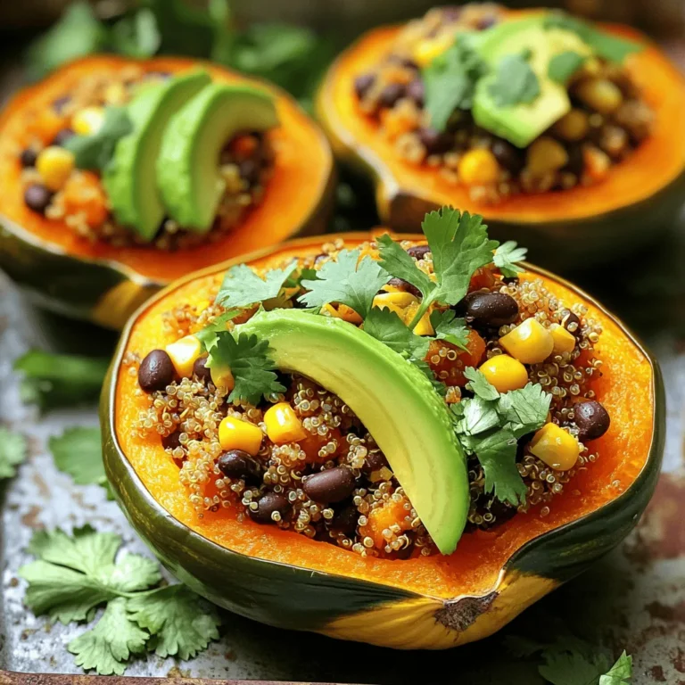 - 2 acorn squashes, halved and seeds removed - 1 cup quinoa, rinsed - 2 cups vegetable broth - 1 cup canned black beans, drained and rinsed - 1 cup corn (fresh, canned, or frozen) - 1 red bell pepper, diced - 1 small red onion, diced - 2 cloves garlic, minced - 1 teaspoon cumin - 1 teaspoon smoked paprika - 1 teaspoon chili powder - Salt and pepper to taste - 2 tablespoons olive oil - Fresh cilantro, for garnish - Avocado slices, for serving (optional) This dish starts with acorn squash, a sweet and nutty vegetable. You cut each squash in half and remove the seeds. This opens the way for the tasty filling. Next, we have quinoa, a protein-rich grain. Rinsing it helps remove bitter flavors. We then add black beans and corn for extra texture and taste. Black beans bring fiber, while corn adds a sweet crunch. The red bell pepper and onion give color and flavor. Garlic, cumin, smoked paprika, and chili powder add warmth and depth. Finally, we finish with salt, pepper, and olive oil. The oil helps the flavors blend. Fresh cilantro makes a bright garnish, and avocado slices add creaminess. Together, these ingredients create a delightful and satisfying meal. Preheating the Oven First, preheat your oven to 400°F (200°C). This step is key for even cooking. Roasting the Squash Slice the acorn squashes in half and scoop out the seeds. Place them cut-side up on a baking sheet. Drizzle 1 tablespoon of olive oil over each half. Sprinkle some salt and pepper on top. Roast them for 30-35 minutes. Look for tender flesh and a nice caramelized color. Combining Ingredients In a medium saucepan, combine 1 cup of rinsed quinoa and 2 cups of vegetable broth. This mix gives the quinoa great flavor. Simmering and Fluffing Bring the mix to a boil over medium heat. Once it boils, reduce the heat to low and cover the pot. Let it simmer for about 15 minutes. After that, remove it from heat and let it sit for 5 minutes. Finally, fluff the quinoa with a fork to make it light and airy. Sautéing Vegetables Use a large skillet to heat the remaining tablespoon of olive oil over medium heat. Add the diced red onion and red bell pepper. Sauté them for about 5 minutes until they soften. Mixing in Spices and Beans Next, stir in minced garlic, cumin, smoked paprika, and chili powder. Cook for another minute to bring out the flavors. Then, add in the black beans and corn. Mix it all well. Finally, fold in your cooked quinoa and season with salt and pepper. Filling the Squash Once your acorn squashes are done roasting, fill each half with the quinoa mixture. Press it down gently to pack it well. Final Baking Instructions Put the stuffed squashes back in the oven. Bake them for another 10-15 minutes. This time helps the tops get crispy. When done, take them out and let them cool slightly. Garnish with fresh cilantro and serve with avocado slices if you like. - Cooking Time and Temperature: I set my oven to 400°F (200°C). This heat helps the squash roast evenly. Cook the squash for about 30-35 minutes. Check for tenderness by piercing the flesh with a fork. - Achieving Caramelization: Drizzle olive oil on the cut sides. This helps create a nice caramelized surface. Add salt and pepper for flavor. Caramelization gives a sweet and rich taste. - Techniques for a Light Texture: Once the quinoa is done cooking, let it sit for 5 minutes. Then, fluff it gently with a fork. This makes it light and fluffy. Avoid using a spoon, as it can make the quinoa mushy. - Cooking Variations: You can cook quinoa in vegetable broth for added flavor. If you want a different taste, try chicken broth or even coconut milk. Both can add a unique twist. - Complementary Side Dishes: Pair your stuffed acorn squash with a fresh salad. A simple green salad with a lemon vinaigrette works well. You can also serve it with roasted veggies for extra color and nutrition. - Garnishing Ideas: Fresh cilantro adds a burst of flavor. You can also add avocado slices for creaminess. This adds a nice texture contrast to the dish. {{image_2}} You can switch up the beans in this recipe. Try kidney beans or pinto beans. They add a nice twist. Adding different beans also changes the flavor and texture. You can also add more veggies. Consider spinach, zucchini, or mushrooms. These add color and nutrition. You can mix and match based on what you have at home. If you want a vegan option, this recipe is perfect. It is already plant-based. Just skip any cheese or dairy. The flavors are still great without them. For gluten-free adjustments, this recipe works well too. Quinoa is naturally gluten-free. Just check your broth to ensure it is gluten-free as well. Adding cheese can make this dish even yummier. Crumbled feta or shredded cheese works well. Just sprinkle it on top before the final bake. You can spice it up with hot sauce. A few drops add great heat. Fresh herbs like cilantro or parsley also boost flavor. They add brightness and freshness to each bite. - Refrigeration Guidelines: First, let the stuffed acorn squash cool down. Then, place leftovers in an airtight container. They will stay fresh in the fridge for about 3 to 5 days. Make sure to keep the quinoa filling in the squash for best flavor. - Freezing Instructions: If you want to save some for later, freezing works well. Wrap each stuffed squash tightly in plastic wrap. Then, place them in a freezer bag or container. They can last up to 3 months in the freezer. For best results, thaw in the fridge overnight before reheating. - Best Methods for Reheating: The oven is the best way to reheat stuffed acorn squash. Preheat your oven to 350°F (175°C). Place the squash on a baking sheet and cover with foil. Heat for about 20 minutes or until warmed through. You can also use a microwave for quick reheating, but the texture may not be as good. - Maintaining Flavor and Texture: To keep the flavor strong, add a splash of vegetable broth before reheating. This adds moisture and helps the quinoa stay fluffy. If using the microwave, heat in short bursts to avoid drying out the squash. You can use several grains if you lack quinoa. Here are some options: - Alternative Grains: Try brown rice or farro for a hearty texture. Bulgur is quick to cook and works well too. - Low-Carb Options: If you prefer low-carb, consider cauliflower rice or riced broccoli. These alternatives keep your dish light and fresh. Acorn squash has a good shelf life. - Storing Squash Before Cooking: Keep it in a cool, dark place. It can last up to a month. - Freshness of Cooked Squash: Once cooked, store in the fridge. It lasts about 4-5 days in an airtight container. Yes, you can prepare this dish in advance. - Prepping in Advance: Cook the quinoa and prepare the filling a day ahead. Store them separately in the fridge. - Storage and Reheating Tips: Stuff the squash just before baking. Reheat the filling in the microwave or a pan before stuffing. Bake as directed for the best flavor. This blog post shared how to make a tasty stuffed acorn squash. We covered ingredients, steps, and tips to ensure success. You learned how to prepare acorn squash, cook quinoa, and create a flavorful filling. Plus, we explored variations and storage tips. Enjoy experimenting with different flavors and ingredients. Cooking should be fun! Try new spices or add veggies. With these guidelines, you can make a healthy and delicious meal that suits your tastes.