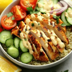 - 1 pound boneless, skinless chicken thighs - 2 tablespoons olive oil - 2 teaspoons ground cumin - 2 teaspoons ground paprika - 1 teaspoon ground turmeric - 1 teaspoon ground cinnamon - 1 teaspoon garlic powder - 1 teaspoon onion powder - ½ teaspoon cayenne pepper (adjust to taste) - Salt and pepper to taste - 1 cup cooked quinoa or rice - 1 cup diced cucumbers - 1 cup cherry tomatoes, halved - ½ cup red onion, thinly sliced - ½ cup parsley, chopped - ½ cup tahini sauce or yogurt sauce for drizzling - Lemon wedges for serving When making Chicken Shawarma Bowls, I focus on fresh and simple ingredients. Chicken thighs work best because they stay juicy. Olive oil adds healthy fat and enhances flavor. The spices give the chicken its unique taste. Cumin and paprika are key players. Turmeric, cinnamon, garlic, and onion powder round out the mix. I also use cayenne for a little heat. You can adjust it based on your taste. For the base, I like quinoa or rice. Both are filling options. Fresh toppings like cucumbers, cherry tomatoes, and red onion add crunch. Parsley gives a pop of freshness. Finally, I drizzle tahini or yogurt sauce for creaminess. A squeeze of lemon juice lifts the flavors. - Couscous or bulgur for grain variations - Tzatziki sauce as an alternative sauce You can switch up the grains if you want. Couscous and bulgur are great choices too. They cook fast and taste delicious. You can also try tzatziki sauce. It adds a cool taste that pairs well with the spices. - Vegetarian alternatives like chickpeas or tofu - Gluten-free options like cauliflower rice If you want a veggie option, try chickpeas or tofu. They soak up flavors well. For gluten-free eaters, use cauliflower rice. It’s light and low in carbs, making it a great substitute. - Mixing the marinade: In a large bowl, add 2 tablespoons of olive oil. Then, mix in 2 teaspoons of ground cumin, 2 teaspoons of paprika, 1 teaspoon of turmeric, 1 teaspoon of cinnamon, 1 teaspoon of garlic powder, 1 teaspoon of onion powder, and ½ teaspoon of cayenne pepper. Season with salt and pepper to taste. Stir well until it’s smooth. - Soaking the chicken: Take 1 pound of boneless, skinless chicken thighs. Add them to the marinade. Make sure each piece is well-coated. Cover the bowl and place it in the fridge. Let it marinate for at least 30 minutes. For more flavor, let it soak for up to 2 hours. - Preheating grill/pan: Heat your grill or a grill pan to medium-high heat. This helps get nice grill marks. - Cooking times and tips: Cook the marinated chicken for about 5 to 7 minutes on each side. The chicken should be fully cooked and no longer pink in the center. After cooking, remove the chicken and let it rest for 5 minutes. Slice it into strips for your bowls. - Layering instructions: Start with a bowl or plate. Add a generous portion of cooked quinoa or rice at the bottom. - Drizzling sauce and garnishing: Place the sliced chicken on top of the quinoa. Then add diced cucumbers, halved cherry tomatoes, thinly sliced red onion, and chopped parsley. Drizzle tahini sauce or yogurt sauce over everything. A squeeze of fresh lemon juice really brightens the dish. Serve immediately with lemon wedges on the side. To get the best flavors in your Chicken Shawarma Bowls, you can adjust the spices. If you love heat, add more cayenne pepper. If you prefer mild, cut back on it. Marinating the chicken is key too. I recommend at least 30 minutes. For deeper flavors, marinate for up to 2 hours. This lets the spices soak in well. You can cook your chicken on a grill or in a stovetop pan. I love grilling for that smoky flavor. If you use a pan, make sure it’s hot. Cook the chicken for 5 to 7 minutes on each side. Check that the chicken is no longer pink inside. Let it rest for 5 minutes after cooking. This keeps it juicy. When serving, layer your ingredients for a beautiful bowl. Start with a base of quinoa or rice. Then, add the sliced chicken. Top it with colorful veggies like cucumbers and tomatoes. A drizzle of tahini or yogurt sauce makes it look great. Finish with a sprinkle of parsley. Serve with lemon wedges for a fresh touch. {{image_2}} You can change the protein in your Chicken Shawarma Bowls for variety. - Using chicken breast: Chicken breast is leaner. It cooks fast and is easy to shred. You can use the same marinade as chicken thighs. - Beef or lamb shawarma: Beef or lamb adds a rich flavor. Slice it thin and marinate. Grill it until it’s juicy and tender. Both options pair well with the same toppings. If you prefer a meatless meal, there are tasty alternatives. - Falafel bowls: Falafel is made from chickpeas. It’s crispy on the outside and soft inside. Serve it with the same toppings for a hearty meal. - Grilled veggies: Grilled vegetables like zucchini and bell peppers are great. Toss them in olive oil and spices. Grill until tender and add to your bowl. You can switch up your grains for different textures and flavors. - Cauliflower rice: Cauliflower rice is low in carbs. It adds a nice crunch. You can make it by grating cauliflower and sautéing it lightly. - Chickpea quinoa mix: This mix is protein-rich and filling. Cook quinoa and stir in chickpeas for a hearty base. This option is great for a healthy twist. - Use airtight containers for storage. - Store the chicken and toppings separately. - The dish lasts up to three days in the fridge. When storing Chicken Shawarma Bowls, keeping the chicken and fresh veggies apart helps maintain taste. After cooking, let the chicken cool before sealing it. This keeps it juicy and prevents sogginess. - Freeze cooked chicken in airtight bags. - Store assembled bowls without fresh toppings. If you want to save some for later, cooked chicken freezes well. Place it in bags, removing as much air as possible. For the bowls, freeze them without cucumbers and tomatoes to keep them fresh. You can add them later when you reheat. - Reheat chicken in the oven or on the stovetop. - Use medium heat to keep it moist. To heat the chicken, bake it at 350°F for about 10-15 minutes. If you use a stovetop, add a little olive oil to prevent sticking. Keep the toppings separate until serving to ensure freshness and crunch. The best cut for shawarma is boneless, skinless chicken thighs. They have more flavor and stay juicy when cooked. Chicken thighs also absorb spices well, making them perfect for this dish. You can use chicken breast, but it may dry out. Thighs give you that tender bite you crave. Yes, you can prepare Chicken Shawarma Bowls ahead of time. Marinate the chicken and store it in the fridge for up to two hours. Cook the chicken and let it cool before storing it. You can keep the cooked chicken in the fridge for 3-4 days. Assemble the bowls just before serving to keep everything fresh. Many sides go well with Chicken Shawarma Bowls. Here are a few ideas: - Pita bread for a soft touch - Hummus for creamy texture - Tabbouleh for a fresh crunch - Roasted vegetables for added flavor These sides complement the spices in the shawarma and enhance your meal. You can easily adjust the spice level in your Chicken Shawarma Bowls. To make it milder, reduce the cayenne pepper. If you love heat, add more cayenne or some chili flakes. Taste the marinade before adding the chicken. This way, you can find the perfect balance for your taste buds. We explored the essential ingredients for making delicious Chicken Shawarma Bowls, from chicken thighs to spices. I shared tips on marinating, cooking, and assembling your bowl to enhance flavors. Variations and substitutions let you create a dish that fits your needs. Remember, proper storage keeps your leftovers fresh. Whether it’s for a family meal or meal prep, these steps make cooking simple and fun. Enjoy crafting your bowls with your favorite flavors!