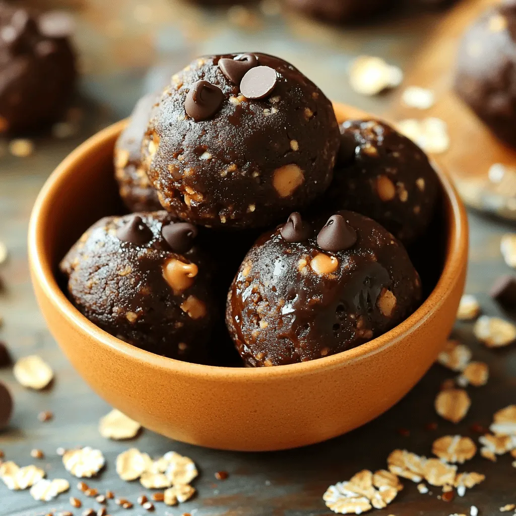 - 1 cup rolled oats - 1/2 cup natural peanut butter - 1/4 cup honey or maple syrup - 1/4 cup chocolate protein powder - 1/2 cup semi-sweet chocolate chips - 1/4 cup ground flaxseed - 1 teaspoon vanilla extract - A pinch of sea salt These ingredients blend to create a tasty and healthy snack. Rolled oats serve as the base. They add fiber and make each bite filling. Natural peanut butter gives a rich, nutty flavor. It also adds healthy fats and protein. Honey or maple syrup brings sweetness. You can choose either based on your taste. Chocolate protein powder boosts the protein level. It makes these bites perfect for a post-workout snack. Semi-sweet chocolate chips add a delightful chocolatey taste. Ground flaxseed is a superfood. It packs omega-3s and fiber into your snack. Vanilla extract enhances the flavors, making the bites even more enjoyable. The pinch of sea salt balances the sweetness. Together, these ingredients create a perfect harmony of flavors and nutrients. - Calories per serving: About 100 calories - Macronutrient breakdown: - Protein: 4g - Fats: 5g - Carbs: 12g These bites offer a great mix of protein, healthy fats, and carbs. The oats and flaxseed provide fiber, helping you feel full longer. The protein and healthy fats support muscle recovery and overall health. Peanut butter is a good source of protein and healthy fats. It helps with heart health. Flaxseed boosts omega-3 fatty acids. These nutrients are great for brain and heart health. Overall, these protein bites are not only tasty but also good for you! - Mixing dry ingredients In a medium bowl, add 1 cup of rolled oats, 1/4 cup of chocolate protein powder, and 1/4 cup of ground flaxseed. Stir these ingredients well. This ensures that they mix evenly. You want a good blend for the best taste. - Combining wet ingredients In a separate bowl, mix 1/2 cup of natural peanut butter, 1/4 cup of honey or maple syrup, 1 teaspoon of vanilla extract, and a pinch of sea salt. Stir until smooth and creamy. This mixture adds sweetness and richness to the bites. - Forming the protein bites Pour the wet mix into the dry ingredients. Stir thoroughly until all the ingredients combine. The mixture will be thick and slightly sticky. Now, use your hands to shape small balls, about 1 inch in diameter. Place them on a lined baking sheet. - Refrigeration time Place the baking sheet in the fridge. Let the protein bites chill for about 30 minutes. This helps them firm up and hold their shape. - Tips for maximum firmness For firmer bites, make sure your mixture is not too wet. If it feels too sticky, add a bit more oats or flaxseed. This will help with the texture. - Proper storage methods After chilling, transfer the protein bites to an airtight container. Keep them in the fridge for up to a week. For longer storage, you can freeze them. Just make sure to separate them with parchment paper to prevent sticking. To boost the taste of your no-bake protein bites, try adding a teaspoon of cinnamon. It adds warmth and depth. You can also mix in a tablespoon of unsweetened cocoa powder. This will give a rich chocolate flavor without extra sugar. If you want to switch out chocolate chips, use dried fruits like raisins or cranberries. They add sweetness and chewiness. If your mixture feels too dry, add a bit more peanut butter or honey. This will help it stick better. For sticky hands, wet your palms before rolling the balls. This makes it easier to shape them. If you want a smoother texture, blend the oats before mixing. This will create a finer consistency that still tastes great. {{image_2}} You can change the taste of your protein bites easily. One fun way is to add shredded coconut or chopped nuts. Coconut gives a tropical twist. Nuts add crunch and extra protein. You can use almonds, walnuts, or pecans. Just mix them in during the last step. Another option is to swap out the chocolate protein powder. You can try vanilla or even a plant-based protein powder. This can change the flavor profile while keeping the bites healthy. Choose a powder that you enjoy. If you need vegan options, use maple syrup instead of honey and almond butter instead of peanut butter. This keeps the bites plant-based and just as tasty. For nut-free options, sunflower seed butter works great. It has a similar texture and taste without the nuts. If you want to cut sugar, use a sugar-free syrup. You can also reduce the amount of chocolate chips. This way, you can enjoy a lower-sugar treat without losing flavor. Adjusting these ingredients allows everyone to enjoy these protein bites. Store your No-Bake Chocolate Peanut Butter Protein Bites in an airtight container. This helps keep them fresh. You can also use ziplock bags, but they might not seal as tightly. For the best taste, keep them in a cool, dry place. Avoid high humidity areas. Moisture can make them sticky and spoil faster. These protein bites last about a week in the refrigerator. Just place them in your airtight container and enjoy. If you want to keep them longer, freezing is a great option. You can freeze them for up to three months. To freeze, place the protein bites in a single layer on a baking sheet. Once frozen, transfer them to an airtight container. This way, they will stay firm and tasty! These protein bites can last up to one week in the fridge. Store them in an airtight container to keep them fresh. After chilling, they firm up nicely and make a great snack. If you want to keep them longer, you can freeze them for up to three months. Just remember to thaw them before eating. Yes, you can use other nut butters. Almond butter or cashew butter work well. Each nut butter will give a unique taste. Be sure to choose a natural nut butter without added sugars. This keeps the bites healthy and tasty. If you need a substitute for honey or maple syrup, try agave nectar or brown rice syrup. They add sweetness without altering the flavor too much. You can also use mashed bananas for a fruity twist. Just remember, using a different sweetener may change the texture slightly. Absolutely! These protein bites are great for kids. They are easy to make and fun to eat. The chocolate flavor makes them appealing. Plus, you can feel good giving them a healthy snack packed with protein and fiber. Yes, you can make these bites without protein powder. Just replace it with more oats or ground flaxseed. This will keep the texture similar and still provide a healthy snack. You may want to adjust the sweetener slightly to balance the flavors. In this post, we explored how to make no-bake chocolate peanut butter protein bites. We covered the ingredients, step-by-step instructions, and helpful tips to create the best bites. You learned about storing and variations for different diets. These protein bites are easy to make, healthy, and fun to customize. Try them for a snack or quick meal. You can enjoy these bites while knowing they meet your needs and taste great.