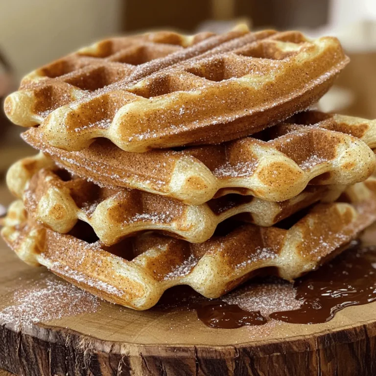 Let’s gather what you need to make these delightful Cinnamon Sugar Churro Waffles. Each ingredient plays a key role in flavor and texture. Here's what you will need: - 1 cup all-purpose flour - 1 tablespoon baking powder - 1/4 teaspoon salt - 1 tablespoon granulated sugar - 1/2 teaspoon ground cinnamon - 1 cup milk - 2 large eggs - 1/4 cup unsalted butter, melted - 1/4 teaspoon vanilla extract - 1/4 cup granulated sugar (for coating) - 1 tablespoon ground cinnamon (for coating) These ingredients come together to create a fluffy waffle with a sweet, cinnamon twist. The flour gives the base structure, while the baking powder adds fluffiness. The combination of sugar and cinnamon brings that classic churro flavor. Milk, eggs, and butter help bind it all and add richness. Use fresh ingredients for the best taste. Pay attention to the measurements to ensure your waffles come out perfect. When you mix the cinnamon and sugar for coating, be sure to blend them well so every bite is sweet and delicious. Enjoy the process of making these tasty waffles! Start by preheating your waffle iron. This step is key for crispy waffles. A hot iron cooks the batter evenly and gives a nice texture. Once it’s hot, spray it lightly with cooking spray to keep the waffles from sticking. In a large bowl, mix the dry ingredients. Combine 1 cup of flour, 1 tablespoon of baking powder, 1/4 teaspoon of salt, 1 tablespoon of sugar, and 1/2 teaspoon of cinnamon. Stir well until all dry parts blend together. In another bowl, whisk together the wet ingredients. Mix 1 cup of milk, 2 eggs, 1/4 cup of melted butter, and 1/4 teaspoon of vanilla extract until it’s smooth. Now, pour the wet mix into the dry mix. Stir gently until just combined. Do not overmix; a few lumps are okay. This helps keep the waffles fluffy. Pour the batter into the preheated waffle iron. Fill it about 3/4 full. Close the lid and cook for 3 to 5 minutes. Check if the waffles are golden brown and crisp. If not, let them cook a bit longer. Repeat this for the rest of the batter. While the waffles cook, prepare the cinnamon-sugar mix. In a shallow dish, combine 1/4 cup of sugar with 1 tablespoon of cinnamon. Mix them well. Once the waffles are done, take them out of the iron. Toss them in the cinnamon-sugar mix right away. Make sure to coat both sides. Serve the waffles warm. Stack them high on a plate. You can drizzle some chocolate sauce or add whipped cream for extra sweetness. Mixing your batter just right is key. Overmixing can make your waffles tough. You want a light and fluffy texture. When combining the wet and dry ingredients, stir gently. A few lumps are fine. This keeps your waffles airy and soft. Cooking time matters for crispy waffles. Aim for about 3 to 5 minutes in the waffle iron. Check for a golden color. If they look pale, they need more time. Make sure your waffle iron is hot before adding the batter. This helps seal in the crispiness. For a stunning plate, stack the churro waffles high. Sprinkle extra cinnamon sugar on top for flair. You can serve with chocolate sauce or whipped cream. These toppings add fun and flavor. Enjoy making your waffles look as good as they taste! {{image_2}} You can make these churro waffles even better! Adding chocolate chips is a great idea. Just mix in half a cup of mini chips into the batter. The melted chocolate will add a rich taste. You can also add nuts for a crunchy twist. Chopped pecans or walnuts work well. They add texture and flavor to your waffles. Just fold in a quarter cup before cooking. If you need a gluten-free option, swap the all-purpose flour for a gluten-free blend. Many brands offer good substitutes that work well in waffles. For a dairy-free version, use almond or oat milk instead of regular milk. You can also replace the butter with coconut oil for a rich flavor. Fresh fruits pair well with these waffles. Try strawberries, bananas, or blueberries. They add brightness and freshness to your meal. You can create a dessert stack! Layer the waffles with whipped cream, chocolate sauce, or dulce de leche. This makes a fun and tasty treat for everyone. To keep your churro waffles fresh for one day, store them in an airtight container. Place parchment paper between the waffles to avoid sticking. This keeps them warm and soft. Make sure you do not leave them out, as air can make them dry. To freeze churro waffles, let them cool completely first. Then, stack them with parchment paper in between. Wrap the stack tightly in plastic wrap, then place it in a freezer bag. You can freeze them for up to three months. For reheating, remove the waffles from the freezer and let them thaw in the fridge overnight. You can also reheat them straight from the freezer. The best way to reheat churro waffles is in the toaster or oven. If using a toaster, set it to a medium setting. This method keeps the waffles crispy. If using the oven, preheat it to 350°F (175°C). Place the waffles on a baking sheet and heat for about 5-10 minutes. This method also helps restore that crispy texture. Enjoy your delicious churro waffles anytime! Yes, you can prepare the batter ahead of time. Store it in the fridge. Use it within 24 hours for the best taste. If you make the waffles, let them cool completely. Then, place them in an airtight container. They will last for about two days in the fridge. Waffles are done when they turn golden brown and crisp. Each waffle iron is different. Check your waffles at about three minutes. If they are not done, close the lid and check again in a minute. Avoid opening the iron too often, as it can let out steam. Yes, you can use pancake mix for a quick option. Just follow the instructions on the box. Add some ground cinnamon and sugar to mimic the churro flavor. However, the texture may differ from the homemade batter. These waffles are great with many toppings. Try chocolate sauce or whipped cream for an extra sweet touch. Fresh fruits like strawberries or bananas add a nice contrast. You can also add caramel sauce or even a scoop of ice cream for a dessert twist. To make your waffles healthier, you can swap some ingredients. Use whole wheat flour instead of all-purpose flour. You can also reduce the sugar in the batter. For a dairy-free option, try almond milk or coconut milk. Adding ground flaxseed can boost the nutrition as well. You learned how to make delicious Cinnamon Sugar Churro Waffles in this post. We covered key ingredients, step-by-step instructions, and helpful tips to ensure perfect waffles. Remember to avoid overmixing for the best texture and try fun variations like adding chocolate chips. Don't forget about storage tips for enjoying leftovers! Waffle-making can be simple and fun, and it opens up many serving possibilities. Get ready to impress with this easy recipe that delights every time you serve it. Enjoy your cooking adventure!