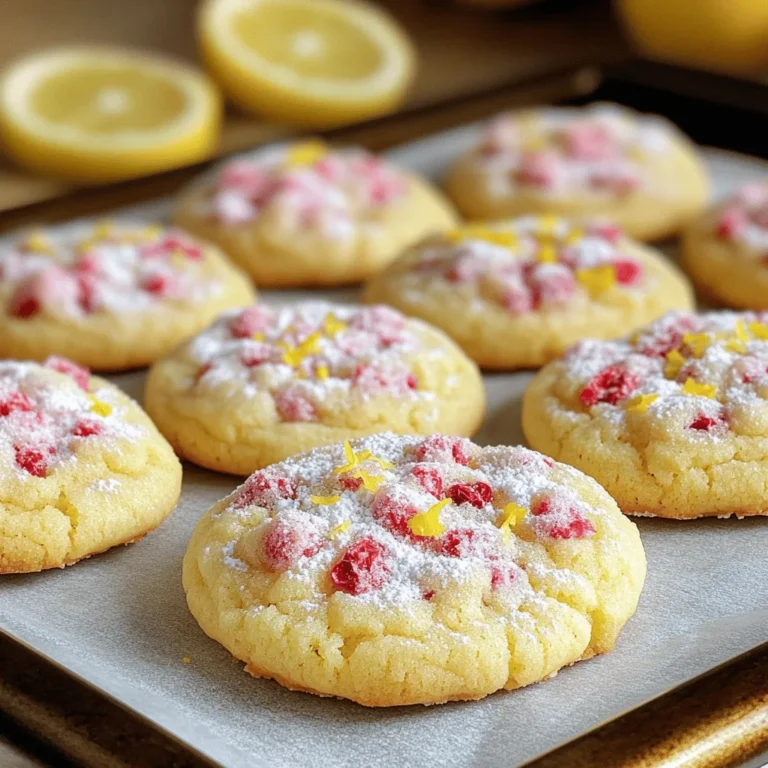 To make Strawberry Lemonade Sugar Cookies, gather these key ingredients: - 2 ¾ cups all-purpose flour - 1 teaspoon baking soda - ½ teaspoon baking powder - 1 teaspoon salt - 1 cup unsalted butter, softened - 1 ½ cups granulated sugar - 1 egg - 2 tablespoons fresh lemon juice - 1 tablespoon lemon zest - 1 teaspoon vanilla extract - ½ cup freeze-dried strawberries, crushed - 1 cup powdered sugar (for coating) - Extra lemon zest (for garnish) Make sure to measure your ingredients carefully. Use a kitchen scale for the flour. This gives you a precise amount, which can improve texture. Use a liquid measuring cup for the lemon juice. Accurate measurements ensure the perfect balance of flavors. Choose high-quality butter for a rich taste. Look for fresh lemons to get the best zest. When picking strawberries, go for the freeze-dried ones with vibrant color. Their flavor adds a punch to the cookies. Store your ingredients in a cool place to keep them fresh longer. Start by preheating your oven to 350°F (175°C). This step warms your oven for even baking. While the oven heats, prepare two baking sheets with parchment paper. This will help your cookies not stick. In a medium bowl, whisk together 2 ¾ cups of all-purpose flour, 1 teaspoon of baking soda, ½ teaspoon of baking powder, and 1 teaspoon of salt. Set this bowl aside for later. In a large bowl, use an electric mixer to cream 1 cup of softened unsalted butter with 1 ½ cups of granulated sugar. Mix until the mixture looks light and fluffy, which should take about 2-3 minutes. Next, add 1 egg, 2 tablespoons of fresh lemon juice, 1 tablespoon of lemon zest, and 1 teaspoon of vanilla extract to the butter and sugar mix. Beat these ingredients together until they are well combined. Now, gradually add your dry mixture to this wet mixture. Mix gently until just combined, avoiding overmixing. Finally, fold in ½ cup of crushed freeze-dried strawberries. These will add a burst of flavor. Shape your dough into rounded balls using a cookie scoop or a tablespoon. Place them 2 inches apart on the prepared baking sheets. Roll each cookie ball in powdered sugar to coat it completely. This gives your cookies a sweet and pretty outer layer. Bake them for 10-12 minutes. Look for lightly golden edges and soft centers. After baking, let the cookies cool on the baking sheet for 5 minutes. Then transfer them to a wire rack to cool completely. Once cooled, sprinkle extra lemon zest on top for a fresh pop of flavor. Enjoy your delicious strawberry lemonade sugar cookies! To get soft and chewy cookies, use room-temperature butter. This helps the sugar blend well. Cream the butter and sugar until light and fluffy. This step adds air, making your cookies rise. When adding dry ingredients, mix just until combined. Overmixing can lead to tough cookies. If you want a bit of crunch, you can bake them a minute longer. One big mistake is not measuring flour correctly. Too much flour can make the cookies dry. Use the spoon-and-level method to measure. Another mistake is skipping the chilling step. Chilling the dough for at least 30 minutes helps them hold their shape. Lastly, don’t skip the powdered sugar coating. It adds sweetness and keeps them moist. For an extra burst of flavor, add more lemon zest. You can also use lemon extract for a stronger taste. If you want a twist, try adding a pinch of sea salt. It enhances the sweetness. Mixing in a few chocolate chips can create a fun new flavor. Enjoy experimenting with your favorite tastes! {{image_2}} You can switch up the flavors of these cookies easily. Try using lime juice and zest instead of lemon. It gives a cool twist. You can also mix in crushed raspberries. They add a nice pink color and berry taste. For a tropical vibe, use coconut flakes. Coconut and lemon together taste amazing. Making these cookies gluten-free is simple. Just replace all-purpose flour with a gluten-free blend. Ensure it has xanthan gum for better texture. To make them vegan, swap the egg for a flax egg. Mix one tablespoon of ground flaxseed with three tablespoons of water. Let it sit for five minutes. Use vegan butter too, and you’re set! You can change these cookies with the seasons. In spring, add fresh mint for a refreshing taste. In fall, mix in pumpkin spice with the lemon for a cozy flavor. For winter, try adding a hint of peppermint extract. Each season brings a new twist to enjoy! To keep your Strawberry Lemonade Sugar Cookies fresh, store them in an airtight container. This helps to seal in moisture and flavor. You can layer the cookies with parchment paper to prevent them from sticking. Keep the container in a cool, dry place away from sunlight. Your cookies will stay tasty for up to one week this way. If you want to save some for later, freezing works well. First, let the cookies cool completely. Then, place them in a single layer on a baking sheet and freeze for about an hour. Once firm, transfer them to a freezer bag. Remove as much air as possible before sealing. You can freeze them for up to three months. Label the bag with the date for easy tracking. To enjoy your cookies warm, preheat the oven to 350°F (175°C). Place the frozen cookies on a baking sheet and heat for about 5-7 minutes. You can also use the microwave for a quick fix. Heat them for 10-15 seconds. Just be careful not to overheat, or they may become tough. Enjoy the warm, soft goodness! Store your cookies in an airtight container. This keeps them fresh longer. Place parchment paper between layers to prevent sticking. Keep them at room temperature for up to a week. For longer storage, use the fridge. Just remember to let them warm up before serving. You can use fresh strawberries, but they change the texture. Fresh strawberries add moisture, making cookies more cake-like. If you prefer the crunch and strong flavor, stick with freeze-dried strawberries. They blend well into the dough without adding extra liquid. To boost the lemon flavor, add more lemon zest or juice. Try using two tablespoons of lemon juice instead of one. You can even mix in some lemon extract for an extra kick. Just be careful not to overpower the sweet taste of the cookies. These cookies can last up to a week when stored properly. If you keep them in the fridge, they might last a bit longer. Just make sure to check for any signs of spoilage. If they lose their freshness, it’s best to enjoy them sooner rather than later. Yes, you can make the dough ahead of time! Chill it in the fridge for up to three days. When you're ready to bake, just scoop and roll the dough in powdered sugar. This saves you time on busy days and lets you enjoy fresh cookies whenever you want! This blog post covered everything you need for Strawberry Lemonade Sugar Cookies. We explored key ingredients, step-by-step baking methods, and helpful tips. You learned about variations to try, like gluten-free options. Also, storage and reheating facts keep your cookies fresh. I hope these ideas spark your own baking adventures. With a little practice, you can master these delicious treats and impress everyone. Happy baking!