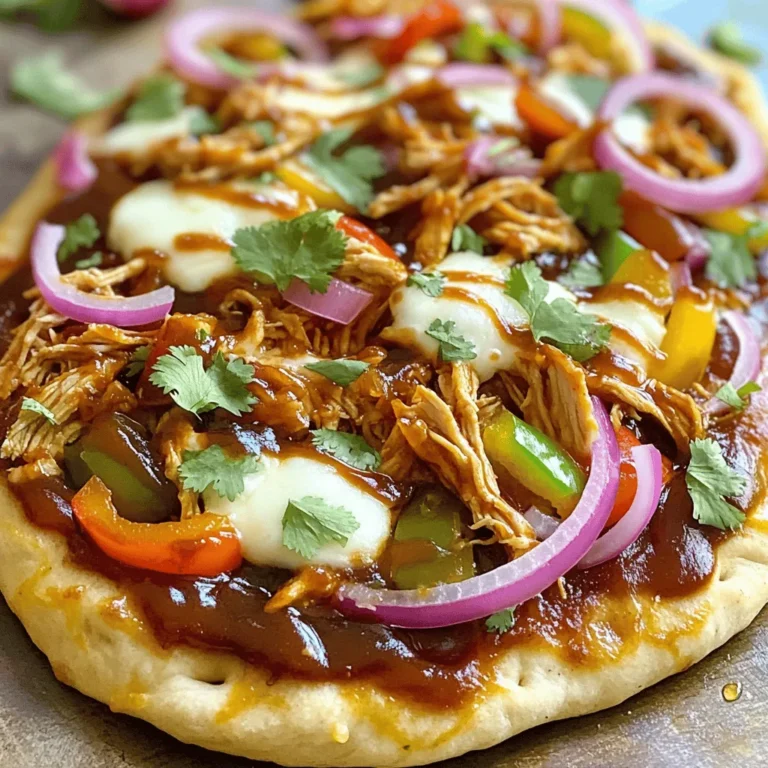 - 2 large flatbreads or naan - 1 cup cooked chicken, shredded - 1/2 cup BBQ sauce (your favorite flavor) - 1 cup shredded mozzarella cheese - 1/2 cup red onion, thinly sliced - 1/2 cup bell peppers, sliced (any color) - 1/4 cup fresh cilantro, chopped (for garnish) - 1 tablespoon olive oil - Salt and pepper to taste When I make BBQ Chicken Flatbread, I love to keep it simple. The key is to have fresh ingredients. I usually start with flatbreads or naan as my base. They are easy to find and add great flavor. I use cooked chicken. You can shred leftover chicken or use rotisserie chicken. It saves time and adds a nice taste. My favorite part is the BBQ sauce. I recommend choosing a flavor you love. It will make the flatbread shine. Next, I add mozzarella cheese. It melts beautifully and adds a creamy texture. Sliced red onions and bell peppers bring color. They add crunch and sweetness too. Finally, I always top it with fresh cilantro. It gives a bright finish. I also brush the flatbreads with olive oil, which helps them crisp up nicely. Don't forget to season with salt and pepper. Simple, yet full of flavor. - Combine shredded chicken with BBQ sauce. - Mix until chicken is fully coated. Start by taking your cooked chicken and shredding it into small pieces. You can use any leftover chicken or rotisserie chicken. Next, grab your favorite BBQ sauce and pour it over the chicken. Use a spoon or spatula to mix well. Make sure every piece of chicken gets coated in the sauce. This step is key for flavor. - Prepare flatbreads on a baking sheet. - Brush with olive oil, season with salt and pepper. - Spread BBQ chicken mixture, top with cheese, onions, and bell peppers. Now, lay your flatbreads on a baking sheet. If you have parchment paper, use it to avoid sticking. Brush each flatbread lightly with olive oil. This adds flavor and helps with browning. Season them with a pinch of salt and pepper. Next, take your BBQ chicken mix and spread it evenly over the flatbreads, leaving a small edge. After that, sprinkle shredded mozzarella cheese on top. Add thinly sliced red onion and bell peppers for crunch and color. - Preheat oven to 400°F (200°C). - Bake for 10-12 minutes until cheese is bubbly. - Cool slightly and garnish before serving. Preheat your oven to 400°F (200°C). Once ready, place the baking sheet in the oven. Bake for 10 to 12 minutes. Keep an eye on them; you want the cheese to be bubbly and slightly golden. When they are done, take them out and let them cool for a minute. Finally, garnish with fresh cilantro for a burst of flavor before slicing into wedges. Enjoy your tasty BBQ chicken flatbread! To make your BBQ chicken flatbread shine, focus on even sauce coverage. An even spread of BBQ sauce on your chicken keeps each bite tasty. Choose a mix of cheeses to boost flavor. Mozzarella pairs well with cheddar for a rich taste. Pair your flatbread with a fresh side salad. A light salad adds crunch and balances the meal. Dipping sauces like ranch or extra BBQ sauce can enhance each bite. For garnish, fresh cilantro adds color and a burst of flavor. You will need a baking sheet and parchment paper to prevent sticking. A mixing bowl and spatula make assembly easy. These tools help keep your kitchen neat while you cook. {{image_2}} You can make your BBQ chicken flatbread even better. Try adding jalapeños for heat. Pineapples can bring a sweet twist. Crumbled bacon adds a nice crunch. You can also swap BBQ sauces. Use a spicy sauce for more kick or a sweet one for a milder taste. Each option gives you a new flavor experience. Want a meatless meal? Swap the chicken for grilled veggies. Zucchini, bell peppers, and mushrooms work great. Tofu is another good choice. Just make sure to check your BBQ sauce. Some sauces have meat products, so choose a vegetarian-friendly option. This way, you can enjoy the same great taste without the meat. Flatbreads come in many forms. You can use store-bought flatbreads or make your own. Naan is soft and chewy, while pita offers a fun pocket. Focaccia has a nice thickness and great flavor. Each type of bread changes the texture and taste of your flatbread. Experiment with different options to find your favorite! To keep your BBQ chicken flatbread fresh, wrap it well. Refrigerate it for up to 3 days. This helps maintain the flavor and texture. When you’re ready to eat it, reheat in the oven or microwave. The oven gives the best crisp texture. Just warm it until the cheese is nice and melty. If you want a quick meal later, freeze unbaked flatbreads. This makes for an easy dinner option. Wrap the assembled flatbreads tightly in plastic wrap. Then, place them in a freezer bag. Label the bag with the date. You can enjoy them whenever you want! BBQ Chicken Flatbread is a tasty dish made with flatbreads or naan. Its main ingredients are: - 2 large flatbreads or naan - 1 cup cooked chicken, shredded - 1/2 cup BBQ sauce - 1 cup shredded mozzarella cheese - 1/2 cup red onion, thinly sliced - 1/2 cup bell peppers, sliced - 1/4 cup fresh cilantro, chopped - 1 tablespoon olive oil - Salt and pepper to taste This dish combines tender chicken with sweet and tangy BBQ sauce. The melted cheese adds creaminess, while the red onions and bell peppers bring crunch and color. Yes, you can prepare BBQ Chicken Flatbread ahead of time. You can cook the chicken and mix it with BBQ sauce in advance. Store this mixture in the fridge for up to two days. You can also slice the veggies early and keep them in a container. When ready to eat, simply assemble the flatbreads and bake. This method saves you time on busy weeknights. You can find BBQ Chicken Flatbread in many places. Popular chains like California Pizza Kitchen and Domino's offer this dish. Local pizzerias and casual dining spots often have their own versions, too. Check your area for restaurants that focus on flatbreads or BBQ dishes. They may offer unique toppings or flavors. Yes, you can use store-bought BBQ chicken for this recipe. It saves time and still tastes great. Many stores sell rotisserie chicken that you can shred. Be sure to pick a flavor you enjoy. Some BBQ sauces are sweeter, while others are spicier. Choose based on your taste preferences. BBQ Chicken Flatbread pairs well with many sides. Here are some suggestions: - A fresh garden salad - Coleslaw for crunch - Sweet potato fries - A cold drink, like iced tea or lemonade These sides add balance and enhance your meal. Enjoy mixing flavors and textures! This blog post explored how to make delicious BBQ Chicken Flatbreads. You learned about the ingredients, like chicken and cheese, and the easy steps to put it all together. I shared tips for perfecting your flatbread and ways to customize it. Whether you choose extra toppings or a vegetarian option, you can create a tasty meal. Storing leftovers is simple too. Now, get creative in the kitchen and enjoy this fun recipe!