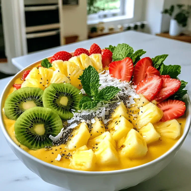 - 1 cup frozen pineapple chunks - 1 ripe banana - 1/2 cup coconut milk (or any plant-based milk) - 1/4 cup Greek yogurt (for creaminess) - 1 tablespoon honey or maple syrup (for sweetness) - 1/4 cup shredded coconut (unsweetened) - Fresh fruit for topping (like sliced kiwi, strawberries, or more pineapple) - 2 tablespoons chia seeds - Mint leaves for garnish When I make my Pineapple Coconut Smoothie Bowl, I start with the main ingredients. Frozen pineapple chunks are key for that refreshing taste. They bring a sweet, tropical flavor. I add a ripe banana for creaminess. It helps blend everything smoothly. Coconut milk gives it a rich, creamy base. You can use any plant-based milk you like. If you want an even creamier texture, Greek yogurt is a great choice. It adds protein and a nice thickness. For a touch of sweetness, I often add honey or maple syrup. Just a spoonful is enough to enhance the flavors. Now, let’s talk about toppings. I love unsweetened shredded coconut for that added crunch. Fresh fruit like kiwi or strawberries not only looks pretty but also adds more taste. Chia seeds are a little superfood that packs a punch. They add fiber and healthy fats. Lastly, a few mint leaves make it look fresh and inviting. Feel free to mix and match these ingredients. It’s all about what you enjoy! First, gather your ingredients. You will need frozen pineapple chunks, a ripe banana, coconut milk, Greek yogurt, and honey or maple syrup. 1. In a blender, combine: - 1 cup frozen pineapple chunks - 1 ripe banana - 1/2 cup coconut milk - 1/4 cup Greek yogurt (optional) - 1 tablespoon honey or maple syrup (optional) 2. Blend on high speed until smooth. The mix should be creamy and thick. Scrape down the sides if needed. After blending, taste your smoothie base. - If it needs more sweetness, add a bit more honey or syrup. - If it is too thick, splash in more coconut milk and blend again. This will help reach your desired thickness. Now, it’s time to serve! 1. Pour the smooth mix into a bowl. 2. Top your smoothie with: - 1/4 cup shredded coconut - Fresh fruit slices like kiwi, strawberries, or more pineapple - 2 tablespoons chia seeds - A few mint leaves for garnish Enjoy your refreshing and tasty bowl right away! To make a great smoothie bowl, frozen fruit is key. It gives your smoothie a thick, creamy feel. I use frozen pineapple chunks because they blend well and add that tropical taste. To balance thickness and creaminess, blend the fruit with coconut milk. If it’s too thick, add a splash more milk. Blend until smooth, but not too runny. Choosing the right sweetener is important for flavor. I like to use honey or maple syrup. They add natural sweetness without being too much. If you follow a different diet, try stevia or agave syrup. These sweeteners can fit well into many diets and still taste great. You can boost your smoothie bowl with superfoods. Adding spinach or protein powder gives extra nutrients. Chia seeds are another great choice. They add fiber and omega-3s. Coconut also brings healthy fats to your bowl. Together, these ingredients make your smoothie not just tasty but also good for you. {{image_2}} You can make your smoothie bowl even better. Try adding mango or papaya for a new twist. Both fruits bring a sweet, tropical flavor that pairs well with pineapple. Just add about a half cup of either fruit to your mix. Also, feel free to swap out the coconut milk. Almond or cashew milk work great too. Each nut milk gives a unique taste that can change your bowl's vibe. You can experiment with different flavors until you find your favorite. If you want a vegan smoothie, skip the Greek yogurt. Use more coconut milk instead. This keeps the creamy texture while staying plant-based. You can also add a scoop of nut butter for creaminess and flavor. For dairy-free options, just stick to the coconut milk. You can also use dairy-free yogurt if you want that extra creaminess. This way, everyone can enjoy a tasty smoothie bowl. Seasonal fruits can really brighten your bowl. In summer, use berries like strawberries or blueberries. They add color and taste. In fall, try sliced apples or pears for a crunchy texture. For garnish, think outside the box. Crushed nuts or seeds can add crunch. Edible flowers can make your bowl look fancy. Get creative and have fun with your toppings! To store leftover smoothie, pour it into a sealed container. Keep it in the fridge. It stays good for one day. Stir before drinking again. If it separates, just mix it up. For best taste, enjoy it fresh. You can freeze portions for later. Pour the smoothie base into ice cube trays. Once frozen, pop the cubes into a bag. This way, you can use just what you need. To defrost, leave the cubes in the fridge overnight. You can also blend them with a bit of coconut milk for a quick treat. Know the shelf life of your ingredients. Frozen pineapple lasts for about six months. Bananas stay fresh for about a week. Coconut milk can last up to a month when opened. Be aware of signs of spoilage. If your smoothie smells off or changes color, it is best to throw it out. Always check before enjoying your tasty treat! Yes, you can skip the banana. It adds creaminess and sweetness. If you remove it, try adding avocado or extra yogurt for a thick texture. You can also use an extra half cup of frozen pineapple to keep the flavor balanced. You can mix and match toppings to suit your taste. Here are some fun ideas: - Sliced almonds or walnuts for crunch - Granola for added texture - Different fruits like blueberries or raspberries - A drizzle of nut butter for richness To boost the filling factor, try adding: - A scoop of protein powder - Oats or muesli for extra fiber - More chia seeds, which absorb liquid and expand These additions keep you satisfied for longer. Yes! You can prepare the smoothie base ahead. Blend it, then store it in the fridge for one day. Just stir before serving. You can also prep toppings in advance, but keep them separate for freshness. You can use fresh pineapple, but the bowl may lack the thick texture. If you use fresh, add some ice to the blender. This helps create the frozen smoothie feel. You can also chill the fresh pineapple before blending. This blog post covered how to create a delicious smoothie bowl. We started with key ingredients like frozen pineapple, ripe banana, and coconut milk. You learned how to blend and adjust flavors for the perfect mix. We shared tips for toppings, variations, and storage too. Remember, feel free to customize your bowl to fit your taste and needs. Enjoy creating fun, tasty meals that are good for you!