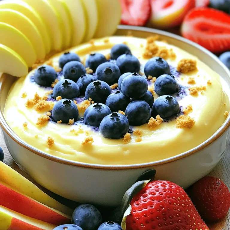 To make this tasty dip, gather these simple items: - 8 oz cream cheese, softened - 1/2 cup Greek yogurt - 1/3 cup powdered sugar - 2 tablespoons fresh lemon juice - Zest of 1 lemon - 1 cup fresh blueberries - 1/2 teaspoon vanilla extract - Graham cracker crumbs or fruit for dippers (like sliced apples, strawberries, or pretzels) For the best creamy texture, I recommend using full-fat cream cheese. Brands like Philadelphia or Kraft work great. For Greek yogurt, look for Fage or Chobani, as they have a rich taste. When it comes to powdered sugar, any brand will do, but make sure it’s fresh for the best flavor. Fresh blueberries are key, so choose plump, ripe ones from your local market. If you want to change things up, try these swaps: - Use mascarpone cheese for a richer dip. - Swap Greek yogurt for sour cream for a tangy taste. - Add a bit of honey instead of powdered sugar for sweetness. - For a fruity twist, mix in strawberries or raspberries instead of blueberries. These options allow you to tailor the dip to your taste! To make Lemon Blueberry Cheesecake Dip, gather all your ingredients first. You need cream cheese, Greek yogurt, powdered sugar, lemon juice, lemon zest, blueberries, and vanilla extract. Having everything ready makes mixing easier. This recipe takes about 10 minutes to prep. 1. Start by placing the softened cream cheese in a large mixing bowl. 2. Add the Greek yogurt, powdered sugar, lemon juice, lemon zest, and vanilla extract. 3. Use an electric mixer to blend these ingredients. Mix on medium speed for about 2-3 minutes. The goal is to have a smooth and creamy texture. Check for lumps; they should not be there. 4. Now, gently fold in the fresh blueberries. Save a few berries for later use as a garnish. 5. Spoon the dip into a serving bowl. Sprinkle the reserved blueberries on top for a pop of color. 6. For added flair, lightly dust graham cracker crumbs over the dip. 7. Chill the dip in the fridge for at least 30 minutes. This helps flavors combine well. - Always use softened cream cheese. It mixes much better than cold cream cheese. - If you don’t have an electric mixer, you can use a whisk. Just be prepared to mix longer. - Be gentle when folding in the blueberries. You don’t want to crush them too much. - Taste the dip before serving. You can adjust sweetness by adding more powdered sugar if needed. To get a creamy dip, start with softened cream cheese. This helps to mix it well with Greek yogurt. Blend the mixture for about 2-3 minutes. This ensures no lumps remain. If your dip is too thick, add a little more Greek yogurt. If it’s too runny, chill it longer. The coolness helps it thicken. You can serve this dip with many tasty dippers. Graham crackers are a classic choice. They add crunch and sweetness. Fresh fruit like sliced apples or strawberries works great, too. For a salty twist, try pretzels. Each dipper adds a new flavor. Mix and match to find your favorite! You can make this dip ahead of time. Prepare it a day before and chill in the fridge. This allows the flavors to blend well. For a bolder taste, add extra lemon zest. You can also stir in a bit of blueberry jam for added sweetness. Just remember to garnish with fresh blueberries before serving! {{image_2}} You can change the fruit in this dip. Berries work great, but consider others too. Try strawberries, raspberries, or blackberries. Each fruit adds its own special flavor. You can even mix different fruits for a fun twist. Fresh peaches or diced mango can also bring a tasty change. If you want something different, think about adding chocolate. You can mix in mini chocolate chips for a sweet touch. Nut butter is another option. A swirl of creamy peanut butter or almond butter can give a new taste. You can also add spices like cinnamon for warmth or a hint of nutmeg for a cozy flavor. To make a lighter dip, swap cream cheese for Greek yogurt. This keeps the dip creamy but cuts calories. You can also reduce the sugar. Use honey or maple syrup instead of powdered sugar. For a fruity boost, add mashed bananas or pureed avocado. These swaps keep your dip tasty and healthy! To keep your Lemon Blueberry Cheesecake Dip fresh, store it in an airtight container. This helps to keep the flavors alive and avoid any drying out. Make sure the lid fits snugly. You can also cover the dip with plastic wrap if you prefer. If you want to freeze your dip, it's simple. Place it in a freezer-safe container. Leave some space at the top, as the dip may expand when frozen. When you’re ready to eat, thaw it in the fridge overnight. Stir it well before serving. Your dip can last for about 3-5 days in the fridge. Check for changes in smell or texture. If it starts to look watery or smells off, it's best to toss it. Always prioritize safety when it comes to food. Enjoy your dip while it’s fresh for the best taste! You can use many tasty options. Fresh fruit works great. Try sliced apples or strawberries. Pretzels add a nice crunch too. You can even use cookies for a sweet twist. Each dipper gives a fun flavor. Mix and match to find your favorite! Yes, you can make this dip vegan! Swap cream cheese for a plant-based version. Use coconut yogurt instead of Greek yogurt. Instead of powdered sugar, use a vegan sweetener. These changes will keep the taste yummy and fresh! This dip can last up to three days in the fridge. Make sure to cover it well. If it looks or smells off, it's best to toss it. Enjoy this treat while it's fresh for the best taste! You now have all the tools to make a great Lemon Blueberry Cheesecake Dip. We covered ingredients, step-by-step instructions, and helpful tips to get it just right. You can customize the dip with different fruits and flavors to match your taste. Remember to store leftovers properly or freeze them for later. With these ideas, you can enjoy this dip in many ways. Get creative, and don’t be afraid to try new things. Enjoy every bite of your delicious creation!