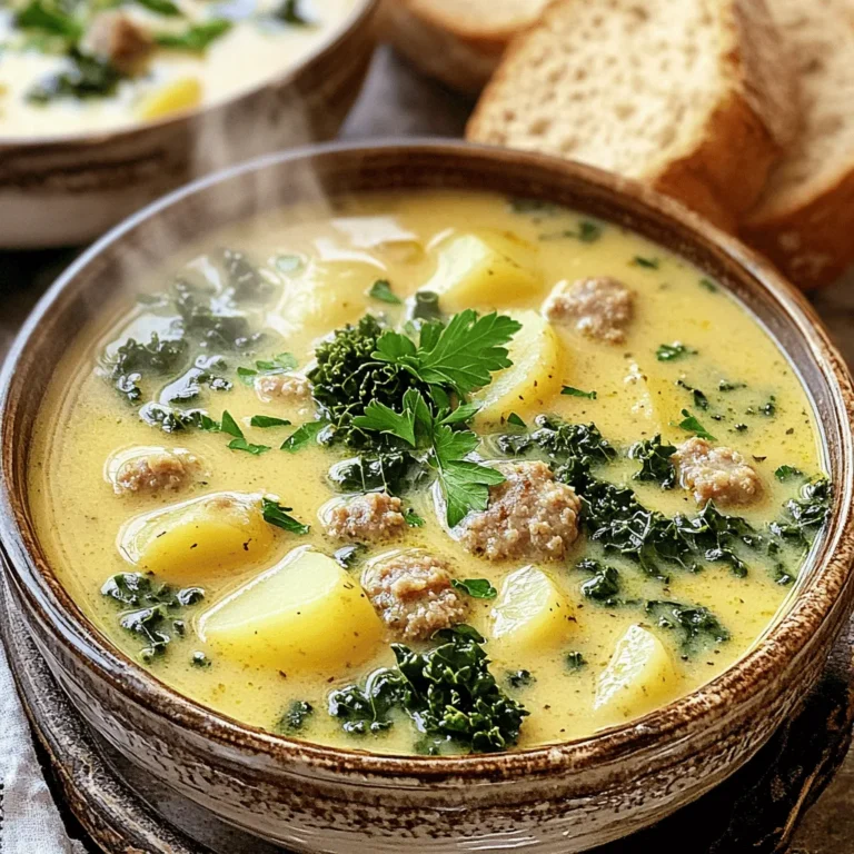 To make Cozy Creamy Sausage Potato Kale Soup, you need some simple, fresh items: - 1 lb Italian sausage (choose mild or spicy) - 4 medium potatoes, diced - 1 onion, finely chopped - 3 cloves garlic, minced - 4 cups chicken or vegetable broth - 1 cup heavy cream - 4 cups kale, chopped - 2 tablespoons olive oil - 1 teaspoon dried thyme - 1 teaspoon smoked paprika - Salt and pepper to taste - Fresh parsley for garnish Each ingredient brings its own flavor. The sausage adds richness. Potatoes give heartiness. Kale adds a green touch and nutrition. Feel free to mix things up! You can try different types of sausage, like turkey or chicken sausage, for a lighter meal. If you want a vegetarian option, use mushrooms to replace the sausage. For the broth, chicken gives a strong flavor while vegetable broth keeps it lighter. Garnish makes the soup look nice. You can add: - Fresh parsley for a pop of color - Grated cheese for extra creaminess - Croutons for crunch These little touches can make your soup stand out and taste even better! Gather all your ingredients first. This makes cooking smoother. You’ll need: - 1 lb Italian sausage - 4 medium potatoes, diced - 1 onion, finely chopped - 3 cloves garlic, minced - 4 cups chicken or vegetable broth - 1 cup heavy cream - 4 cups kale, chopped - 2 tablespoons olive oil - 1 teaspoon dried thyme - 1 teaspoon smoked paprika - Salt and pepper to taste - Fresh parsley for garnish Start by washing the potatoes and chopping them into small cubes. Next, finely chop the onion and mince the garlic. If you like, you can prepare the kale by removing the stems and cutting the leaves into bite-sized pieces. Heat the olive oil in a large pot over medium heat. Add the chopped onion and garlic, stirring them until the onions turn translucent, which takes about 3-4 minutes. Next, add the Italian sausage. Break it into smaller pieces while it cooks. Sauté the sausage until it’s browned and cooked through, which should take about 5-7 minutes. Once the sausage is ready, stir in the diced potatoes, dried thyme, and smoked paprika. Cook this mixture for about 2 minutes to let the flavors meld. Now, pour in the chicken or vegetable broth. Stir well, then bring the mixture to a boil. After it boils, lower the heat and let it simmer. You want to cook until the potatoes are tender, which takes about 15-20 minutes. When the potatoes are cooked, stir in the chopped kale and heavy cream. Simmer this for another 5 minutes. This will wilt the kale and heat the soup through. Finally, season the soup with salt and pepper to taste. If you like a thicker soup, mash some of the potato pieces with a potato masher. To enhance the flavor, try adding a splash of lemon juice before serving. This brightens the dish. For creaminess, avoid boiling the soup after adding the cream. This keeps it smooth and rich. Use a good-quality broth. It makes a big difference in taste. For cooking equipment, a heavy pot or Dutch oven works best. It distributes heat evenly. Enjoy your cozy creamy sausage potato kale soup! To make your soup truly shine, focus on fresh ingredients. I love using fresh garlic and onion. They add a nice base flavor. For the sausage, choose mild or spicy Italian sausage based on your taste. Add a splash of lemon juice for brightness. You can also sprinkle some fresh herbs, like thyme or parsley, right before serving. This boosts the flavor and adds color. Creaminess is key in this soup. I use heavy cream for that rich texture. If you want a lighter option, swap in half-and-half. For a vegan version, use coconut milk. To thicken the soup, mash a few potato pieces with a potato masher. This will give you a nice, creamy consistency without losing the chunky feel. A large pot or Dutch oven works best for this soup. It heats evenly and holds heat well. A wooden spoon is great for stirring. You’ll also need a potato masher if you want that thicker texture. Finally, have a sharp knife for chopping your veggies. Good tools make cooking easier and more fun! {{image_2}} You can easily make this soup vegetarian. Start by swapping the Italian sausage with plant-based sausage. Look for brands that offer great flavor. You can also use mushrooms for a hearty texture. For the broth, choose vegetable broth instead of chicken broth. This keeps the soup rich without meat. Use coconut cream instead of heavy cream. It adds creaminess and a hint of sweetness. Kale remains a great choice since it holds up well. If you want a low-carb option, replace potatoes with cauliflower. Cauliflower gives a similar texture without the carbs. You can also use zucchini or turnips for a nice twist. For the cream, try using almond milk or unsweetened coconut milk. These options keep the soup light. Don’t forget to adjust your seasonings to match the different flavors. This will help keep the soup tasty and satisfying. You can play with the seasonings to match your taste. If you like spice, add a pinch of red pepper flakes. This will give the soup a nice kick. For a smoky flavor, try adding more smoked paprika. You can also add fresh herbs like basil or dill for brightness. Taste as you go, and adjust salt and pepper as needed. This way, you create a soup that feels just right for you. To keep your Cozy Creamy Sausage Potato Kale Soup fresh, let it cool first. Once cool, transfer it to an airtight container. Make sure to store it in the fridge. It stays good for about 3 to 4 days. If you want to keep it longer, consider freezing it. When you're ready to enjoy the soup again, you can reheat it on the stove. Pour the soup into a pot and warm it over low heat. Stir it often to prevent sticking. You can also use the microwave. Place the soup in a microwave-safe bowl and heat in short bursts, stirring in between. This will help it heat evenly. If you freeze the soup, it can last up to 3 months. Use freezer-safe containers or bags, leaving some space for expansion. When you want to eat it, thaw it in the fridge overnight. After thawing, reheat as mentioned above. If the soup looks thick after freezing, add a splash of broth or cream to loosen it up. This soup lasts about 3 to 4 days in the fridge. Store it in an airtight container to keep it fresh. If you notice any change in smell or color, it's best to toss it out. Yes, you can make this soup in advance. It tastes even better the next day! Just let it cool, then store it in the fridge. When you're ready to eat, heat it up on the stove. You can serve this soup with crusty bread or a fresh salad. A sprinkle of cheese on top adds nice flavor too. Pair it with a glass of white wine for a cozy meal. This blog post covered how to make Cozy Creamy Sausage Potato Kale Soup. We explored the key ingredients and tasty variations. I shared easy steps for preparation and cooking. You learned some helpful tips for flavor and creaminess. We also discussed storage methods and answered common questions. In closing, this soup is a warm hug on a cold day. Enjoy each bowl and make it your own!
