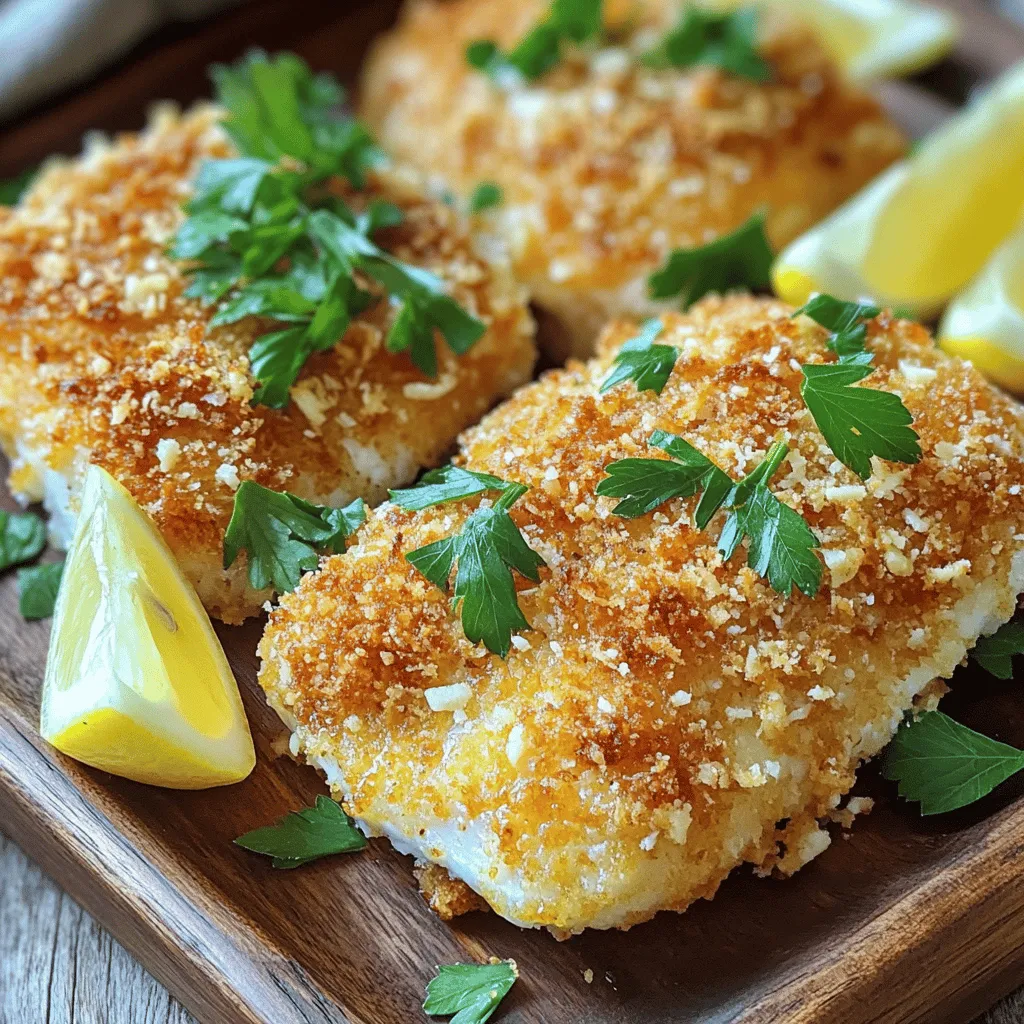 - 4 tilapia fillets - 1 cup grated Parmesan cheese - 1/2 cup breadcrumbs (preferably panko for extra crunch) - 2 tablespoons fresh parsley, chopped - 1 teaspoon garlic powder - 1 teaspoon onion powder - 1/2 teaspoon paprika - Salt and pepper to taste - 2 tablespoons lemon juice - 1/4 cup melted butter Choosing fresh tilapia is key for great taste. Look for fish that is firm and has a mild smell. Fresh tilapia should have a shiny appearance and bright eyes. Always buy from a trusted source to ensure quality. Fresh herbs make a big difference in flavor. Use parsley that is vibrant and green. Dried herbs can work, but fresh gives a better taste. If you need gluten-free options, try gluten-free breadcrumbs. They work well in this recipe. You can find them at most grocery stores. For those who avoid dairy, look for dairy-free cheese. Many brands offer great alternatives. They can provide a similar taste and texture to Parmesan. - Preheat the oven to 400°F (200°C). - Prepare a baking sheet by lining it with parchment paper. This helps with easy cleanup later. - In a shallow bowl, mix together the grated Parmesan cheese, breadcrumbs, chopped parsley, garlic powder, onion powder, paprika, salt, and pepper. Stir well so all the dry ingredients blend evenly. - In another bowl, combine the melted butter and lemon juice. - Dip each tilapia fillet into the butter-lemon mixture, making sure the fish is well coated. - Next, take the buttered fillet and press it into the Parmesan breadcrumb mixture. This helps ensure the coating sticks well. - Place the coated fillets on the baking sheet. - Bake in the preheated oven for about 15-20 minutes. You know it’s done when the tilapia is cooked through and the crust is golden brown and crispy. - To check for doneness, use a fork to flake the fish; it should be opaque and separate easily. To make the best crust, use panko breadcrumbs. They give a nice crunch. Mix the dry ingredients well. This helps the flavors blend. When coating, press the mixture firmly onto the fish. This keeps the crust from falling off during cooking. Serve your tilapia with bright sides. Sautéed vegetables or a light salad work well. For a pop of color, garnish with lemon wedges and fresh parsley. This makes your dish look inviting and fresh. Avoid overbaking the fish. Check it at 15 minutes. The fish should be flaky and not dry. Handle the fish gently to keep it intact. This way, your tilapia stays beautiful and tasty. {{image_2}} Spices for a kick You can spice up your tilapia with some heat. Try adding cayenne pepper or chili powder. A touch of cumin can also add depth. These spices bring warmth and make the dish exciting. Herbs for different flavor profiles Fresh herbs can change the taste of your dish. Basil and oregano give a nice Italian twist. For a fresh taste, try dill or cilantro. Each herb adds its own unique flavor. Making Parmesan crusted tilapia in an air fryer Using an air fryer is quick and easy. Coat the fillets just as you would for baking. Set the air fryer to 375°F (190°C) and cook for about 10-15 minutes. The crust will be crispy without much oil. Grilling vs. baking Grilling adds a smoky flavor. To grill, preheat your grill and oil the grates. Cook the fillets for about 4-5 minutes on each side. Baking is easier for a more consistent cook. You can choose based on your mood! Mediterranean twists For a Mediterranean flair, add lemon zest and olives to the topping. You can serve it with a side of couscous for a complete meal. This twist makes it fresh and bright. Asian-style variations An Asian twist includes soy sauce and sesame seeds. Mix these into your breading for a unique flavor. Serve with steamed rice and broccoli for a full meal that is both tasty and different. To keep your Parmesan crusted tilapia fresh, store it in the fridge. Place the fillets in an airtight container. Make sure to cover them tightly. This helps keep the fish moist and tasty. If you want to freeze it, wrap each fillet in plastic wrap. Then, place them in a freezer-safe bag. Squeeze out as much air as you can to avoid freezer burn. When reheating, you want to keep that crispy crust. The best way is to use an oven. Preheat it to 350°F (175°C). Place the tilapia on a baking sheet and cover it lightly with foil. Heat for about 10-15 minutes. This method keeps the crust crunchy. If you use a microwave, the crust may get soggy. Heat it in short bursts, checking often. If you store cooked tilapia in the fridge, it lasts about 3 days. Always check for signs of spoilage. Look for any off smells or changes in texture. If the fish feels slimy or has a strong odor, it's best to throw it away. Parmesan crusted tilapia is a delicious fish dish. It features a crispy topping made of Parmesan cheese and breadcrumbs. This dish is easy to make and packed with flavor. You will love how the cheese adds depth to the light tilapia. Here are the main ingredients in this dish: - 4 tilapia fillets - 1 cup grated Parmesan cheese - 1/2 cup breadcrumbs (preferably panko for extra crunch) - 2 tablespoons fresh parsley, chopped - 1 teaspoon garlic powder - 1 teaspoon onion powder - 1/2 teaspoon paprika - Salt and pepper to taste - 2 tablespoons lemon juice - 1/4 cup melted butter Yes, you can use other fish! Salmon, cod, or haddock work well as substitutes. The key is to choose a fish that cooks evenly and stays moist. For a mild flavor, stick to white fish like cod. If you want a richer taste, go for salmon. Adjust cooking time based on the thickness of the fillet. Thicker fish may need more time, while thinner fish may cook faster. Parmesan crusted tilapia can be a healthy choice. Tilapia is low in calories and high in protein. It has essential nutrients like omega-3 fatty acids. Here’s a quick look at its benefits: - Low in fat - Rich in protein - Contains vitamins B12 and D This dish can fit well in a balanced diet. Just watch the butter and cheese portions to keep it light. In this blog post, we explored how to make Parmesan crusted tilapia, covering ingredients, preparation, and cooking tips. Key elements include using fresh tilapia and the right herbs. I shared advice on alternative ingredients and methods, ensuring you can adapt this dish to suit your needs. Perfecting the crust and avoiding common mistakes will elevate your cooking. With the right techniques, you can serve a delicious meal that impresses anyone. I hope this inspires you to enjoy making and sharing this tasty dish!