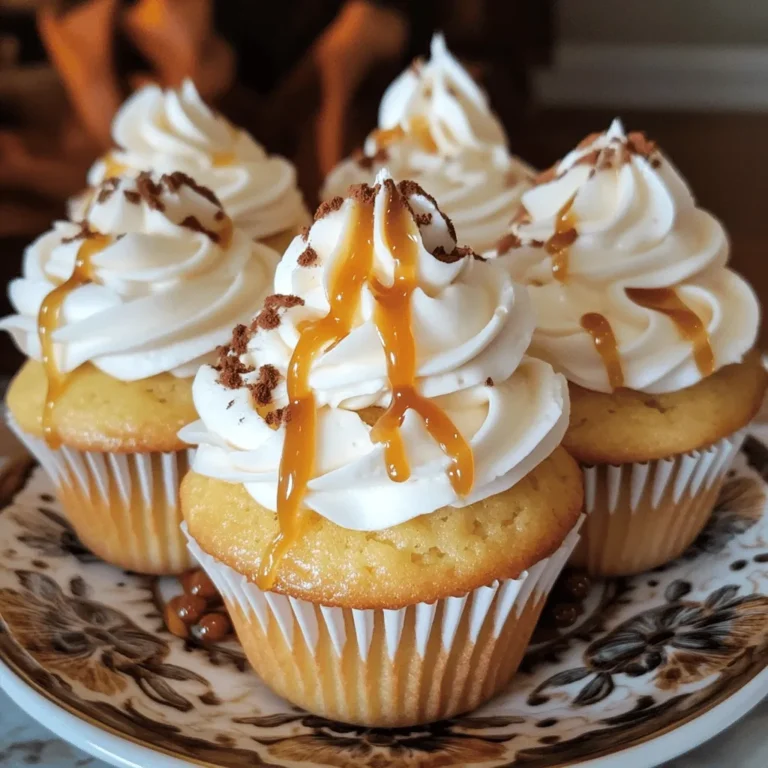 To make delicious caramel macchiato cupcakes, gather these items: - 1 ½ cups all-purpose flour - 1 cup granulated sugar - ½ cup unsalted butter, softened - 2 large eggs - ½ cup milk (or brewed coffee for extra flavor) - 2 teaspoons baking powder - ½ teaspoon salt - 1 teaspoon vanilla extract - 1 tablespoon espresso powder (dissolved in 1 tablespoon hot water) - ½ cup caramel sauce (store-bought or homemade) - 1 cup heavy cream (for frosting) - 2 tablespoons powdered sugar (for frosting) - Additional caramel sauce for drizzling When measuring flour, spoon it into the cup and level it off. Avoid packing it down. Use a kitchen scale for accuracy if you have one. For liquids, use a clear measuring cup with a spout. This helps prevent spills. Always check that your ingredients are fresh for the best taste. If you need alternatives, here are some ideas: - Use coconut oil instead of unsalted butter for a dairy-free option. - Swap milk with almond milk for a nut-free choice. - Replace granulated sugar with coconut sugar for a lower glycemic index. - If you don’t have espresso powder, instant coffee works well too. Just dissolve it in hot water like espresso powder. Start by preheating your oven to 350°F (175°C). This heat helps the cupcakes rise well. Next, line a muffin pan with cupcake liners. This makes it easy to remove the cupcakes later. In a medium bowl, whisk together 1 ½ cups of all-purpose flour, 2 teaspoons of baking powder, and ½ teaspoon of salt. Set this aside for later. In a large mixing bowl, beat ½ cup of softened unsalted butter with 1 cup of granulated sugar until it looks light and fluffy, which takes about 3-4 minutes. Add in 2 large eggs, one at a time, mixing well after each addition. Then, stir in 1 tablespoon of dissolved espresso powder, ½ cup of milk (or brewed coffee for more flavor), and 1 teaspoon of vanilla extract. Mix everything until it's well combined. Gradually add the dry mix to the wet mix and stir until just combined. Be careful not to overmix. Now, divide the batter evenly among the lined cupcake cups. Fill them about two-thirds full. This allows room for them to rise. Place the pan in the preheated oven and bake for 18-20 minutes. To check if they are done, insert a toothpick in the center. If it comes out clean, they are ready. After baking, let the cupcakes cool in the pan for about 5 minutes. Then, move them to a wire rack to cool completely. For the frosting, whip 1 cup of heavy cream with 2 tablespoons of powdered sugar until stiff peaks form. Once the cupcakes are cool, frost each one generously with the whipped cream. Finally, drizzle some caramel sauce on top for that extra sweet touch. If you want to impress, serve them on decorative plates with a few espresso beans or a sprinkle of cocoa powder. To get fluffy cupcakes, start by creaming the butter and sugar well. Beat them for 3-4 minutes until light. Use room temperature butter for the best results. When adding eggs, add them one at a time. Mix just until combined when adding dry ingredients. Overmixing can make your cupcakes dense. For the perfect frosting, whip the heavy cream until stiff peaks form. This gives it a nice, thick texture. Add powdered sugar slowly to control sweetness. Taste your frosting and adjust if needed. If you want a richer flavor, mix in a bit of caramel sauce. This adds a lovely hint of sweetness. For decoration, drizzle extra caramel sauce on top. This adds a beautiful visual and extra taste. You can also sprinkle cocoa powder or place espresso beans on top. Use decorative plates to make your cupcakes stand out. Have fun with it, and let your creativity shine! {{image_2}} To make mocha caramel macchiato cupcakes, add cocoa powder. Use 1/3 cup of unsweetened cocoa powder with the flour. This gives a rich chocolate flavor. You can also swap half the milk with brewed coffee. This will enhance the coffee taste. Top with chocolate shavings for extra flair. For a vegan version, replace eggs with flax eggs. Mix 1 tablespoon of flaxseed meal with 3 tablespoons of water. Let it sit for 5 minutes. Use almond or soy milk instead of regular milk. For gluten-free options, swap all-purpose flour with a gluten-free blend. Ensure your baking powder is gluten-free too. You can add extra flavors to your cupcakes easily. Try adding a teaspoon of cinnamon for warmth. A splash of almond extract can give a lovely twist. If you like nuts, fold in chopped pecans or walnuts into the batter. For a fruity touch, add a few drops of caramelized banana puree. Each of these add-ins can elevate your cupcakes to a new level. To keep your caramel macchiato cupcakes fresh, store them in an airtight container. This helps maintain moisture and flavor. Place a piece of wax paper between layers to prevent sticking. Keep the container in a cool, dry place. Avoid direct sunlight or heat sources, as they can dry out the cupcakes. Freezing cupcakes is easy and a great way to save them. First, let your cupcakes cool completely. Then, wrap each cupcake in plastic wrap. Make sure they are tightly wrapped to prevent freezer burn. Place the wrapped cupcakes in a freezer-safe bag or container. They can last up to three months in the freezer. When ready to enjoy, thaw them in the fridge overnight. Caramel macchiato cupcakes stay fresh for about three days at room temperature. If you store them in the fridge, they can last up to a week. Freezing extends their shelf life for up to three months. Always check for any signs of spoilage before enjoying them. Happy baking! Yes, you can make these cupcakes ahead of time. Bake them and let them cool completely. Store them in an airtight container at room temperature for up to two days. You can also freeze them for longer storage. Just thaw them before frosting. This way, you can enjoy fresh treats anytime! If you don't have espresso powder, you can use instant coffee. Dissolve one tablespoon of instant coffee in a tablespoon of hot water. This will give you a similar flavor. You can also use brewed coffee in place of milk for a stronger coffee taste. To make the cupcakes less sweet, reduce the sugar in the batter. Try cutting it down to three-quarters of a cup. You can also skip the caramel drizzle on top. If you use unsweetened whipped cream for frosting, that can balance the sweetness too. Enjoy your cupcakes just the way you like them! You now have all the tools to bake delicious cupcakes. We covered ingredients, tips, and fun variations. Don’t forget to prep your oven right and mix the batter well for fluffy results. Remember, you can store cupcakes for later enjoyment. Experiment with different flavors and styles to find your favorite. These steps and ideas will make your baking journey enjoyable and tasty. Dive in and start creating sweet treats!