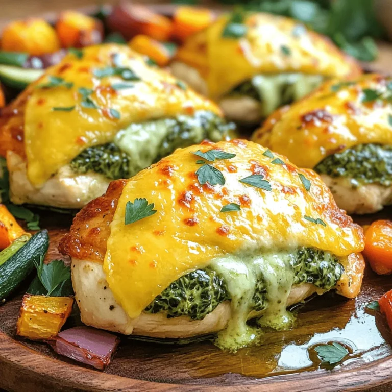 - 4 boneless, skinless chicken breasts - 2 cups fresh spinach, chopped - 1 cup cream cheese, softened - 1 cup shredded mozzarella cheese - 1/2 cup grated Parmesan cheese - 2 cloves garlic, minced - 1 teaspoon Italian seasoning - Salt and pepper to taste - 2 tablespoons olive oil - 1/2 teaspoon red pepper flakes (optional) - Fresh parsley for garnish This dish is rich in protein and calcium. Each serving has about: - Calories: 400 - Protein: 35g - Carbohydrates: 5g - Fat: 28g - Fiber: 1g The spinach adds vitamins A and K. Cheese provides a good source of calcium. You can change ingredients to fit your taste. Here are some ideas: - Use ricotta cheese instead of cream cheese for a lighter filling. - Swap mozzarella for cheddar for a sharper flavor. - Try kale instead of spinach for a different texture. - If you can't find fresh spinach, frozen spinach works too; just thaw and drain it well. These substitutions keep the dish tasty while fitting your needs. 1. Preheat the oven to 375°F (190°C). This helps cook the chicken evenly. 2. Make the stuffing: In a bowl, mix chopped spinach, cream cheese, mozzarella, and Parmesan. Add minced garlic, Italian seasoning, salt, and pepper. If you like spice, add red pepper flakes. Stir until everything blends well. 3. Prepare the chicken: Place each chicken breast between plastic wrap. Use a meat mallet or rolling pin to pound them to 1/2 inch thick. This helps them cook evenly. 4. Season the chicken: Sprinkle salt and pepper on both sides of the chicken breasts. This adds flavor. 5. Stuff the chicken: Take a chicken breast and add a generous scoop of the spinach mix in the center. Fold the sides over the filling and roll it tightly. Use toothpicks to secure it if needed. Repeat for the other breasts. 6. Sear the chicken: In a large oven-safe skillet, heat olive oil over medium-high heat. Add the stuffed chicken and cook for 3-4 minutes on each side until golden brown. This gives it a nice crust. 7. Roast the chicken: Transfer the skillet to the preheated oven. Bake for 25-30 minutes, or until the chicken reaches 165°F (74°C) inside. This ensures it is safe to eat. 8. Rest the chicken: Once done, take it out and let it rest for a few minutes. This helps the juices stay inside. Carefully remove any toothpicks used. 9. Slice and serve: Cut each chicken breast in half to show off the cheesy spinach filling. 10. Garnish: Sprinkle fresh parsley on top for color and flavor. Serve on a large platter. Drizzle with olive oil if you like. Pair it with roasted veggies or a light salad for a full meal. To stuff chicken breasts well, start with even thickness. Place each breast between plastic wrap. Use a meat mallet to pound them flat, about 1/2 inch thick. This helps the chicken cook evenly. After seasoning, take a generous amount of the spinach mixture. Place it in the center of the chicken. Fold the sides over the filling and roll it tightly. Secure with toothpicks if you need to. This keeps the stuffing inside while cooking. Searing the chicken before baking adds great flavor. Heat olive oil in a skillet on medium-high heat. Add the stuffed chicken, cooking for 3-4 minutes on each side. Look for a golden brown color before moving it to the oven. Baking at 375°F ensures the chicken cooks through. Use a meat thermometer to check for doneness. The internal temperature should reach 165°F. This guarantees juicy chicken and melted cheese. One common mistake is overstuffing the chicken. Too much filling can make it hard to roll and seal. Another mistake is not pounding the chicken evenly. Uneven thickness can lead to some parts being overcooked. Also, don’t skip the resting step after baking. Letting the chicken rest for a few minutes helps the juices redistribute. Lastly, always check the internal temperature. This helps avoid undercooked chicken, which can lead to food safety issues. {{image_2}} You can make Cheesy Spinach Stuffed Chicken Breast healthier. Use low-fat cream cheese instead of regular. This cuts calories without losing taste. You can also swap mozzarella for a part-skim version. Fresh herbs can add flavor too. Try adding basil or dill for a fresh twist. Want more flavor? Add a squeeze of lemon juice to the stuffing. This brightens the dish. You can mix in sun-dried tomatoes for a sweet, tangy taste. If you love spice, increase the red pepper flakes. A pinch of smoked paprika also adds depth. Feel free to change the stuffing! Replace spinach with kale or Swiss chard. You can also try adding cooked mushrooms for a meaty flavor. For a twist, mix in some artichoke hearts. Cheddar cheese works well too. The options are endless! You can store leftover Cheesy Spinach Stuffed Chicken Breast in the fridge. Place it in an airtight container. This keeps the chicken moist and fresh. It will last for about 3 to 4 days. Make sure to let it cool before sealing. If you want to store it longer, freezing is a great option. Wrap each stuffed chicken breast tightly in plastic wrap. Then, place them in a freezer-safe bag. This helps prevent freezer burn. They can stay frozen for up to 3 months. Just label the bags with the date so you know when to use them. To reheat, you can use the oven or microwave. For the oven, preheat it to 350°F (175°C). Place the chicken in a baking dish and cover it with foil. Heat for about 20-25 minutes or until warm. If you use a microwave, heat on medium power for 3-4 minutes. Check to make sure it’s hot all the way through. Enjoy your meal just as delicious as the first time! Cook the chicken for 25 to 30 minutes in a 375°F oven. This time ensures the chicken cooks through. Check the internal temperature with a meat thermometer. It should reach 165°F to be safe. If you do not have a thermometer, cut into the chicken. The juices should run clear and the meat should be white. Yes, you can use frozen spinach. Just make sure to thaw and drain it well. Squeeze out excess water to avoid a soggy filling. Frozen spinach is a great time-saver. It can still give you that tasty flavor you want in this dish. This dish pairs well with many sides. Here are some great options: - Roasted vegetables - Light salad with vinaigrette - Garlic bread - Mashed potatoes - Steamed rice These sides add color and flavor to your meal. They balance the creaminess of the stuffed chicken. Enjoy experimenting with different combinations! Cheesy Spinach Stuffed Chicken Breast is a tasty meal that’s easy to make. We explored the ingredients, cooking steps, and common pitfalls. I shared tips to perfect your dish and safe storage ideas. Consider trying different flavors or healthier swaps for variety. Remember, cooking should be fun, so feel free to experiment. Enjoy your tasty dinner and share it with friends and family for a lovely meal together.