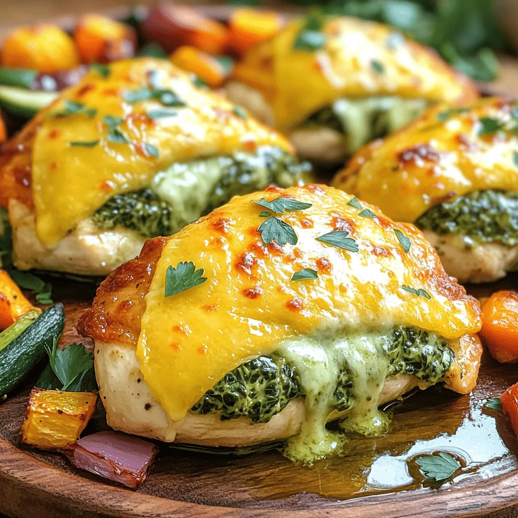 - 4 boneless, skinless chicken breasts - 2 cups fresh spinach, chopped - 1 cup cream cheese, softened - 1 cup shredded mozzarella cheese - 1/2 cup grated Parmesan cheese - 2 cloves garlic, minced - 1 teaspoon Italian seasoning - Salt and pepper to taste - 2 tablespoons olive oil - 1/2 teaspoon red pepper flakes (optional) - Fresh parsley for garnish This dish is rich in protein and calcium. Each serving has about: - Calories: 400 - Protein: 35g - Carbohydrates: 5g - Fat: 28g - Fiber: 1g The spinach adds vitamins A and K. Cheese provides a good source of calcium. You can change ingredients to fit your taste. Here are some ideas: - Use ricotta cheese instead of cream cheese for a lighter filling. - Swap mozzarella for cheddar for a sharper flavor. - Try kale instead of spinach for a different texture. - If you can't find fresh spinach, frozen spinach works too; just thaw and drain it well. These substitutions keep the dish tasty while fitting your needs. 1. Preheat the oven to 375°F (190°C). This helps cook the chicken evenly. 2. Make the stuffing: In a bowl, mix chopped spinach, cream cheese, mozzarella, and Parmesan. Add minced garlic, Italian seasoning, salt, and pepper. If you like spice, add red pepper flakes. Stir until everything blends well. 3. Prepare the chicken: Place each chicken breast between plastic wrap. Use a meat mallet or rolling pin to pound them to 1/2 inch thick. This helps them cook evenly. 4. Season the chicken: Sprinkle salt and pepper on both sides of the chicken breasts. This adds flavor. 5. Stuff the chicken: Take a chicken breast and add a generous scoop of the spinach mix in the center. Fold the sides over the filling and roll it tightly. Use toothpicks to secure it if needed. Repeat for the other breasts. 6. Sear the chicken: In a large oven-safe skillet, heat olive oil over medium-high heat. Add the stuffed chicken and cook for 3-4 minutes on each side until golden brown. This gives it a nice crust. 7. Roast the chicken: Transfer the skillet to the preheated oven. Bake for 25-30 minutes, or until the chicken reaches 165°F (74°C) inside. This ensures it is safe to eat. 8. Rest the chicken: Once done, take it out and let it rest for a few minutes. This helps the juices stay inside. Carefully remove any toothpicks used. 9. Slice and serve: Cut each chicken breast in half to show off the cheesy spinach filling. 10. Garnish: Sprinkle fresh parsley on top for color and flavor. Serve on a large platter. Drizzle with olive oil if you like. Pair it with roasted veggies or a light salad for a full meal. To stuff chicken breasts well, start with even thickness. Place each breast between plastic wrap. Use a meat mallet to pound them flat, about 1/2 inch thick. This helps the chicken cook evenly. After seasoning, take a generous amount of the spinach mixture. Place it in the center of the chicken. Fold the sides over the filling and roll it tightly. Secure with toothpicks if you need to. This keeps the stuffing inside while cooking. Searing the chicken before baking adds great flavor. Heat olive oil in a skillet on medium-high heat. Add the stuffed chicken, cooking for 3-4 minutes on each side. Look for a golden brown color before moving it to the oven. Baking at 375°F ensures the chicken cooks through. Use a meat thermometer to check for doneness. The internal temperature should reach 165°F. This guarantees juicy chicken and melted cheese. One common mistake is overstuffing the chicken. Too much filling can make it hard to roll and seal. Another mistake is not pounding the chicken evenly. Uneven thickness can lead to some parts being overcooked. Also, don’t skip the resting step after baking. Letting the chicken rest for a few minutes helps the juices redistribute. Lastly, always check the internal temperature. This helps avoid undercooked chicken, which can lead to food safety issues. {{image_2}} You can make Cheesy Spinach Stuffed Chicken Breast healthier. Use low-fat cream cheese instead of regular. This cuts calories without losing taste. You can also swap mozzarella for a part-skim version. Fresh herbs can add flavor too. Try adding basil or dill for a fresh twist. Want more flavor? Add a squeeze of lemon juice to the stuffing. This brightens the dish. You can mix in sun-dried tomatoes for a sweet, tangy taste. If you love spice, increase the red pepper flakes. A pinch of smoked paprika also adds depth. Feel free to change the stuffing! Replace spinach with kale or Swiss chard. You can also try adding cooked mushrooms for a meaty flavor. For a twist, mix in some artichoke hearts. Cheddar cheese works well too. The options are endless! You can store leftover Cheesy Spinach Stuffed Chicken Breast in the fridge. Place it in an airtight container. This keeps the chicken moist and fresh. It will last for about 3 to 4 days. Make sure to let it cool before sealing. If you want to store it longer, freezing is a great option. Wrap each stuffed chicken breast tightly in plastic wrap. Then, place them in a freezer-safe bag. This helps prevent freezer burn. They can stay frozen for up to 3 months. Just label the bags with the date so you know when to use them. To reheat, you can use the oven or microwave. For the oven, preheat it to 350°F (175°C). Place the chicken in a baking dish and cover it with foil. Heat for about 20-25 minutes or until warm. If you use a microwave, heat on medium power for 3-4 minutes. Check to make sure it’s hot all the way through. Enjoy your meal just as delicious as the first time! Cook the chicken for 25 to 30 minutes in a 375°F oven. This time ensures the chicken cooks through. Check the internal temperature with a meat thermometer. It should reach 165°F to be safe. If you do not have a thermometer, cut into the chicken. The juices should run clear and the meat should be white. Yes, you can use frozen spinach. Just make sure to thaw and drain it well. Squeeze out excess water to avoid a soggy filling. Frozen spinach is a great time-saver. It can still give you that tasty flavor you want in this dish. This dish pairs well with many sides. Here are some great options: - Roasted vegetables - Light salad with vinaigrette - Garlic bread - Mashed potatoes - Steamed rice These sides add color and flavor to your meal. They balance the creaminess of the stuffed chicken. Enjoy experimenting with different combinations! Cheesy Spinach Stuffed Chicken Breast is a tasty meal that’s easy to make. We explored the ingredients, cooking steps, and common pitfalls. I shared tips to perfect your dish and safe storage ideas. Consider trying different flavors or healthier swaps for variety. Remember, cooking should be fun, so feel free to experiment. Enjoy your tasty dinner and share it with friends and family for a lovely meal together.