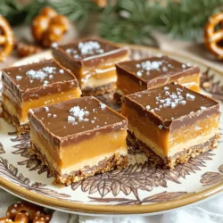 - 2 cups pretzel sticks - 1 cup graham cracker crumbs - ½ cup unsalted butter, melted - 1 cup creamy peanut butter - 1 cup powdered sugar - 1 cup caramel sauce - Sea salt for sprinkling - Optional: ½ cup chocolate chips for drizzling These ingredients come together to create tasty bars. The pretzel sticks bring a salty crunch, while the graham cracker crumbs add sweetness. Unsalted butter helps bind it all together. Creamy peanut butter and powdered sugar form a smooth layer that balances the rich caramel sauce. A sprinkle of sea salt adds a wonderful contrast. You can also drizzle chocolate for extra flavor. Gather these ingredients before you start. It makes the process easier. Don’t forget to measure everything accurately. The right amounts make a big difference in how your bars turn out. Use high-quality caramel sauce for the best taste. If you want a richer flavor, consider melting chocolate chips for a drizzle on top. To start, grab a large mixing bowl. In this bowl, combine 2 cups of pretzel sticks with 1 cup of graham cracker crumbs. You can break the pretzel sticks into smaller pieces to mix easier. Now, melt ½ cup of unsalted butter in the microwave or on the stove. Once melted, drizzle the butter over the pretzel and graham cracker mix. Stir it well until everything is coated with butter. Next, take an 8x8 inch baking dish. Line it with parchment paper to prevent sticking. This step makes it easy to lift the bars out later. Now, take your pretzel mixture and press it firmly into the bottom of the dish. Use a spatula or the back of a measuring cup to pack it down tightly and create an even layer. In another bowl, mix 1 cup of creamy peanut butter with 1 cup of powdered sugar. Stir until the mix is smooth and well combined. This mixture will add a creamy layer to your bars. Spread this peanut butter mix evenly over the pretzel crust in the baking dish. Now comes the best part: the caramel! Pour 1 cup of caramel sauce over the peanut butter layer. Use a spatula to spread it out evenly, covering the entire surface. This will create a sweet, sticky layer. After that, lightly sprinkle sea salt over the caramel. The salt adds a nice contrast to the sweetness. If you want to add a chocolate touch, melt ½ cup of chocolate chips in the microwave. Heat in short bursts, stirring until smooth. Once melted, drizzle the chocolate over the caramel layer. This step is optional but adds a rich flavor. Now, place your baking dish in the refrigerator. Let the bars chill for at least 2 hours to set properly. Once set, you can lift the bars out of the pan using the parchment paper. Cut into squares or rectangles, and your No-Bake Salted Caramel Pretzel Bars are ready to serve! Enjoy these delicious treats with family and friends. To create a great crust, pack the mixture tightly. This helps the bars stay together. Use the back of a measuring cup to press it down well. For the caramel, adjust the ratio based on your taste. If you want it sweeter, add more caramel sauce. For less sweetness, use less. For a lovely presentation, stack the bars on a nice plate. Drizzle extra caramel on top for shine. You can also garnish with whole pretzels or a sprinkle of sea salt. These bars pair well with milk or coffee. Try serving them with a scoop of vanilla ice cream for a special treat. If you need a peanut butter alternative, try almond or sunflower butter. These work well in the recipe. For caramel sauce, you can use store-bought for ease. Homemade caramel adds a personal touch but takes more time. Both options will taste delicious in your bars. {{image_2}} You can change the flavor of your no-bake salted caramel pretzel bars easily. Adding nuts or seeds can give a nice crunch. Chopped pecans or walnuts work great. You can even use sunflower seeds for a fun twist. Adding spices can enhance the taste. Try a pinch of cinnamon for warmth or vanilla extract for sweetness. Experimenting with flavors can make each batch unique. If you need gluten-free options, simply use gluten-free pretzel sticks and graham cracker crumbs. This way, everyone can enjoy these tasty bars. For vegan adaptations, swap the butter with coconut oil and use a plant-based caramel sauce. You can also choose a vegan creamy peanut butter. This way, you keep the delicious flavor while meeting dietary needs. Adding fruit can bring a fresh twist to your bars. Consider layering sliced bananas or strawberries before the caramel layer. This adds color and taste. You can also swap pretzels for different crunchy bases. Try using crushed rice cakes or almond flour crackers for a new texture. Feel free to mix and match ideas to create your perfect bar! To keep your No-Bake Salted Caramel Pretzel Bars fresh, store them in the fridge. Place them in an airtight container to prevent moisture. If you want to freeze leftover bars, wrap each piece tightly in plastic wrap. Then, put them in a freezer-safe bag. This way, they stay fresh and tasty. These delicious bars can last up to one week in the fridge. Always check for freshness. If you see any signs of mold or an off smell, it's best to discard them. Fresh bars should smell sweet and have a nice caramel aroma. No-Bake Salted Caramel Pretzel Bars last about one week in the fridge. They stay fresh if kept in an airtight container. After that, they may lose some flavor and texture. Yes, you can make these bars ahead of time. They are great for meal prep or special events. Just store them in the fridge until you are ready to serve. You can use chocolate sauce or butterscotch sauce instead of caramel. Both options add a sweet touch that complements the bars well. You could also make your own caramel if you prefer a homemade taste. Yes, you can use almond butter, sunflower seed butter, or soy nut butter. These options work well and provide a similar creamy texture. Just ensure they are safe for your specific allergy needs. To add more chocolate flavor, mix in chocolate chips with the peanut butter layer. You can also drizzle melted chocolate over the top. This will create a rich chocolate experience in every bite. These No-Bake Salted Caramel Pretzel Bars are easy to make and delicious. You mix simple ingredients like pretzel sticks, peanut butter, and caramel for a tasty treat. Follow the step-by-step guide for a perfect result. Use the tips for texture and storage to keep them fresh. Experiment with flavors or dietary needs to make them your own. Enjoy these bars with friends or family, and feel free to make them ahead of time. Enjoy the fun of making and sharing this sweet snack!