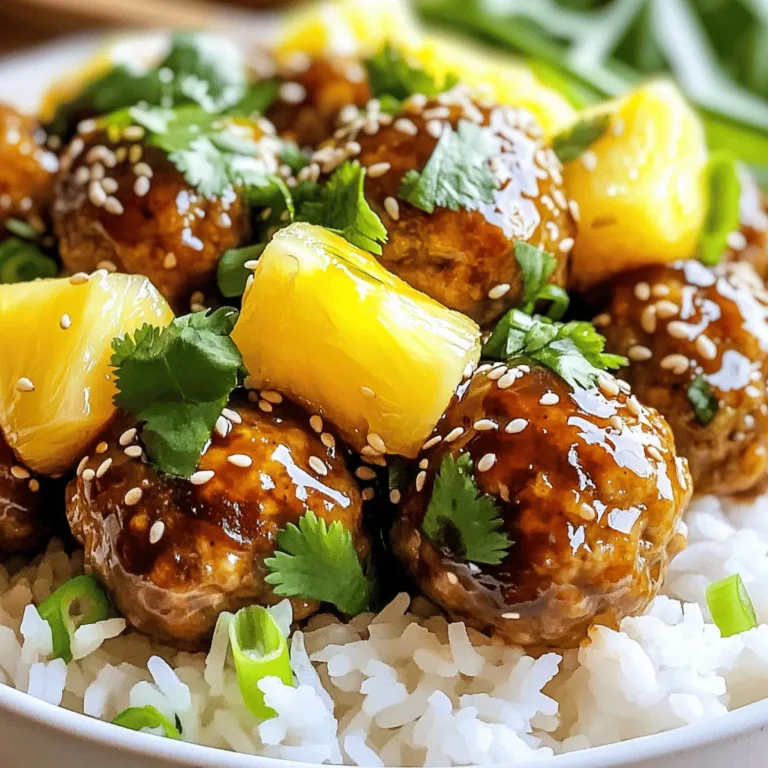 - 1 lb ground chicken or turkey - 1 cup breadcrumbs - 1/4 cup green onions, finely chopped - 1/4 cup fresh cilantro, chopped For this dish, you start with ground chicken or turkey. Both options are lean and flavorful. The breadcrumbs help hold the meatballs together. Green onions add a mild onion flavor, while cilantro gives a fresh taste. - 1/2 cup teriyaki sauce - 1 cup pineapple chunks (fresh or canned, drained) The teriyaki sauce brings a sweet and savory flavor. It pairs perfectly with the pineapple chunks. Pineapple adds a juicy sweetness that balances the savory meatballs. - 1 egg - 2 cloves garlic, minced - 1 teaspoon ginger, grated - Salt and pepper, to taste The egg acts as a binder. It helps keep the meatballs moist. Garlic adds a robust flavor, and ginger gives a hint of warmth. Salt and pepper enhance all the flavors in the dish. This combination of ingredients creates a tasty and balanced meal. You can easily customize it based on your preferences. Enjoy making these pineapple teriyaki meatballs! To start, grab a large bowl. Add 1 pound of ground chicken or turkey. Then, mix in 1 cup of breadcrumbs, 1/4 cup of finely chopped green onions, and 1/4 cup of chopped cilantro. Next, crack in 1 egg. Don't forget to add 2 minced garlic cloves, 1 teaspoon of grated ginger, and some salt and pepper to taste. Use your hands to mix everything well. Make sure it's all combined. Now, shape the mixture into meatballs. Aim for about 1 inch in diameter. Place each meatball on a baking sheet lined with parchment paper. This keeps them from sticking. Before you bake, preheat your oven to 400°F (200°C). This step is key for even cooking. Once the oven is hot, slide in the baking sheet with meatballs. Bake for about 20 minutes. Check if they are golden brown and cooked through. While the meatballs bake, it's time to make the sauce. In a small saucepan, combine 1/2 cup of teriyaki sauce with 1 cup of pineapple chunks. You can use fresh or canned pineapple, but make sure it's drained if canned. Heat the saucepan over medium heat until warm. Let it simmer for about 5 minutes. This helps the flavors mix well together. Once the meatballs are done, transfer them to the saucepan. Gently stir to coat the meatballs in the sauce. Allow them to cook for another 2-3 minutes. This step helps the meatballs soak in all that tasty flavor. To make meatballs that shine, focus on texture. Use ground chicken or turkey for a light bite. Mix the meat with breadcrumbs, onions, cilantro, egg, garlic, and ginger. Don’t over-mix; just combine well. This keeps them tender. For even cooking, shape meatballs to the same size. Aim for about one inch in diameter. This ensures they cook at the same rate in the oven. Place them on a baking sheet lined with parchment paper for easy cleanup. To up the flavor game, consider adding spices or herbs. A pinch of black pepper or a dash of chili flakes can add a kick. Fresh herbs like basil or mint can also brighten the dish. When it comes to pineapple, fresh chunks offer a burst of juicy sweetness. Canned chunks work too, but drain them well. Both options add great flavor to your teriyaki sauce. Garnishing makes your dish pop. Sprinkle sesame seeds on top for a crunchy finish. Chopped green onions also add color and freshness. For serving, pair the meatballs with cooked rice. It soaks up the teriyaki sauce and balances the meal. You could also serve with steamed veggies for extra nutrition. {{image_2}} You can change the ground chicken or turkey to fit your taste. Try using ground beef for a richer flavor. If you prefer plant-based options, use lentils or chickpeas instead. They add great texture and taste. For those watching gluten intake, swap regular breadcrumbs for gluten-free ones. This keeps the dish tasty and safe for everyone. Want to spice things up? Add chili paste to the mix. It gives the meatballs a nice kick. You can also play with different fruits. Mango or peach can add a sweet twist. Experimenting with flavors can make the dish exciting and new. You don’t have to stick to baking. An air fryer works great for these meatballs, too. This method gives them a crisp outside while keeping them juicy inside. If you prefer slow cooking, toss the meatballs in a slow cooker. Add the teriyaki sauce and cook on low for a few hours. It makes for a hands-off cooking experience. To store your leftover pineapple teriyaki meatballs, let them cool first. Place them in an airtight container. This keeps them fresh longer. Store them in the fridge for up to 3 days. After that, the taste and texture may change. Freezing these meatballs is easy. First, let them cool completely. Then, arrange them in a single layer on a baking sheet. Freeze them for about an hour. Once frozen, transfer them to a freezer bag. This method helps prevent them from sticking together. You can freeze them for up to 3 months. When you’re ready to enjoy, take out the meatballs. Place them in the fridge overnight to defrost. If you’re in a hurry, you can defrost them in the microwave, but do it slowly. To reheat the meatballs, use the oven for the best results. Preheat the oven to 350°F (175°C). Place the meatballs on a baking sheet and heat for about 10-15 minutes. This keeps them juicy. If you choose the microwave, use a microwave-safe plate. Heat in short bursts of 30 seconds. Check often to avoid overcooking. Enjoy your meal warm! To keep meatballs tender, focus on moisture and binding. Use ground chicken or turkey for a softer bite. Adding breadcrumbs helps hold in moisture. The egg is key for binding. Mix gently; overmixing can make them tough. Yes! You can prepare the meatball mixture a day early. Just cover it and store it in the fridge. You can also bake the meatballs and store them. Reheat them in the sauce before serving. This saves time on busy days. These meatballs pair well with cooked rice. You can add steamed broccoli or stir-fried veggies. A fresh salad also works great. For drinks, try iced tea or a light soda. These options balance the sweet and savory flavors. For low-carb diets, use almond flour instead of breadcrumbs. You can also use ground turkey or chicken for less fat. For a vegan option, swap meat with lentils or chickpeas. Use flaxseed mixed with water as a binding agent. These pineapple teriyaki meatballs are tasty and easy to make. We covered the key ingredients, from ground chicken to teriyaki sauce. Then, I shared step-by-step instructions for mixing, shaping, and baking. You now have tips to perfect texture and enhance flavor. You can even try new variations or store leftovers easily. Whether you serve them as a snack or dinner, these meatballs are a hit. Enjoy getting creative in the kitchen and have fun!