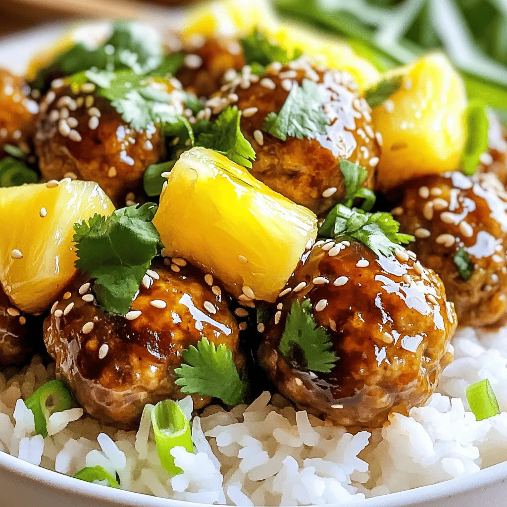 - 1 lb ground chicken or turkey - 1 cup breadcrumbs - 1/4 cup green onions, finely chopped - 1/4 cup fresh cilantro, chopped For this dish, you start with ground chicken or turkey. Both options are lean and flavorful. The breadcrumbs help hold the meatballs together. Green onions add a mild onion flavor, while cilantro gives a fresh taste. - 1/2 cup teriyaki sauce - 1 cup pineapple chunks (fresh or canned, drained) The teriyaki sauce brings a sweet and savory flavor. It pairs perfectly with the pineapple chunks. Pineapple adds a juicy sweetness that balances the savory meatballs. - 1 egg - 2 cloves garlic, minced - 1 teaspoon ginger, grated - Salt and pepper, to taste The egg acts as a binder. It helps keep the meatballs moist. Garlic adds a robust flavor, and ginger gives a hint of warmth. Salt and pepper enhance all the flavors in the dish. This combination of ingredients creates a tasty and balanced meal. You can easily customize it based on your preferences. Enjoy making these pineapple teriyaki meatballs! To start, grab a large bowl. Add 1 pound of ground chicken or turkey. Then, mix in 1 cup of breadcrumbs, 1/4 cup of finely chopped green onions, and 1/4 cup of chopped cilantro. Next, crack in 1 egg. Don't forget to add 2 minced garlic cloves, 1 teaspoon of grated ginger, and some salt and pepper to taste. Use your hands to mix everything well. Make sure it's all combined. Now, shape the mixture into meatballs. Aim for about 1 inch in diameter. Place each meatball on a baking sheet lined with parchment paper. This keeps them from sticking. Before you bake, preheat your oven to 400°F (200°C). This step is key for even cooking. Once the oven is hot, slide in the baking sheet with meatballs. Bake for about 20 minutes. Check if they are golden brown and cooked through. While the meatballs bake, it's time to make the sauce. In a small saucepan, combine 1/2 cup of teriyaki sauce with 1 cup of pineapple chunks. You can use fresh or canned pineapple, but make sure it's drained if canned. Heat the saucepan over medium heat until warm. Let it simmer for about 5 minutes. This helps the flavors mix well together. Once the meatballs are done, transfer them to the saucepan. Gently stir to coat the meatballs in the sauce. Allow them to cook for another 2-3 minutes. This step helps the meatballs soak in all that tasty flavor. To make meatballs that shine, focus on texture. Use ground chicken or turkey for a light bite. Mix the meat with breadcrumbs, onions, cilantro, egg, garlic, and ginger. Don’t over-mix; just combine well. This keeps them tender. For even cooking, shape meatballs to the same size. Aim for about one inch in diameter. This ensures they cook at the same rate in the oven. Place them on a baking sheet lined with parchment paper for easy cleanup. To up the flavor game, consider adding spices or herbs. A pinch of black pepper or a dash of chili flakes can add a kick. Fresh herbs like basil or mint can also brighten the dish. When it comes to pineapple, fresh chunks offer a burst of juicy sweetness. Canned chunks work too, but drain them well. Both options add great flavor to your teriyaki sauce. Garnishing makes your dish pop. Sprinkle sesame seeds on top for a crunchy finish. Chopped green onions also add color and freshness. For serving, pair the meatballs with cooked rice. It soaks up the teriyaki sauce and balances the meal. You could also serve with steamed veggies for extra nutrition. {{image_2}} You can change the ground chicken or turkey to fit your taste. Try using ground beef for a richer flavor. If you prefer plant-based options, use lentils or chickpeas instead. They add great texture and taste. For those watching gluten intake, swap regular breadcrumbs for gluten-free ones. This keeps the dish tasty and safe for everyone. Want to spice things up? Add chili paste to the mix. It gives the meatballs a nice kick. You can also play with different fruits. Mango or peach can add a sweet twist. Experimenting with flavors can make the dish exciting and new. You don’t have to stick to baking. An air fryer works great for these meatballs, too. This method gives them a crisp outside while keeping them juicy inside. If you prefer slow cooking, toss the meatballs in a slow cooker. Add the teriyaki sauce and cook on low for a few hours. It makes for a hands-off cooking experience. To store your leftover pineapple teriyaki meatballs, let them cool first. Place them in an airtight container. This keeps them fresh longer. Store them in the fridge for up to 3 days. After that, the taste and texture may change. Freezing these meatballs is easy. First, let them cool completely. Then, arrange them in a single layer on a baking sheet. Freeze them for about an hour. Once frozen, transfer them to a freezer bag. This method helps prevent them from sticking together. You can freeze them for up to 3 months. When you’re ready to enjoy, take out the meatballs. Place them in the fridge overnight to defrost. If you’re in a hurry, you can defrost them in the microwave, but do it slowly. To reheat the meatballs, use the oven for the best results. Preheat the oven to 350°F (175°C). Place the meatballs on a baking sheet and heat for about 10-15 minutes. This keeps them juicy. If you choose the microwave, use a microwave-safe plate. Heat in short bursts of 30 seconds. Check often to avoid overcooking. Enjoy your meal warm! To keep meatballs tender, focus on moisture and binding. Use ground chicken or turkey for a softer bite. Adding breadcrumbs helps hold in moisture. The egg is key for binding. Mix gently; overmixing can make them tough. Yes! You can prepare the meatball mixture a day early. Just cover it and store it in the fridge. You can also bake the meatballs and store them. Reheat them in the sauce before serving. This saves time on busy days. These meatballs pair well with cooked rice. You can add steamed broccoli or stir-fried veggies. A fresh salad also works great. For drinks, try iced tea or a light soda. These options balance the sweet and savory flavors. For low-carb diets, use almond flour instead of breadcrumbs. You can also use ground turkey or chicken for less fat. For a vegan option, swap meat with lentils or chickpeas. Use flaxseed mixed with water as a binding agent. These pineapple teriyaki meatballs are tasty and easy to make. We covered the key ingredients, from ground chicken to teriyaki sauce. Then, I shared step-by-step instructions for mixing, shaping, and baking. You now have tips to perfect texture and enhance flavor. You can even try new variations or store leftovers easily. Whether you serve them as a snack or dinner, these meatballs are a hit. Enjoy getting creative in the kitchen and have fun!