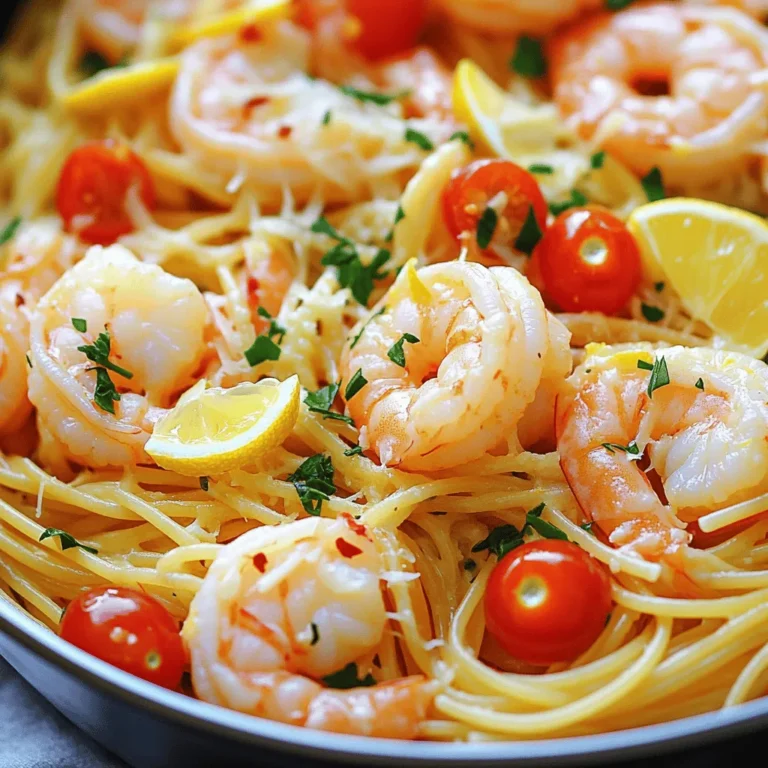 - 12 oz spaghetti - 1 lb large shrimp, peeled and deveined - 4 tablespoons unsalted butter The main ingredients form the heart of your dish. Spaghetti will soak up all the flavors. The large shrimp add a sweet and tender bite. Unsalted butter gives a rich base for the sauce. - 4 cloves garlic, minced - 1 teaspoon red pepper flakes (optional) - 1 lemon (zest and juice) Flavor enhancers make this dish pop. Garlic gives a strong aroma and taste. If you like heat, add red pepper flakes. Lemon zest and juice brighten the dish, adding a fresh zing. - 4 cups vegetable or chicken broth - 1 cup cherry tomatoes, halved - ½ cup grated Parmesan cheese Broth acts as a cooking liquid and adds depth. Cherry tomatoes bring a sweet burst. Grated Parmesan cheese adds creaminess and umami. Together, these ingredients create a well-rounded meal. - Melting the butter Start by melting 4 tablespoons of unsalted butter in a large pot over medium heat. It will take a minute or two for the butter to melt completely. Watch it closely so it doesn’t burn. - Sautéing the garlic Once the butter melts, add 4 minced garlic cloves. Sauté for about 1-2 minutes. You want the garlic to be fragrant but not dark. If it burns, it can taste bitter. If you like some heat, toss in 1 teaspoon of red pepper flakes at this stage. - Adding shrimp and seasoning Now, add 1 pound of large, peeled, and deveined shrimp to the pot. Season them with salt and pepper. Cook the shrimp for about 2-3 minutes. You’ll see them turn pink when they are ready. - Perfecting the shrimp texture Be careful not to overcook the shrimp. They should be slightly firm and not rubbery. This step is crucial for great flavor and texture. - Combining broth and spaghetti Pour in 4 cups of vegetable or chicken broth. Then, add 12 ounces of spaghetti. Make sure the pasta is fully submerged in the broth. - Achieving al dente Bring the pot to a boil, then reduce the heat to medium-low. Cover it and cook for about 9-11 minutes. Stir occasionally to keep the pasta from sticking. The pasta is done when it is al dente and has absorbed most of the broth. Using fresh ingredients is key to a great dish. Fresh shrimp makes the pasta taste better. Fresh garlic gives a strong, tasty aroma. When buying your shrimp, look for ones that smell like the ocean. For seasoning, taste as you go. Adjust salt and pepper to fit your taste. If you want it spicy, add more red pepper flakes. Timing is important for shrimp and pasta. Shrimp cooks fast, so don’t leave it too long. Cook it for just 2-3 minutes until pink. For the pasta, stir often while it cooks. This keeps it from sticking together. Cook until it is al dente, which means it has a slight bite. Garnish your dish with fresh parsley. It adds color and a fresh taste. You can also sprinkle more Parmesan cheese on top. Serve it with a side salad or garlic bread. This makes for a complete meal. Enjoy your delicious One-Pot Lemon Garlic Butter Shrimp Pasta! {{image_2}} You can easily boost the nutrition of this dish by adding vegetables. Spinach or kale works great. Just toss them in during the last few minutes of cooking. They will wilt nicely and add color. Bell peppers are another fun option. Slice them thin and add them with the shrimp for a sweet crunch. These veggies add flavor and make your pasta even more colorful. If you want to switch things up, try other seafood options. Scallops or crab meat can give a nice twist to the dish. You can also go vegetarian. Replace the shrimp with mushrooms or chickpeas. They are tasty and pack a punch of protein. These alternatives let you enjoy the meal in different ways. Want a kick of heat? You can increase the red pepper flakes. Just add more until it reaches your desired spice level. If you’re looking for new flavors, consider alternative spices. A dash of smoked paprika or cayenne pepper can change the whole taste. Adjusting the spice level makes this pasta your own. To store your leftover One-Pot Lemon Garlic Butter Shrimp Pasta, let it cool first. Place the pasta in an air-tight container. This helps keep it fresh and prevents spills. Use a container that seals well to keep moisture in and air out. Store it in the fridge for up to three days. You can reheat this pasta in two ways: the microwave or stovetop. For the microwave, put the pasta in a bowl and cover it with a damp paper towel. Heat in 30-second bursts until warm. Stir between each burst to heat evenly. For the stovetop, add a splash of broth in a pan. Heat over low until warm, stirring gently. This helps keep the pasta's texture nice and smooth. Yes, you can freeze this dish! To freeze it, let the pasta cool completely. Then, place it in a freezer-safe container or bag. Remove as much air as possible before sealing. Label it with the date. It will stay good for up to three months. To reheat, defrost in the fridge overnight, then follow the stovetop method for best results. Yes, you can make this dish without shrimp. You can use chicken or tofu instead. Just cook them until done before adding the broth. This keeps the flavor and texture nice. To store leftovers, place them in an airtight container. Keep it in the fridge for up to three days. Make sure it cools down before sealing. If you need a substitute for Parmesan cheese, try Pecorino Romano. Nutritional yeast is also a great vegan option. Both will add a nice flavor to the dish. Yes, this recipe is perfect for meal prep. You can cook it ahead of time and store it in portions. Just reheat when you're ready to eat. This dish takes about 10 minutes to prep and 15 minutes to cook. In total, you can make it in just 25 minutes. It’s quick and easy for busy nights! In this post, you learned how to make a delicious One-Pot Lemon Garlic Butter Shrimp Pasta. We covered the main ingredients like shrimp, butter, and garlic. You got step-by-step instructions on preparing the dish and tips for perfect flavor and texture. We also explored variations, storage info, and answered common questions. Now, it's your turn to try this simple recipe. Enjoy the process and impress your family with your cooking!