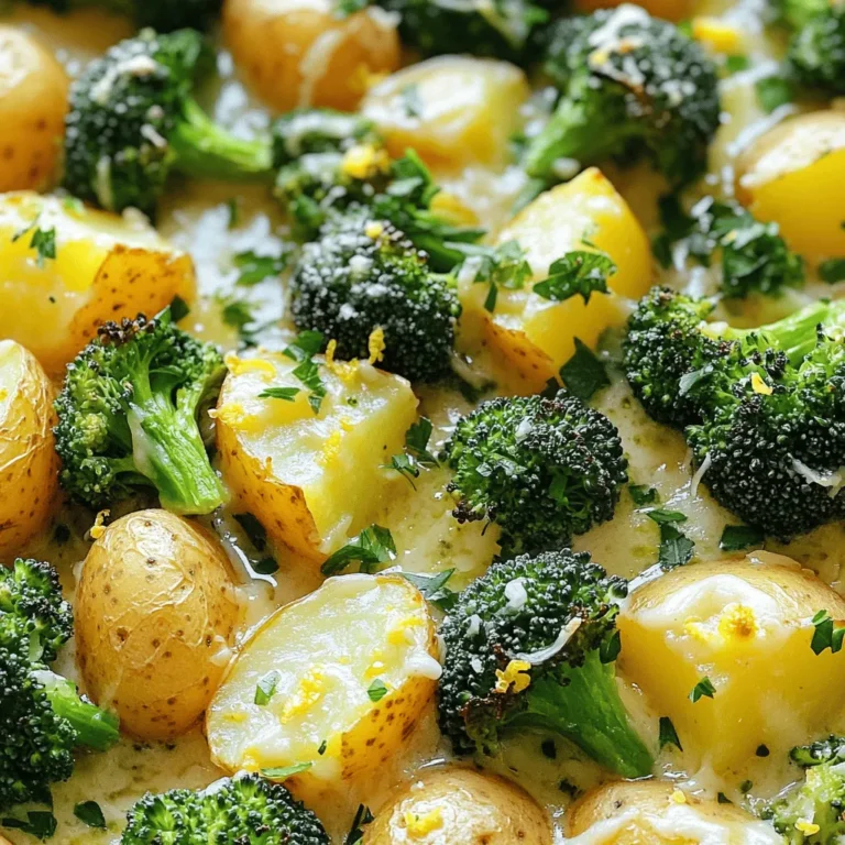- 1 pound baby potatoes, halved - 2 cups broccoli florets - 3 tablespoons olive oil You start with baby potatoes. They are small and cook well. Halving them helps them cook fast. Next, grab broccoli florets. They add color and nutrients. Lastly, use olive oil. It makes everything crispy and tasty. - 1 teaspoon garlic powder - 1 teaspoon onion powder - 1 teaspoon dried oregano Garlic powder gives a nice kick. Onion powder adds depth to the flavor. Dried oregano brings a touch of earthiness. These seasonings work together to elevate the dish. - Zest of 1 lemon - 1/4 cup grated Parmesan cheese - 1 tablespoon lemon juice - Salt and pepper to taste Lemon zest adds bright notes to the dish. It makes the meal feel fresh. The juice balances flavors and adds tang. Grated Parmesan cheese gives a rich, creamy taste. Salt and pepper enhance all the flavors. Together, they create a delicious blend that makes you want more. 1. Preheat oven and prepare baking sheet Start by preheating your oven to 425°F (220°C). This step is key for crispy potatoes. Line a large baking sheet with parchment paper. This helps with easy cleanup later. 2. Mix potatoes with olive oil and seasonings In a large bowl, combine 1 pound of halved baby potatoes with 3 tablespoons of olive oil. Add 1 teaspoon of garlic powder, 1 teaspoon of onion powder, 1 teaspoon of dried oregano, and salt and pepper to taste. Toss the potatoes well. Make sure every piece gets coated in oil and seasonings. 1. Bake potatoes and add broccoli Spread the seasoned potatoes on one half of the baking sheet. Bake them for 15 minutes. This gives them a head start. While they bake, prepare the broccoli. In the same bowl, mix 2 cups of broccoli florets with the zest and juice of 1 lemon, along with a pinch of salt and pepper. 2. Add cheese towards the end of baking After 15 minutes, take the baking sheet out. Stir the potatoes to ensure they bake evenly. Now, add the seasoned broccoli to the other half of the baking sheet. Spread everything in a single layer. Return the sheet to the oven for another 15-20 minutes. You want the potatoes golden and crispy and the broccoli tender. 1. Garnish and serve Once cooked, take the sheet pan out of the oven. Sprinkle 1/4 cup of grated Parmesan cheese over the top. Return it to the oven for 2-3 minutes. This melts the cheese and gives it a lovely color. Finally, garnish with fresh parsley before serving. Enjoy your Lemon Parmesan Broccoli & Potato Sheet Pan Delight! - Proper oil coating: Use enough olive oil to cover each potato half. This helps them crisp up well. - Single layer baking method: Spread the potatoes out in one layer. This allows heat to reach all sides, making them crispy. - Adjusting lemon and cheese quantities: If you love lemon, add more zest and juice. For cheese lovers, sprinkle extra Parmesan on top. - Adding fresh herbs: Fresh parsley or basil can brighten the dish. Sprinkle them on right before serving for a fresh taste. - Overcrowding the baking sheet: If you pile on too many veggies, they will steam instead of roast. Keep everything in a single layer for the best texture. - Not preheating the oven: Always preheat your oven to 425°F before baking. This step ensures even cooking and helps achieve that crispy finish. {{image_2}} You can add chicken or shrimp to this dish for a protein boost. For chicken, cut it into bite-sized pieces. Toss it with olive oil and seasonings like garlic and oregano. Place the chicken on the baking sheet with the potatoes. For shrimp, use raw, peeled shrimp. Add them in the last 5 minutes of baking to keep them tender. Both options make the meal heartier. Feel free to mix in other veggies. Carrots, bell peppers, or zucchini work well. Cut them into similar sizes as the potatoes. This helps them cook evenly. Adding different vegetables can bring new flavors and colors to your dish. If you want a dairy-free option, try nutritional yeast. It has a cheesy flavor and is easy to sprinkle on top. You can also use dairy-free cheese shreds. Look for ones that melt well to mimic the creamy texture of Parmesan. These swaps keep the dish tasty and suitable for different diets. To store leftovers, let the dish cool fully. Place it in an airtight container. You can keep it in the fridge for up to three days. This keeps the broccoli and potatoes fresh and tasty. Make sure to label the container with the date. This way, you know when to eat it. When you’re ready to eat, reheating is easy. The best way is to use the oven. Preheat it to 350°F (175°C). Spread the leftovers on a baking sheet. Heat for about 10-15 minutes. This helps to keep the potatoes crispy. You can also use a microwave. Heat in 30-second intervals. Stir between heating to warm evenly. You can freeze this dish, but it’s best to freeze before baking. To do this, place the mixed potatoes and broccoli in a freezer-safe bag. Remove as much air as possible and seal it tight. It can stay in the freezer for up to three months. When you’re ready to enjoy, thaw it in the fridge overnight. Then, bake as you normally would. The flavor will still be bright and fresh. Baking the potatoes takes about 15 minutes at 425°F (220°C). This initial time helps them start to cook. After that, you add the broccoli for another 15-20 minutes. You want the potatoes golden and crispy, so keep an eye on them. Yes, you can use frozen broccoli. Fresh broccoli has a better texture and flavor, but frozen works well too. If using frozen, add it directly to the sheet pan. It may release some water, so you might need a few extra minutes in the oven. This dish pairs well with grilled chicken or fish. You can also serve it with a fresh salad or quinoa. For a heartier meal, try it with roasted meats. The bright flavors complement many dishes, making it a versatile choice. In this post, we explored how to make a delicious Lemon Parmesan Broccoli and Potato Sheet Pan dish. You learned about the main ingredients, helpful tips for perfect cooking, and variations to suit your taste. Remember, preparation is key for crunchy potatoes. Don’t overcrowd your baking sheet and adjust flavors to your liking. Keep leftovers fresh in the fridge or freeze them for later. With these steps, you can create this tasty meal any time. Enjoy your cooking adventure!
