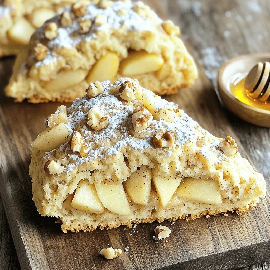 - 2 cups all-purpose flour - 1/3 cup granulated sugar - 1 tbsp baking powder - 1/2 tsp baking soda - 1/2 tsp salt - 1/2 tsp ground cinnamon - 1/2 cup unsalted butter, cold and cubed - 1/2 cup buttermilk - 1 medium apple, peeled and diced (Granny Smith or Honeycrisp) - 1/4 cup chopped walnuts or pecans (optional) - 1 egg, beaten (for egg wash) - 1/3 cup brown sugar - 1/4 cup all-purpose flour - 1/2 tsp ground cinnamon - 2 tbsp unsalted butter, melted Gather these ingredients before you start. They are key to making tasty scones. The apples add a nice sweetness. You can choose Granny Smith for tartness or Honeycrisp for a sweeter bite. The nuts are optional, but they add great crunch. For the streusel topping, brown sugar adds depth. The butter brings it all together. Ground cinnamon gives it that warm, cozy flavor. This topping makes your scones even better. Using fresh ingredients is vital. Cold butter helps create flaky layers. Buttermilk adds moisture and flavor. Each part plays a role in making your scones delicious. 1. Preheat your oven to 400°F (200°C). Line a baking sheet with parchment paper. 2. In a large bowl, mix 2 cups of flour, 1/3 cup of sugar, 1 tbsp of baking powder, 1/2 tsp of baking soda, 1/2 tsp of salt, and 1/2 tsp of ground cinnamon. 3. Add 1/2 cup of cold, cubed butter to the dry mix. Use your fingers to blend until it looks like coarse crumbs. 4. Pour in 1/2 cup of buttermilk and stir gently until just combined. 5. Fold in 1 diced apple and 1/4 cup of chopped nuts, if you like. 6. Turn the dough onto a floured surface. Knead it gently a few times. Shape into a circle about 1-inch thick. 7. Cut the dough into triangles or use a round cutter to make scones. Place them on the baking sheet. 8. For the streusel topping, mix 1/3 cup of brown sugar, 1/4 cup of flour, and 1/2 tsp of cinnamon. Add 2 tbsp of melted butter and mix until crumbly. 9. Sprinkle the streusel over the scones. Brush the tops with beaten egg for a nice shine. 10. Bake for about 15 to 18 minutes until golden. Cool them slightly on a wire rack. Enjoy these fresh and flavorful scones with your favorite drink! To make light and fluffy scones, you need cold ingredients. Use cold butter and buttermilk. This helps create a nice texture. When you mix the butter into the flour, stop when it looks like coarse crumbs. Don’t overmix the dough. If you mix too much, your scones may become tough. Always combine until just mixed. For a lovely presentation, dust your warm scones with powdered sugar. Serve them with a side of honey or apple butter. This adds a sweet touch. Pair your scones with a cup of tea or coffee. The warmth of the drink complements the scones well. If your scones turn out too dry, you may have added too much flour. Try measuring carefully next time. You can also add a bit more buttermilk if needed. If your scones don’t rise properly, check your baking powder. It should be fresh for good rise. Always ensure your oven is preheated to the right temperature. {{image_2}} You can easily change the flavor of your scones. Try adding dried cranberries or chocolate chips for a fun twist. These add-ins give a burst of flavor that makes each bite exciting. You can also use different spices to change the taste. Nutmeg or allspice can warm up the flavor profile, making your scones even more delightful. If you need a gluten-free option, use gluten-free flour instead of all-purpose flour. This swap keeps the scones tasty while fitting your diet. For those who want dairy-free scones, substitute buttermilk with almond milk or oat milk. Both options work well, and you won’t lose any flavor. Embrace seasonal ingredients for a fresh take on scones. In fall, consider adding pumpkin puree or a hint of maple syrup. This gives a cozy vibe that matches the season. In winter, try mixing in cranberry and orange zest. This bright combo adds a festive touch, perfect for holiday gatherings. For short-term storage, keep your Apple Cinnamon Streusel Scones at room temperature. Place them in an airtight container. This keeps them soft and fresh for about two days. If you want to store them longer, refrigeration is your best bet. Just wrap each scone in plastic wrap and then place them in a container. This method helps the scones stay fresh for up to a week. To freeze your scones, make sure they are completely cool. Lay them on a baking sheet, not touching each other, and freeze for about 1-2 hours. Once frozen, transfer them to a freezer bag. Remove as much air as you can before sealing. Your scones can stay fresh for up to three months this way. When you want to enjoy them, simply take out the scones and thaw them in the fridge overnight. To reheat your scones, use the oven for the best results. Preheat the oven to 350°F (175°C). Place the scones on a baking sheet and warm them for about 10 minutes. This will bring back their fresh-baked taste. If you’re short on time, use the microwave. Just place a scone on a microwave-safe plate and heat for about 15-20 seconds. Enjoy them warm! How to make scones rise higher? To help scones rise, use cold butter. The cold butter creates steam when baking. This steam lifts the dough. Also, do not overmix the dough. Mix just until combined to keep it light. Can I substitute buttermilk? Yes, you can use milk with a splash of vinegar. Let it sit for five minutes to sour. This mimics buttermilk's acidity and helps with rising. How long do homemade scones last? Homemade scones last about two days at room temperature. You can store them in an airtight container. For longer freshness, keep them in the fridge for up to a week. What type of apple is best for scones? Granny Smith or Honeycrisp apples work best. They add a nice tartness and hold their shape during baking. Their flavor shines through when baked with cinnamon. Can I use brown sugar instead of granulated sugar? Yes, you can use brown sugar. It adds a deeper flavor and moisture. Just remember that it may change the color slightly. What is the difference between scones and biscuits? Scones are sweeter and often include fruit. Biscuits are usually flaky and savory. Scones also use eggs or cream, while biscuits mainly use butter and milk. Can I make the dough ahead of time? Yes, you can make the dough ahead. Wrap it tightly in plastic wrap and refrigerate. Use it within two days for the best texture and taste. In this post, we explored how to make delicious Apple Cinnamon Streusel Scones. We covered ingredients like apples, flour, and spices, plus the necessary steps to prepare, shape, and bake your scones. I shared tips for perfect texture and serving suggestions to enhance your experience. Remember, you can customize your scones with various flavors and dietary options. With proper storage methods, you can enjoy these treats for days. Now, it’s your turn to bake and enjoy these tasty scones!