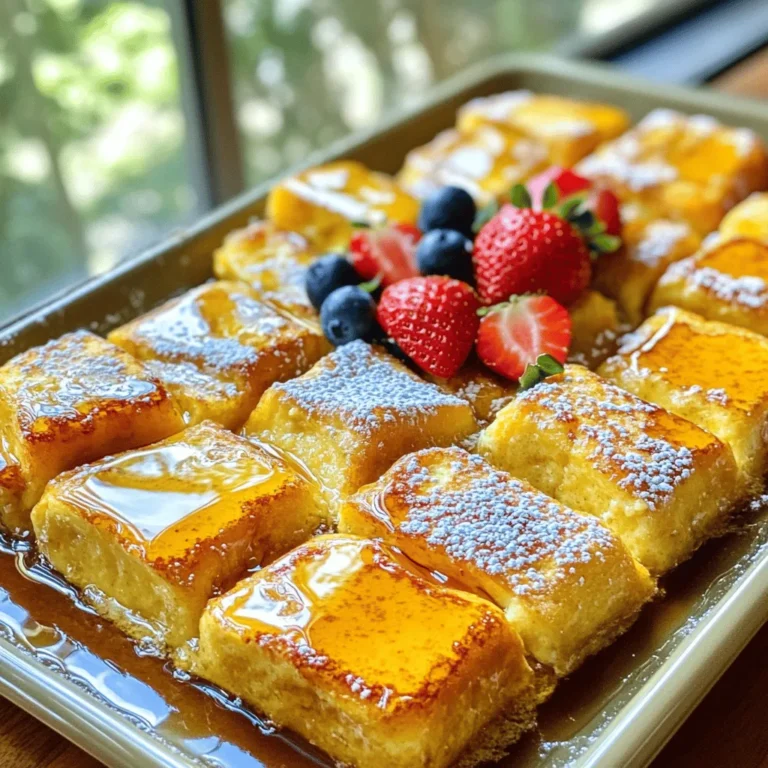 To make this easy overnight French toast casserole, gather these ingredients: - 1 loaf of brioche bread, cut into cubes - 6 large eggs - 2 cups whole milk - 1 cup heavy cream - 1/2 cup brown sugar - 1 teaspoon vanilla extract - 1 teaspoon cinnamon - 1/4 teaspoon nutmeg - 1/2 cup maple syrup (plus more for serving) These ingredients create a rich and creamy base that makes each bite a delight. Brioche bread gives the casserole its soft and fluffy texture. Eggs help bind everything together, while milk and cream add creaminess. For a lovely finish, consider these garnishes: - Fresh berries (strawberries, blueberries) - Powdered sugar for dusting These optional garnishes add color and flavor. Fresh berries bring a burst of sweetness, while powdered sugar adds a touch of elegance. You can swap ingredients based on your needs: - Substitute almond milk for whole milk for a lighter option. - Use coconut cream instead of heavy cream for a dairy-free version. - Swap brown sugar with maple sugar for a different flavor. These substitutions can change the taste and texture of the casserole while keeping it delicious. Feel free to experiment and find what you love best! To start, gather all your ingredients. You will need brioche bread, eggs, milk, cream, sugar, vanilla, cinnamon, nutmeg, and maple syrup. In a large bowl, whisk the eggs, milk, cream, sugar, vanilla, cinnamon, nutmeg, and syrup together until smooth. This mix is the heart of the casserole. Next, take a 9x13-inch baking dish and grease it with butter or cooking spray. Cut your brioche bread into small cubes. Place the cubes in the dish, making sure they spread evenly. Pour the egg mixture over the bread cubes. Press down gently with a spatula to help the bread soak. Cover the dish with plastic wrap and place it in the fridge overnight. If you’re short on time, let it soak for at least 4 hours. When you are ready to bake, preheat your oven to 350°F (175°C). Take the casserole out of the fridge and let it sit at room temperature for about 20 minutes. This helps the dish bake evenly. Place the casserole in the oven and bake for 45 to 50 minutes. Look for a golden top and a firm center. You can insert a knife in the center to check if it is set. If it comes out clean, your casserole is ready. Once baked, let the casserole cool for a few minutes before slicing. Serve it warm for the best taste. Drizzle some extra maple syrup on top for sweetness. Fresh berries add color and flavor. You can also dust it with powdered sugar for a nice finish. This dish is perfect for breakfast or brunch with family and friends. Enjoy this easy overnight French toast casserole and watch everyone smile! To get the best texture, use brioche bread. It soaks up flavors well. Cut the bread into even cubes. This helps each piece soak the egg mixture. Mix your wet ingredients well before pouring. This ensures even flavor. Let the bread soak fully in the fridge overnight. If you are short on time, soak for at least four hours. A soggy casserole can ruin your dish. To prevent this, use stale bread if possible. Fresh bread absorbs too much liquid. Make sure you press the bread cubes down gently after pouring the egg mixture. This helps them soak without drowning. If needed, use less milk or cream for a firmer mixture. Baking can dry out your casserole. To keep it moist, cover the dish with foil for the first part of baking. This traps steam inside. Remove the foil during the last 15 minutes. This will give you a nice, golden top. Keep an eye on the baking time. Overbaking can lead to dryness. {{image_2}} You can change the flavors of this casserole to match your taste. For a chocolate chip version, add one cup of chocolate chips to the bread. This makes it sweet and fun. If you prefer apple cinnamon, mix in one cup of diced apples and a little more cinnamon. The apples add a nice texture and flavor. You can also try adding nuts or a swirl of peanut butter for extra richness. While brioche is soft and sweet, you can use other breads. Challah is a great choice. It has a similar texture but a slightly different taste. Sourdough gives a tangy flavor that pairs well with sweet toppings. Whole grain bread adds a nutty taste and is a healthier option. You can even use croissants for a flaky, buttery delight. If you want a dairy-free or vegan casserole, you can make simple swaps. Use almond milk or oat milk instead of whole milk. For the heavy cream, coconut cream works well. Replace eggs with flax eggs or a vegan egg substitute. This way, you can enjoy this dish without dairy or eggs. Don’t forget to check the bread to ensure it’s vegan-friendly; some bread contains milk or eggs. To store leftovers, first, let the casserole cool. Once cool, cover it tightly with plastic wrap. You can also use a lid if your dish has one. Place it in the fridge. The casserole will stay fresh for up to three days. If you want to enjoy it later, freezing is a great option. To freeze your casserole, cut it into portion sizes. Wrap each piece in plastic wrap tightly. Then, place them in a freezer-safe bag or container. Label the bag with the date. You can freeze it for up to three months. When you're ready to eat, thaw it in the fridge overnight. To reheat, preheat your oven to 350°F (175°C). Place the casserole in an oven-safe dish. If frozen, let it thaw first. Cover it with foil to keep it moist. Heat for about 20-25 minutes. Check if it's warm in the center. You can also microwave individual portions for quick snacks. Just heat for 1-2 minutes, checking often. Enjoy your tasty casserole again! Yes, you can make it the same day. Just prepare the dish in the morning. After you mix the egg and milk, pour it over the bread. Let it sit for about 30 minutes. This will help the bread soak up the mix. Then, bake it as usual. You can store leftovers in the fridge for up to three days. Make sure to cover the dish tightly. This keeps it fresh and moist. If you want to keep it longer, you can freeze it for up to two months. Absolutely! Day-old bread works great for this casserole. It soaks up the egg mixture better than fresh bread. The texture will be soft and fluffy, which is perfect for this dish. You can add many toppings for extra flavor. Fresh berries like strawberries or blueberries are great. You can also sprinkle powdered sugar on top. For a fun twist, try adding nuts or coconut flakes. Drizzling more maple syrup will also make it sweeter. This blog post covered how to make an easy overnight French toast casserole. We discussed key ingredients, step-by-step prep, and helpful tips for texture. You also learned delicious variations and how to store leftovers properly. In making this dish, you can enjoy great flavor with minimal mess. I hope you feel ready to try it. With these ideas, your breakfast will impress everyone at the table. Enjoy making it your own!