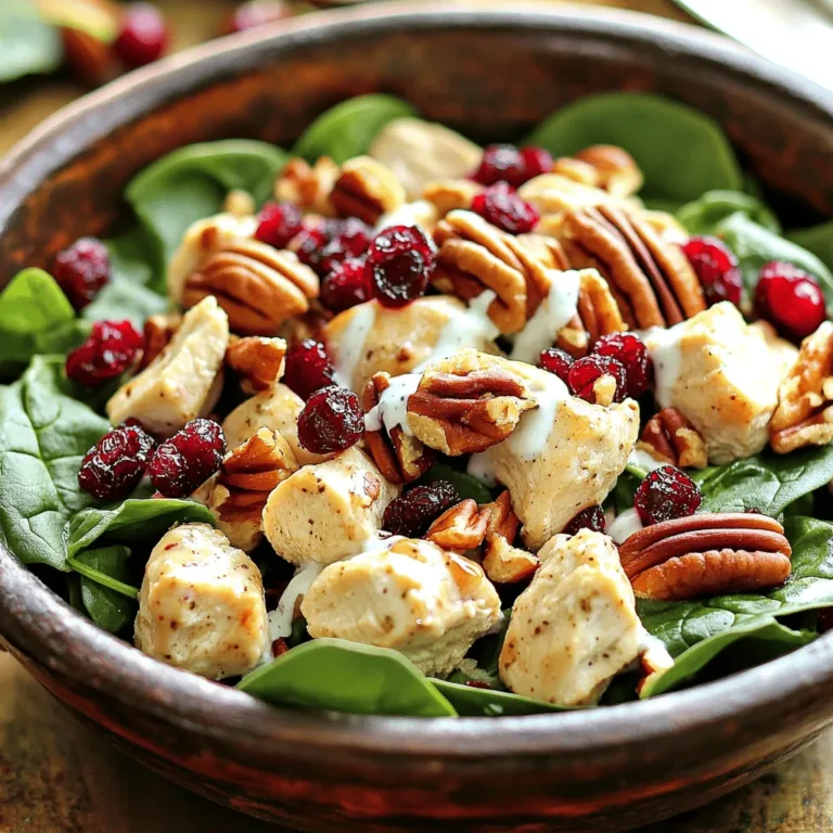 - 2 cups cooked chicken breast, diced - 1 cup fresh spinach, chopped - 1/2 cup dried cranberries - 1/2 cup pecans, toasted and roughly chopped - 1/2 cup celery, diced - 1/4 cup red onion, finely chopped - 1/2 cup plain Greek yogurt - 2 tablespoons honey - 1 tablespoon apple cider vinegar - Salt and pepper to taste You need good ingredients for a tasty Cranberry Pecan Chicken Salad. Start with cooked chicken. I usually use rotisserie chicken. It saves time and adds great flavor. You want two cups, diced into small pieces. Next, add fresh spinach. It gives a lovely green color and a nice crunch. Chop it into smaller bits, about one cup. Dried cranberries are next. They add sweetness and a chewy texture. Use half a cup, and feel free to adjust based on your taste. Pecans are a must for this dish. Toast them lightly to enhance their flavor. You’ll need half a cup, roughly chopped. Celery adds a nice crunch. Dice half a cup and mix it in. Red onion brings a sharp taste. You only need a quarter cup, finely chopped. Now, for the dressing, grab plain Greek yogurt. It adds creaminess and protein. Use half a cup. To sweeten the dressing, add two tablespoons of honey. Apple cider vinegar gives a slight tang. One tablespoon will do the trick. Finally, season with salt and pepper to taste. Adjust based on your preference. These ingredients come together to create a fresh and flavorful dish. Enjoy every bite! - Step 1: Combine diced chicken, spinach, cranberries, pecans, celery, and red onion in a mixing bowl. This mix gives the salad a great taste and texture. The chicken adds protein, while the spinach and cranberries bring freshness. The pecans give a nice crunch. - Step 2: Prepare the dressing by whisking together yogurt, honey, apple cider vinegar, salt, and pepper. Make sure it is smooth. This dressing is creamy and adds a sweet touch. Adjust the salt and pepper to your liking. - Step 3: Toss the dressing with the salad mixture and refrigerate for flavor melding. Chilling helps all the flavors blend. Let it sit for at least 30 minutes before serving. - Serve chilled or at room temperature. This salad is versatile and tasty either way. - Garnish with extra pecans and cranberries for presentation. It makes the dish look colorful and appetizing. - Use grilled or rotisserie chicken for added flavor. This gives a nice smoky taste. - Toast pecans before adding for enhanced taste. It brings out their natural oils. - Modify dressing sweetness by adjusting honey quantity. Add more for sweeter flavor. - Experiment with additional herbs or spices for unique flavors. Try dill, basil, or thyme. {{image_2}} You can easily change some ingredients to fit your taste. - Substitute Greek yogurt with mayonnaise for a different taste. This change makes the salad creamier. - Replace chicken with turkey for a holiday-themed salad. Turkey offers a rich flavor that works well. Adding new ingredients can make the salad even better. - Incorporate feta cheese for a tangy twist. The saltiness of feta adds a nice contrast to the sweetness. - Add diced apple for extra crunch and sweetness. Apples bring a fresh and juicy bite that brightens the dish. Feel free to mix and match these options. Each variation adds a unique flair to your Cranberry Pecan Chicken Salad. Enjoy exploring these tasty changes! To keep your cranberry pecan chicken salad fresh, store it in an airtight container. This helps lock in flavors and moisture. Make sure to place it in the refrigerator right after you finish eating. It’s best to consume the salad within 3-4 days for the best quality. After that, the ingredients might lose their taste and texture. If your salad becomes dry, don’t worry! Just drizzle a little olive oil or add more dressing. This will bring back the moisture and flavor. It’s an easy fix to keep your dish delightful and enjoyable. Yes, it keeps well in the fridge for up to 3-4 days. Making it ahead saves time. You can enjoy it for lunch or dinner. Just cover it tightly before storing. This salad works well as a side dish. You can also serve it on a bed of mixed greens. The flavors blend nicely, making a vibrant meal. Use low-fat Greek yogurt and reduce the quantity of nuts. This keeps the taste while cutting calories. You can swap honey for a low-calorie sweetener too. Yes! Substitute chicken with chickpeas or tofu. Use a vegan yogurt alternative for the dressing. This keeps the salad fresh and tasty while being plant-based. This blog post shared a simple and tasty Cranberry Pecan Chicken Salad recipe. You learned about the key ingredients and how to prepare each step. I also provided tips for enhancing flavors and making variations. As you create this salad, feel free to adapt it to your taste. Enjoy experimenting with new ingredients. Whether you serve it at a picnic or for a quick lunch, this dish will impress. Explore and enjoy every delicious bite!