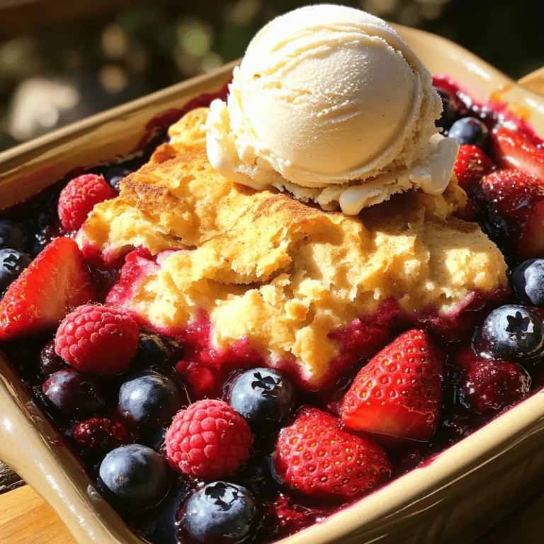 For a tasty Triple Berry Cobbler, you need: - 1 cup strawberries, hulled and sliced - 1 cup blueberries - 1 cup raspberries These berries give the cobbler a burst of flavor and color. Strawberries bring sweetness, while blueberries add a juicy pop. Raspberries give a slight tartness, creating a nice balance. The dry ingredients are key to the cobbler's texture. You will need: - 1 cup all-purpose flour - 1 tablespoon baking powder - 1/4 cup brown sugar - 1/2 teaspoon salt - 1 teaspoon cinnamon (optional) Flour gives the cobbler structure. Baking powder helps it rise. Brown sugar adds a rich flavor. Salt enhances all the tastes, and cinnamon can add warmth. Some extra ingredients make this cobbler even better. Gather: - 1 tablespoon lemon juice - 1/4 cup granulated sugar (adjust based on berry sweetness) - 1 cup milk - 1/4 cup unsalted butter, melted - 1 teaspoon vanilla extract - Whipped cream or vanilla ice cream for serving Lemon juice brightens the berry flavor. Granulated sugar sweetens the mix. Milk and butter make the batter rich and moist. Vanilla adds depth, and topping with whipped cream or ice cream makes it a treat! Start by washing your berries well. Use 1 cup each of strawberries, blueberries, and raspberries. Remove the stems from the strawberries and slice them. In a bowl, mix the berries with 1 tablespoon of lemon juice and 1/4 cup of sugar. This sugar helps the berries release their sweet juices. Let this sit for about 10 minutes. This waiting time allows the flavors to meld. In a new bowl, combine 1 cup of all-purpose flour, 1 tablespoon of baking powder, 1/4 cup of brown sugar, and 1/2 teaspoon of salt. If you want, add 1 teaspoon of cinnamon for some warmth. Next, pour in 1 cup of milk and 1/4 cup of melted butter. Mix until just combined; a few lumps are fine. This batter will create a nice, fluffy topping when baked. Preheat your oven to 350°F (175°C). Grease a 9-inch baking dish, then spread the berry mix evenly in it. Carefully pour the batter over the berries, covering them as best as you can. Bake for 35-40 minutes until the top turns golden brown. To check if it’s ready, insert a toothpick in the center. It should come out clean. After baking, let the cobbler cool for 10 minutes before serving. This wait helps the juices settle and makes each bite delicious. One big mistake is not letting the berries sit. You need at least 10 minutes. This time helps them release their juices. If you skip this step, your cobbler may turn out dry. Another mistake is overmixing the batter. Mix just until the dry and wet ingredients blend. A few lumps are okay. Overmixing leads to a tough texture. To get the perfect texture, use room temperature milk and butter. Cold ingredients can affect how the batter bakes. When you pour the batter over the berries, do it gently. This helps keep the layers distinct. Lastly, check the baking time. Ovens can vary. Bake until the top is golden and a toothpick comes out clean. I love serving this cobbler warm. Add a scoop of whipped cream or vanilla ice cream on top. The cold cream contrasts nicely with the warm cobbler. You can also sprinkle a bit of cinnamon for extra flavor. Pair it with fresh mint leaves for a pop of color and taste. Enjoy it at a family gathering or a cozy night in! {{image_2}} You can mix different berries to make your cobbler unique. Use blackberries or cherries for a twist. Try adding peaches for a summer vibe. Each berry brings a new taste. This makes every bite a surprise. Choose berries based on what you like best. You can easily make this cobbler gluten-free. Swap all-purpose flour with a gluten-free blend. Check that the blend has a good rise. This keeps the nice texture. You can also use almond flour for a nutty flavor. Adjust the amount of liquid if needed. Spices can make your cobbler more exciting. Try adding cinnamon for warmth. A pinch of nutmeg also adds depth. For a zesty kick, add orange zest. Vanilla extract enhances the sweet flavor of the berries. Experiment with flavors to find your favorite mix. After you make your triple berry cobbler, let it cool. Cover it with plastic wrap or foil. Store it in the fridge for up to three days. The berries stay fresh, and the cobbler stays soft. If you want to keep it longer, freezing is a great option. You can freeze the cobbler for up to three months. First, let it cool completely. Slice it into portions for easy serving later. Wrap each piece tightly in plastic wrap, then place them in a freezer bag. When you crave a warm treat, pull out a slice and let it thaw in the fridge overnight. To reheat, preheat your oven to 350°F (175°C). Place the cobbler in an oven-safe dish. Cover it with foil to keep it moist. Heat for about 15-20 minutes. If you like a crispy top, remove the foil for the last 5 minutes. Enjoy your warm, berry-filled dessert with whipped cream or ice cream! Yes, you can use frozen berries. Frozen berries work well in this recipe. They may release more juice than fresh berries. To avoid a runny cobbler, drain excess juice before mixing. You can also add a bit more flour to thicken the filling if needed. The cobbler is done when the top is golden brown. You can also check with a toothpick. Insert it into the center; if it comes out clean, your cobbler is ready. Bake for 35-40 minutes for the best results. Serve the cobbler warm for the best taste. Top it with whipped cream or a scoop of vanilla ice cream. This adds a creamy texture and balances the sweet berries. You can also sprinkle some cinnamon on top for extra flavor. You now know how to make a delicious triple berry cobbler. We explored the essential ingredients, outlined step-by-step instructions, and covered helpful tips. Avoid common mistakes and experiment with variations to make it your own. Store leftovers properly or freeze any extra cobbler for later. Whether you serve it warm or cold, this dish brings joy. Enjoy your baking journey, and I hope you share this treat with others!