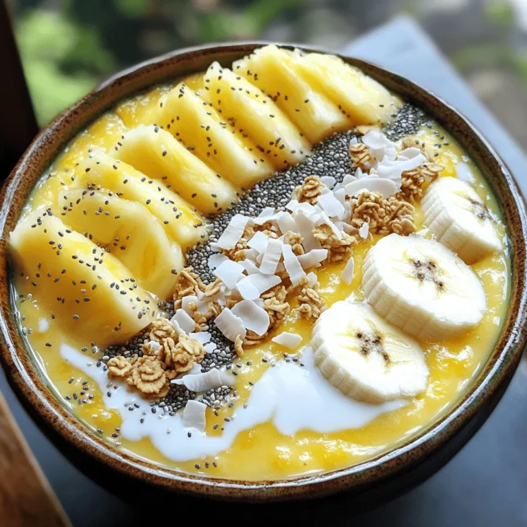 - 1 frozen banana - 1 cup fresh pineapple chunks - 1/2 cup coconut milk (or almond milk) - 1/4 cup Greek yogurt (optional for creaminess) - 1 tablespoon honey or agave syrup (optional) The main ingredients in this smoothie bowl make it creamy and flavorful. The frozen banana serves as the base, giving your smoothie a thick texture. Fresh pineapple chunks add a bright, tropical taste. Coconut milk, or almond milk, makes it rich and smooth. Adding Greek yogurt boosts the creaminess, but it's optional. Honey or agave syrup adds a touch of sweetness, enhancing the flavor. - Sliced banana - Shredded coconut - Chia seeds - Fresh pineapple slices - Granola Toppings make your smoothie bowl fun and tasty. Sliced banana adds more fruit flavor. Shredded coconut gives a nice crunch and a tropical feel. Chia seeds add texture and nutrients. Fresh pineapple slices provide a pop of color and flavor. Granola adds a satisfying crunch that balances the creamy base. You can mix and match toppings to suit your taste. To start, gather your fruits and ingredients. For this smoothie bowl, you need: - 1 frozen banana - 1 cup fresh pineapple chunks - 1/2 cup coconut milk (or almond milk) - 1/4 cup Greek yogurt (optional) - 1 tablespoon honey or agave syrup (optional) Using a frozen banana is key. It makes the smoothie thick and cold. If you don’t have one, peel and slice a banana, then freeze it for a few hours. Fresh pineapple chunks add a bright taste. You can chop the pineapple yourself or buy pre-cut pieces for ease. Now, let’s blend! In your blender, add the frozen banana, fresh pineapple, coconut milk, Greek yogurt (if you want it creamier), and honey or agave syrup. Blend on high until your mix is smooth. The goal is a thick texture that can hold toppings. If it feels too thick, add a splash more coconut milk. Once blended, pour your smoothie into a bowl. Now comes the fun part! Artfully arrange your toppings on top. You can use: - Sliced banana - Shredded coconut - Chia seeds - Fresh pineapple slices - Granola For an extra touch, drizzle some coconut milk on top or sprinkle toasted coconut flakes. This not only makes it look great but adds more flavor too. Enjoy your refreshing pineapple coconut smoothie bowl! To boost flavor, try adding a handful of spinach. This addition gives your bowl a nutrient boost without changing the taste. Protein powder is another great option. It makes your smoothie filling and supports muscle health. If you want a creamier texture, add Greek yogurt. It enhances richness and flavor. For sweetness, use honey or agave syrup. Just a tablespoon will do, and it adds a nice touch. Make your bowl Instagram-worthy by arranging toppings artfully. Layer sliced banana, shredded coconut, and chia seeds in a fun way. Use fresh pineapple slices to add a pop of color. For visual appeal, mix different colored toppings. Bright berries, crunchy granola, and green seeds create a feast for the eyes. You can easily tailor this recipe to fit your needs. For a vegan option, skip the Greek yogurt and honey. Use almond milk instead of coconut milk. If you need a gluten-free version, check your granola and toppings. To cut sugar, use less honey or agave syrup. You can also add unsweetened coconut flakes for flavor without extra sugar. {{image_2}} You can make this smoothie bowl even more fun! Adding mango or papaya gives it a fresh tropical twist. Just toss in a few chunks when blending. These fruits add sweetness and a nice color. You can also mix and match other fruits you enjoy. Try berries, peaches, or even kiwi for a new flavor. Using seasonal fruits is a great way to keep things fresh. In summer, add fresh strawberries or blueberries. In fall, slices of apple or pear work well. You can change up the toppings based on what is in season. This keeps your smoothie bowl exciting and full of flavor all year long. If you want a health boost, there are easy swaps you can make. Use almond milk instead of coconut milk for fewer calories. If you want more protein, add some Greek yogurt or a scoop of protein powder. For a low-carb option, skip the honey and use a sugar-free sweetener. These simple swaps can help fit your diet needs while still tasting great. To keep your smoothie bowl fresh, store leftovers in an airtight container. This helps prevent oxidation and keeps flavors intact. I recommend consuming it within one day for the best taste. If you want to enjoy it later, you can re-blend your leftovers. Just add a splash of coconut milk to help it blend smoothly again. Freezing fresh pineapple and banana is easy. Cut the pineapple into chunks and place them on a baking sheet. Freeze them for a few hours before transferring to a bag. This helps avoid clumping. For bananas, peel and slice them before freezing. You can also prepare smoothie packs. Just place all ingredients in a bag. When you’re ready, blend them up with coconut milk. Let’s talk about how long each ingredient lasts in the fridge. Fresh pineapple lasts about 3 to 5 days. Coconut milk can stay good for about a week after opening. Greek yogurt usually lasts about a week as well. For the best storage, use glass containers or BPA-free plastic ones. These keep everything fresh and tasty! If you have an allergy or dislike coconut, you can use almond milk. Oat milk is a good choice too. Both options give a nice flavor. They keep the smoothie bowl creamy and rich. You can also use soy milk for a different taste. Yes, this smoothie bowl is very healthy! It has many good ingredients. Pineapple is high in vitamins and antioxidants. Bananas provide potassium and fiber. Greek yogurt adds protein, helping you feel full. Coconut milk contains healthy fats that boost energy. This bowl is a great way to start your day! Yes, you can make this smoothie bowl ahead of time! Blend the smoothie and store it in the fridge. Use an airtight container to keep it fresh. It stays good for up to two days. When you're ready to eat, just stir and add toppings. For best taste, do not add toppings until serving. In this post, we covered how to create a delicious smoothie bowl. You learned about key ingredients, preparation tips, and blending instructions. We shared ideas for toppings and ways to customize your bowl. You also found tips on storage and variations to keep things fresh and exciting. By following these steps and suggestions, you can enjoy a tasty, healthy treat anytime. Dive into your own smoothie bowl adventure and get creative!