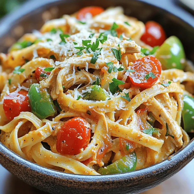 - 2 boneless, skinless chicken breasts - 8 ounces fettuccine pasta - 4 cups chicken broth - 1 tablespoon Cajun seasoning - 1 teaspoon garlic powder - 1/2 teaspoon smoked paprika - 1 cup sliced bell peppers (red and green) - 1 cup sliced onion - 1 cup cherry tomatoes, halved - 1 cup heavy cream - 1/2 cup grated Parmesan cheese When I make Slow Cooker Creamy Cajun Chicken Pasta, I always start with fresh, high-quality ingredients. The chicken breasts are key. I use boneless and skinless ones for ease. They cook well in the slow cooker. Next, I grab some fettuccine pasta. It soaks up all the creamy sauce perfectly. The chicken broth adds depth to the dish. Use low-sodium broth if you want to control the salt level. Spices bring the dish to life. Cajun seasoning is a must. It adds a heat that’s bold yet balanced. Garlic powder and smoked paprika enhance the flavor too. They bring warmth and richness. Then, I pick my vegetables. Sliced bell peppers add color and crunch. Sliced onions give a sweet touch. Cherry tomatoes round it all off with a fresh burst. Finally, heavy cream and Parmesan cheese make this dish creamy and dreamy. They create that luscious sauce we all crave. Remember, the right ingredients set the stage for a tasty meal. First, you need to season the chicken breasts. In a bowl, mix together one tablespoon of Cajun seasoning, one teaspoon of garlic powder, one teaspoon of onion powder, half a teaspoon of smoked paprika, and a quarter teaspoon of black pepper. Make sure the chicken is evenly coated with this spice mix. Next, place the seasoned chicken breasts into the slow cooker. This helps lock in all those tasty flavors. Now, it’s time to add the liquid and veggies. Pour four cups of chicken broth over the chicken. Then, add one cup each of sliced bell peppers and onion. This adds color and flavor. Cover the slow cooker. You can cook on low for six hours or on high for three hours. The chicken should be cooked through and shred easily when done. When the chicken is ready, take it out and shred it with two forks. Return the shredded chicken to the slow cooker. Now, add one cup of heavy cream and eight ounces of fettuccine pasta. Stir everything well to mix. Cover again and cook on high for another 30 minutes. This lets the pasta cook until it is al dente. Finally, stir in half a cup of grated Parmesan cheese. Mix until the dish is creamy. Adjust seasoning if needed. Now, you’re ready to serve a delicious meal! To get the best taste, adjust the Cajun seasoning to fit your liking. If you want it spicier, add more seasoning. For a milder taste, cut back on it. Always taste your dish before serving. This helps you find the right balance. Best practices for seasoning include adding a little salt and pepper at the start. You can also sprinkle more seasoning at the end for a fresh kick. To avoid mushy pasta, add the fettuccine during the last 30 minutes of cooking. Stir it gently into the sauce. This way, it cooks but stays firm. Ensuring even cooking means cutting your chicken and veggies into similar sizes. This helps them cook at the same rate. Stir the slow cooker contents halfway through for a consistent cook. Pair this dish with a fresh green salad or garlic bread. A light side brings out the flavors in the pasta. For garnishing, fresh parsley adds a nice touch. You can also sprinkle more Parmesan cheese on top. This makes the dish look and taste great. Enjoy your meal with family and friends! {{image_2}} You can easily change the protein in this dish. Instead of chicken, try shrimp or sausage for a different taste. Both options cook well in the slow cooker. If you want more veggies, add zucchini or spinach. They add color and nutrients without changing the flavor much. If you need gluten-free options, use gluten-free pasta. There are many types that work great in this recipe. For those who avoid dairy, swap heavy cream for coconut milk. It adds a nice creaminess with a hint of sweetness. To make the dish milder, reduce the Cajun seasoning. You can start with half a tablespoon. This keeps the flavors while making it gentler. If you love heat, add crushed red pepper flakes or hot sauce. Mix them in during cooking for an extra kick. To store leftovers, let the pasta cool to room temperature. Then, place it in an airtight container. This keeps it fresh and safe. You can store it in the fridge for up to three days. If you want to enjoy it longer, consider freezing it. To freeze the dish, let it cool completely. Then, pack it in a freezer-safe container. Be sure to leave some space for expansion. You can freeze it for up to three months. When you're ready to eat, take it out and thaw it in the fridge overnight. For the best texture, reheat on the stovetop. Add a splash of chicken broth if it seems dry. Heat it gently over low heat. You can also use the microwave, but be careful. Heat in short bursts and stir in between. This helps keep the pasta from getting tough. Slow Cooker Creamy Cajun Chicken Pasta lasts about three to four days in the fridge. Store it in an airtight container to keep it fresh. Make sure the dish cools down to room temperature before sealing it. When you’re ready to eat, just heat it up until it's hot all the way through. Yes, you can use whole wheat pasta instead of fettuccine. It will add a nutty flavor and a bit more fiber. Adjust cooking time as whole wheat pasta may need a little longer to cook. Just check for doneness before serving. This dish is tasty on its own, but you can serve it with: - Garlic bread for a crunchy side. - A fresh garden salad for some greens. - Steamed vegetables for added color and nutrients. - Extra Parmesan cheese on top for extra flavor. These sides balance the creamy pasta and enhance your meal experience. This blog post shared a simple recipe for Slow Cooker Creamy Cajun Chicken Pasta. We covered key ingredients like chicken, pasta, and spices. I gave step-by-step instructions to ensure great results. I also included tips for perfecting flavor and making adjustments based on your needs. Remember, this dish is versatile and easy to store. Enjoy experimenting with flavors and serve it with sides that you love. Cooking should be fun and creative, so dive in and make it your own!