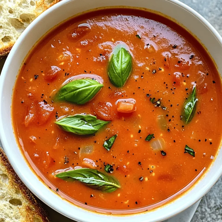 - 2 cans (14 oz each) diced tomatoes (with juice) - 1 cup tomato sauce - 1 medium onion, diced - 3 cloves garlic, minced - 2 cups vegetable broth - 1 teaspoon dried basil - 1 teaspoon sugar - 1/2 teaspoon salt - 1/4 teaspoon black pepper - 1 cup heavy cream (or coconut milk for a dairy-free option) - Fresh basil leaves, for garnish - Crusty bread, for serving You can switch out some ingredients if needed. Use fresh tomatoes instead of canned. Just chop about 6-8 ripe tomatoes. For a richer taste, swap vegetable broth with chicken broth. If you're looking for a lighter soup, you can replace heavy cream with coconut milk. When you pick tomatoes, look for ones that feel firm and smell sweet. Choose onions that are heavy and have no soft spots. For garlic, select heads that are plump with tight skin. Fresh basil leaves should look bright and fragrant. Always check for freshness to ensure a tasty soup! To start, gather all your ingredients. You need: - 2 cans (14 oz each) diced tomatoes (with juice) - 1 cup tomato sauce - 1 medium onion, diced - 3 cloves garlic, minced - 2 cups vegetable broth - 1 teaspoon dried basil - 1 teaspoon sugar - 1/2 teaspoon salt - 1/4 teaspoon black pepper - 1 cup heavy cream (or coconut milk for a dairy-free option) - Fresh basil leaves, for garnish - Crusty bread, for serving First, take your slow cooker and add the diced tomatoes with their juice. Pour in the tomato sauce, and add the diced onion and minced garlic. Next, pour in the vegetable broth. Then, sprinkle the dried basil, sugar, salt, and black pepper on top. Stir everything well to mix. Now, cover your slow cooker. You can cook the soup on low for 6-8 hours or on high for 3-4 hours. I recommend using the low setting for deeper flavors. The longer it cooks, the better it tastes. While it cooks, the warm scents fill your kitchen, making it hard to wait. When the cooking time is up, it’s time to blend. You can use an immersion blender directly in the slow cooker. This method is easy and quick. If you don’t have one, carefully transfer the soup in batches to a standard blender. Be sure to let the soup cool a bit before blending to avoid spills. After blending, return the pureed soup to the slow cooker. Stir in the heavy cream or coconut milk. Let it heat through for about 30 minutes on low. This step gives the soup its creamy texture. Don't forget to taste it! You can adjust the seasoning to your liking. For the best flavor, cook the soup on low for 6 to 8 hours. If you’re short on time, the high setting works too. Just let it cook for 3 to 4 hours. Remember, low and slow gives you the best taste. To get that rich and creamy texture, use heavy cream or coconut milk. Stir it in after blending the soup. Heating it for an extra 30 minutes on low helps blend the flavors. If you want it even creamier, add a bit more cream or milk. One common mistake is not blending enough. Make sure the soup is smooth. If you rush the blending, it might feel chunky. Another mistake is not tasting the soup before serving. Adjust the seasoning to suit your taste. Overcooking on high can also dull flavors, so stick to low cooking when possible. {{image_2}} To make this soup dairy-free, swap heavy cream for coconut milk. This change keeps the soup rich and creamy without dairy. Coconut milk adds a light sweetness, balancing the acidity of the tomatoes. You can also use almond or cashew milk, but choose unsweetened versions. Want to spice things up? Add a pinch of red pepper flakes for heat. A dash of smoked paprika gives it a warm flavor. You can also mix in some Italian seasoning or herbs de Provence. Fresh herbs like thyme or parsley can brighten the taste too. For a hint of sweetness, add a tablespoon of balsamic vinegar. For extra texture, toss in some cooked pasta or quinoa. This makes the soup heartier and more filling. You can also add beans like white beans or chickpeas for protein. If you love veggies, try adding spinach or kale for color and nutrients. Grated carrots or diced bell peppers can add crunch too. After you make your creamy tomato basil soup, let it cool down. Pour it into a clean container. Make sure to use a container that seals well. This helps keep your soup fresh. Store the soup in the fridge. It can last up to 4 days. When you are ready to eat, just reheat it. When you want to enjoy your soup again, reheat it on the stove. Pour the soup into a pot and heat it over medium. Stir the soup often to avoid burning. You can also use the microwave. Place your soup in a microwave-safe bowl. Heat in short bursts, stirring in between. This helps it heat evenly. If you want to save your soup for later, freezing is a great option. First, let the soup cool completely. Then, pour it into freezer-safe bags or containers. Leave some space at the top for expansion. Label the bags with the date. Your soup will stay good for about 3 months in the freezer. To thaw, place it in the fridge overnight. Reheat it before serving, and it will taste just as good! Slow cooker creamy tomato basil soup lasts about 3 to 5 days in the fridge. Make sure to store it in an airtight container. This keeps the soup fresh and tasty. When you want to eat it again, just reheat it on the stove or in the microwave. Yes, you can make this soup ahead of time! I love making it a day or two early. The flavors get better as it sits. Just follow the recipe and store it in the fridge. Reheat it before serving, and you’ll enjoy a warm, comforting meal. Creamy tomato basil soup pairs well with many things. Here are some tasty options: - Crusty bread for dipping - Grilled cheese sandwiches - A fresh green salad - Garlic bread - A side of roasted vegetables These sides make your meal even more delicious. Enjoy the warmth and flavors of your soup! This article covered how to make creamy tomato basil soup from start to finish. We explored key ingredients, easy steps, and helpful cooking tips. Remember to choose fresh ingredients for the best taste. I shared ways to customize your soup and storage advice for leftovers. Making this soup is simple and rewarding. Don't be afraid to try new flavors or textures. With practice, you’ll create the perfect bowl every time. Enjoy your cooking journey!