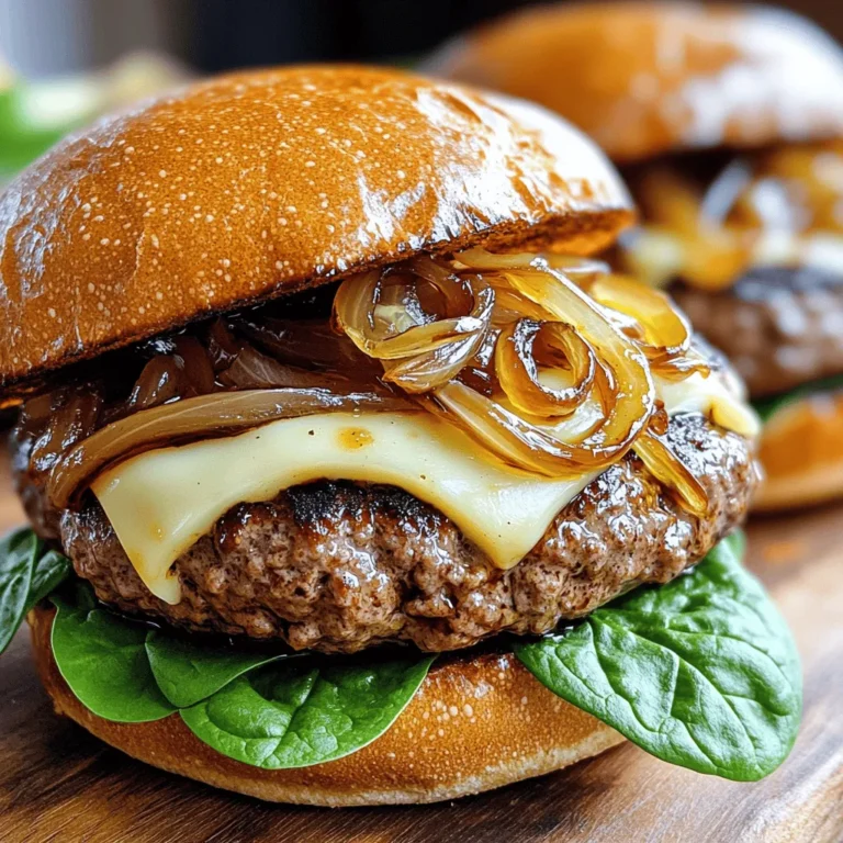 - 1 lb ground beef (80/20 blend) - 4 slices Swiss cheese - 2 large yellow onions, thinly sliced - 2 tablespoons unsalted butter - 1 tablespoon olive oil - 4 whole wheat burger buns - 1 tablespoon balsamic vinegar - 1 teaspoon garlic powder - Salt and pepper to taste - Fresh spinach leaves (for garnish) When making caramelized onion Swiss burgers, we start with the main ingredients. The ground beef is the star. I prefer an 80/20 blend because it gives the best flavor and juiciness. The Swiss cheese adds a creamy touch that melts beautifully. Next, we need onions. Yellow onions work best for caramelizing. Their natural sweetness will enhance our burgers. The butter and olive oil help cook the onions while adding rich flavor. Don't forget the whole wheat burger buns. They give a nice, hearty feel to the meal. For seasoning, balsamic vinegar adds depth. Garlic powder brings an extra layer of taste. Salt and pepper are must-haves for flavoring. Finally, fresh spinach leaves make a great garnish. They add a nice crunch and color to your burgers. With these ingredients ready, you will create a meal that is both flavorful and simple. - Heat 2 tablespoons of butter and 1 tablespoon of olive oil in a skillet. - Add 2 large sliced onions and a pinch of salt. - Cook, stirring often, until soft and golden brown, about 20-30 minutes. - In the last 5 minutes, add 1 tablespoon of balsamic vinegar. This makes the onions sweeter and richer. Stir it in until the liquid reduces slightly. Set the onions aside when done. - In a large bowl, mix 1 pound of ground beef with 1 teaspoon of garlic powder, salt, and pepper. - Be gentle to keep the meat tender. - Divide this mixture into four equal parts. - Shape each part into a patty and make a slight indentation in the center. This helps the patties cook evenly and not puff up. - Preheat your grill or grill pan to medium-high heat. - Grill the patties for 4-5 minutes on each side. Cook until they reach your preferred doneness. - In the last minute, place a slice of Swiss cheese on each patty. Let it melt nicely. - While the patties cook, toast your whole wheat burger buns on the grill until they are golden and crispy. - To assemble, put fresh spinach on the bottom half of each bun. - Add the cooked patty with melted cheese. Then, spoon the caramelized onions on top. Finish with the top half of the bun. To caramelize onions well, use medium heat. This heat level helps onions cook slowly. If the heat is too high, the onions can burn. Stir them often to avoid sticking. Adding a pinch of salt at the start helps draw out moisture. This step makes the onions soft and sweet. For juicy patties, aim for medium heat when cooking. Cook each patty for 4-5 minutes on each side. Use a meat thermometer for best results. Aim for 160°F for medium doneness. This method ensures you cook the meat safely while keeping it juicy. Start by placing fresh spinach on the bottom bun. Then, stack the patty with melted Swiss cheese on top. Add a generous spoonful of caramelized onions next. This layering gives you a great mix of flavors and textures. You can add crispy bacon or sliced avocado for extra flavor. Enjoy your burger creation! {{image_2}} You can switch up the cheese for your burgers. Cheddar adds a sharp taste. Gouda provides a creamy texture. Try pepper jack for a spicy kick. Each cheese gives a different flavor and can change the whole burger experience. If you want a leaner option, consider ground turkey. It works well with caramelized onions. For a plant-based choice, use black bean or lentil patties. They can mimic the texture and flavor of beef. You still get a filling and tasty meal. Adding toppings can make your burger special. Sautéed mushrooms bring an earthy flavor. Avocado adds creaminess and freshness. Barbecue sauce gives a sweet and smoky taste. You can also try pickles or jalapeños for extra zing. Mix and match to find your favorite combo! To keep your burgers fresh, wrap them tightly in plastic wrap or foil. Place them in an airtight container. Store them in the fridge for up to three days. This method helps to lock in moisture and flavor. For the caramelized onions, store them in a separate container. Let them cool first, then cover. They last about a week in the fridge. If you plan to use them later, this keeps their sweet taste intact. To reheat the patties, use a skillet over medium heat. Place the patties in the pan for about five minutes on each side. This method warms them through without drying them out. For the buns, toast them lightly in a toaster or on the grill. This keeps them crispy. Avoid microwaving, as it can make them soggy. Yes, you can freeze both cooked burgers and caramelized onions. To freeze burgers, wrap each one in plastic wrap and then foil. Place them in a freezer bag. They can last up to three months in the freezer. For the onions, cool them completely. Transfer them to a freezer-safe container. They can also be frozen for up to three months. When ready to use, defrost them in the fridge overnight. Reheat in a pan for the best flavor and texture. To caramelize onions well, start with a wide skillet. Use medium heat and add butter and olive oil. This mix helps cook the onions evenly. Add a pinch of salt to help release their natural sugars. Stir them often, but don’t rush. Cook for 20-30 minutes until they turn soft and golden brown. In the last few minutes, add balsamic vinegar. This adds a sweet, tangy flavor that enhances the onions. These burgers pair well with many sides. Sweet potato fries are a tasty choice. You can also serve them with a simple garden salad. Coleslaw adds a nice crunch. Another option is roasted vegetables for a healthy touch. Choose sides that balance the rich flavors of the burger. Yes, you can make the patties ahead. Mix your ground beef with spices and shape them into patties. Store them in the fridge for up to a day. You can also freeze them for longer storage. Just wrap each patty in plastic wrap. When you’re ready to cook, thaw them in the fridge overnight before grilling. Avoid pressing down on the patties while cooking. This releases juices and makes them dry. Don’t flip them too often; let them cook for 4-5 minutes on each side. Use a meat thermometer to check for doneness. Aim for 160°F for well-done burgers. Finally, let your patties rest for a few minutes after cooking. This keeps them juicy and tasty. Cooking Caramelized Onion Swiss Burgers is simple and fun. We covered key ingredients, from ground beef to Swiss cheese. I shared step-by-step instructions for caramelizing onions and cooking patties. Tips helped perfect your skills in grilling and assembling. Options for variations offer creativity with flavors. Proper storage keeps leftovers fresh, while reheating maintains taste. With these insights, you can enjoy delicious burgers anytime. Dive in and start grilling today!