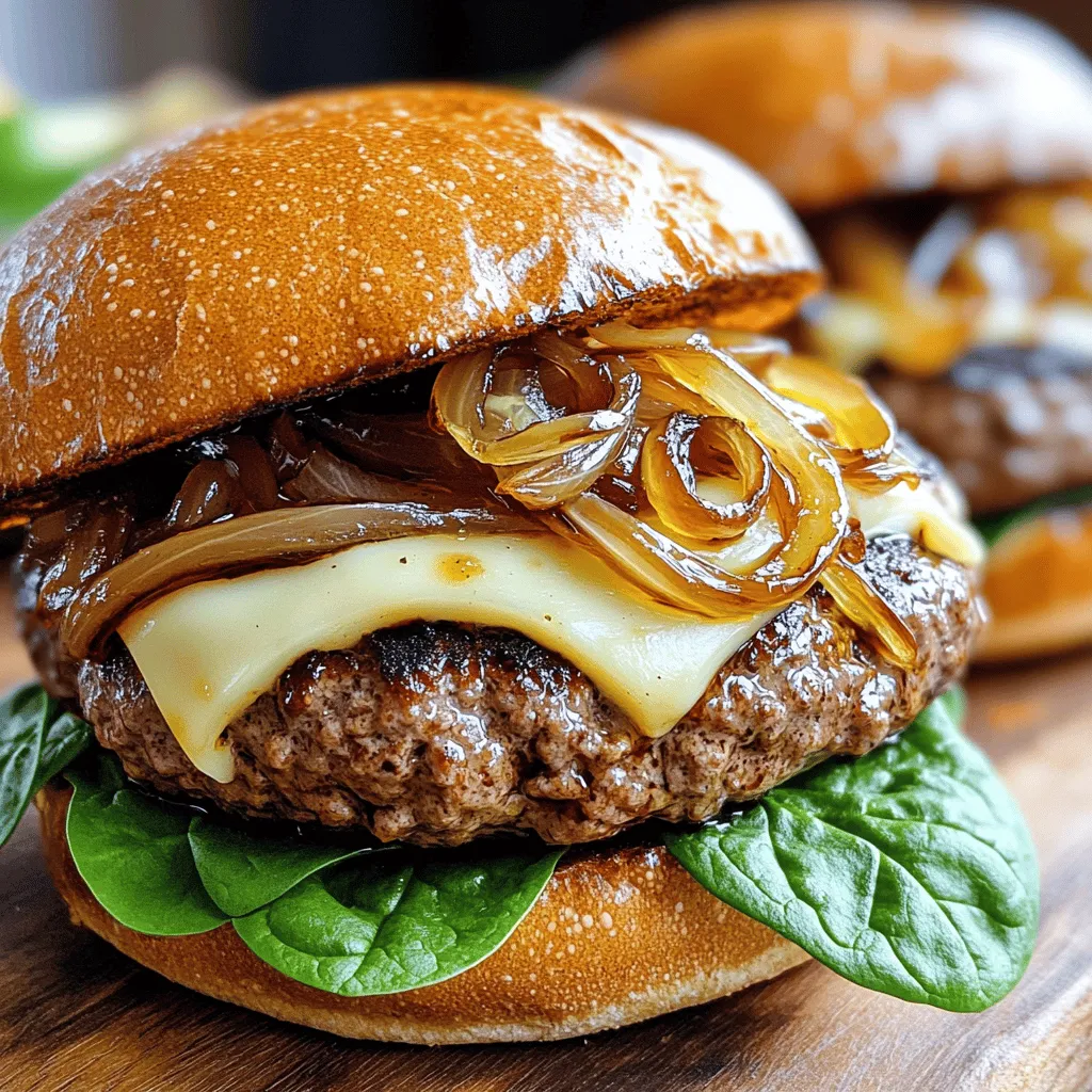 - 1 lb ground beef (80/20 blend) - 4 slices Swiss cheese - 2 large yellow onions, thinly sliced - 2 tablespoons unsalted butter - 1 tablespoon olive oil - 4 whole wheat burger buns - 1 tablespoon balsamic vinegar - 1 teaspoon garlic powder - Salt and pepper to taste - Fresh spinach leaves (for garnish) When making caramelized onion Swiss burgers, we start with the main ingredients. The ground beef is the star. I prefer an 80/20 blend because it gives the best flavor and juiciness. The Swiss cheese adds a creamy touch that melts beautifully. Next, we need onions. Yellow onions work best for caramelizing. Their natural sweetness will enhance our burgers. The butter and olive oil help cook the onions while adding rich flavor. Don't forget the whole wheat burger buns. They give a nice, hearty feel to the meal. For seasoning, balsamic vinegar adds depth. Garlic powder brings an extra layer of taste. Salt and pepper are must-haves for flavoring. Finally, fresh spinach leaves make a great garnish. They add a nice crunch and color to your burgers. With these ingredients ready, you will create a meal that is both flavorful and simple. - Heat 2 tablespoons of butter and 1 tablespoon of olive oil in a skillet. - Add 2 large sliced onions and a pinch of salt. - Cook, stirring often, until soft and golden brown, about 20-30 minutes. - In the last 5 minutes, add 1 tablespoon of balsamic vinegar. This makes the onions sweeter and richer. Stir it in until the liquid reduces slightly. Set the onions aside when done. - In a large bowl, mix 1 pound of ground beef with 1 teaspoon of garlic powder, salt, and pepper. - Be gentle to keep the meat tender. - Divide this mixture into four equal parts. - Shape each part into a patty and make a slight indentation in the center. This helps the patties cook evenly and not puff up. - Preheat your grill or grill pan to medium-high heat. - Grill the patties for 4-5 minutes on each side. Cook until they reach your preferred doneness. - In the last minute, place a slice of Swiss cheese on each patty. Let it melt nicely. - While the patties cook, toast your whole wheat burger buns on the grill until they are golden and crispy. - To assemble, put fresh spinach on the bottom half of each bun. - Add the cooked patty with melted cheese. Then, spoon the caramelized onions on top. Finish with the top half of the bun. To caramelize onions well, use medium heat. This heat level helps onions cook slowly. If the heat is too high, the onions can burn. Stir them often to avoid sticking. Adding a pinch of salt at the start helps draw out moisture. This step makes the onions soft and sweet. For juicy patties, aim for medium heat when cooking. Cook each patty for 4-5 minutes on each side. Use a meat thermometer for best results. Aim for 160°F for medium doneness. This method ensures you cook the meat safely while keeping it juicy. Start by placing fresh spinach on the bottom bun. Then, stack the patty with melted Swiss cheese on top. Add a generous spoonful of caramelized onions next. This layering gives you a great mix of flavors and textures. You can add crispy bacon or sliced avocado for extra flavor. Enjoy your burger creation! {{image_2}} You can switch up the cheese for your burgers. Cheddar adds a sharp taste. Gouda provides a creamy texture. Try pepper jack for a spicy kick. Each cheese gives a different flavor and can change the whole burger experience. If you want a leaner option, consider ground turkey. It works well with caramelized onions. For a plant-based choice, use black bean or lentil patties. They can mimic the texture and flavor of beef. You still get a filling and tasty meal. Adding toppings can make your burger special. Sautéed mushrooms bring an earthy flavor. Avocado adds creaminess and freshness. Barbecue sauce gives a sweet and smoky taste. You can also try pickles or jalapeños for extra zing. Mix and match to find your favorite combo! To keep your burgers fresh, wrap them tightly in plastic wrap or foil. Place them in an airtight container. Store them in the fridge for up to three days. This method helps to lock in moisture and flavor. For the caramelized onions, store them in a separate container. Let them cool first, then cover. They last about a week in the fridge. If you plan to use them later, this keeps their sweet taste intact. To reheat the patties, use a skillet over medium heat. Place the patties in the pan for about five minutes on each side. This method warms them through without drying them out. For the buns, toast them lightly in a toaster or on the grill. This keeps them crispy. Avoid microwaving, as it can make them soggy. Yes, you can freeze both cooked burgers and caramelized onions. To freeze burgers, wrap each one in plastic wrap and then foil. Place them in a freezer bag. They can last up to three months in the freezer. For the onions, cool them completely. Transfer them to a freezer-safe container. They can also be frozen for up to three months. When ready to use, defrost them in the fridge overnight. Reheat in a pan for the best flavor and texture. To caramelize onions well, start with a wide skillet. Use medium heat and add butter and olive oil. This mix helps cook the onions evenly. Add a pinch of salt to help release their natural sugars. Stir them often, but don’t rush. Cook for 20-30 minutes until they turn soft and golden brown. In the last few minutes, add balsamic vinegar. This adds a sweet, tangy flavor that enhances the onions. These burgers pair well with many sides. Sweet potato fries are a tasty choice. You can also serve them with a simple garden salad. Coleslaw adds a nice crunch. Another option is roasted vegetables for a healthy touch. Choose sides that balance the rich flavors of the burger. Yes, you can make the patties ahead. Mix your ground beef with spices and shape them into patties. Store them in the fridge for up to a day. You can also freeze them for longer storage. Just wrap each patty in plastic wrap. When you’re ready to cook, thaw them in the fridge overnight before grilling. Avoid pressing down on the patties while cooking. This releases juices and makes them dry. Don’t flip them too often; let them cook for 4-5 minutes on each side. Use a meat thermometer to check for doneness. Aim for 160°F for well-done burgers. Finally, let your patties rest for a few minutes after cooking. This keeps them juicy and tasty. Cooking Caramelized Onion Swiss Burgers is simple and fun. We covered key ingredients, from ground beef to Swiss cheese. I shared step-by-step instructions for caramelizing onions and cooking patties. Tips helped perfect your skills in grilling and assembling. Options for variations offer creativity with flavors. Proper storage keeps leftovers fresh, while reheating maintains taste. With these insights, you can enjoy delicious burgers anytime. Dive in and start grilling today!