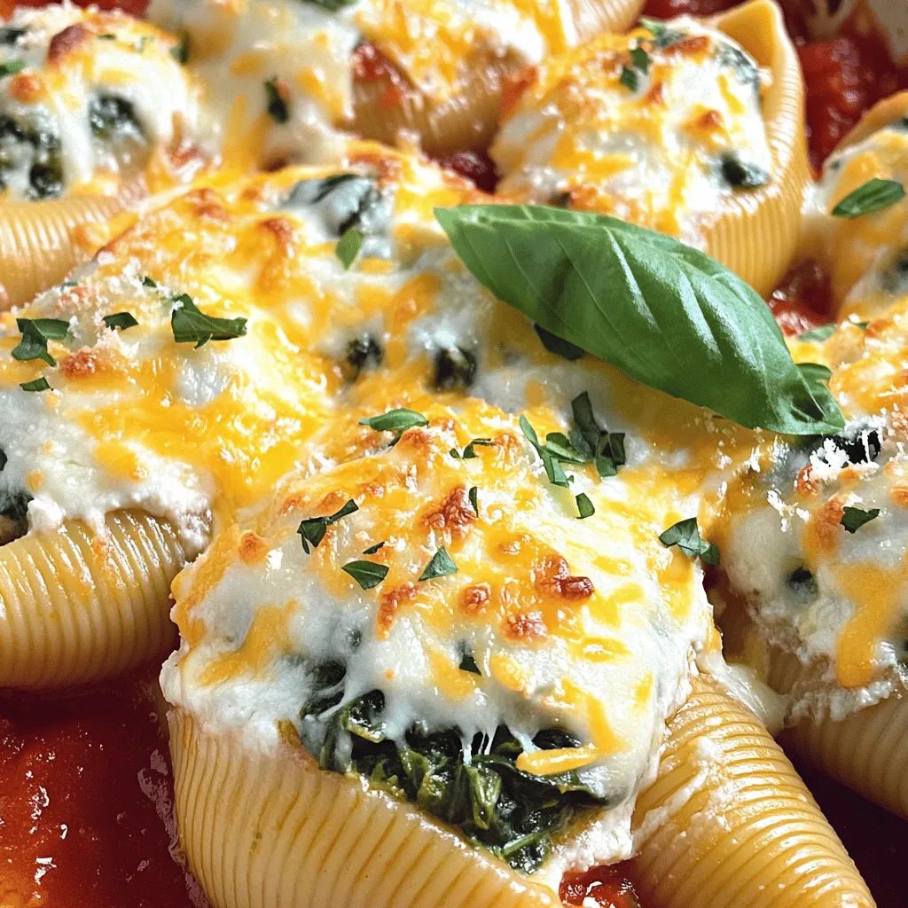- 20 jumbo pasta shells - 2 cups ricotta cheese - 1 cup shredded mozzarella cheese - 1 cup grated Parmesan cheese - 2 cups fresh spinach, chopped - 1 large egg - 1 teaspoon garlic powder - 1 teaspoon onion powder - Salt and pepper to taste - 3 cups marinara sauce - Fresh basil for garnish Each ingredient plays a big role in the taste of the dish. The jumbo pasta shells hold the filling. Ricotta cheese gives a creamy texture. Mozzarella cheese adds meltiness. Parmesan cheese brings a salty flavor. Fresh spinach adds color and nutrients. The egg helps bind the filling together. Garlic and onion powders boost taste. The marinara sauce adds a tangy base. Fresh basil brightens the dish, making it look and taste fresh. You can mix in other fun ingredients! Try adding cooked ground meat for extra protein. For a spicy kick, add red pepper flakes. You can also use different cheeses like feta or goat cheese for unique flavors. If you love herbs, consider adding chopped parsley or oregano. These options let you customize your cheesy spinach stuffed shells just the way you like them! First, preheat your oven to 375°F (190°C). This step is key for a perfect bake. While the oven warms up, fill a large pot with salted water. Bring it to a boil. Once boiling, add the jumbo pasta shells. Cook them until they are al dente, which means they should still have a bit of bite. This usually takes about 9-11 minutes. Drain the pasta and let it cool for a few minutes. In a mixing bowl, combine the ricotta cheese, half of the mozzarella, and half of the Parmesan cheese. Then, add in the chopped spinach. Crack the large egg into the bowl. Sprinkle in the garlic powder, onion powder, salt, and pepper. Mix everything until you see a nice, smooth blend. This filling should be creamy and packed with flavor. Now, take your baking dish and spread a thin layer of marinara sauce on the bottom. Grab a spoon and fill each pasta shell with the spinach and cheese filling. Make sure to fill them generously. Place the stuffed shells in the baking dish with the open side facing up. Once all the shells are filled, pour the remaining marinara sauce over them. Finally, sprinkle the rest of the mozzarella and Parmesan cheese on top. Cover the baking dish with aluminum foil. This helps keep the moisture in. Bake in your preheated oven for 25 minutes. After that, remove the foil and bake for another 10-15 minutes. Watch for the cheese to get bubbly and lightly golden. Once done, take them out and let them cool for a few minutes. Garnish with fresh basil before serving for a nice touch. When making cheesy spinach stuffed shells, avoid overcooking the pasta. Cook it just until al dente. This keeps the shells firm and easy to stuff. Don’t skip the seasoning. Adding salt and pepper to the filling enhances the taste. Also, make sure to mix the filling well. This ensures that every bite is packed with flavor. To bake stuffed shells perfectly, preheat your oven to 375°F (190°C). Cover the dish with foil for the first part of baking. This helps the shells steam and stay moist. After 25 minutes, remove the foil. This allows the cheese to get bubbly and lightly golden. Check the shells after 10-15 minutes to avoid burning. Serve cheesy spinach stuffed shells with a side salad for a balanced meal. A simple green salad with a light vinaigrette pairs well. You can also add garlic bread for extra flavor. For a touch of freshness, sprinkle fresh basil on top just before serving. This adds color and a lovely aroma. {{image_2}} If you love meat, this version is for you! Add cooked ground beef, sausage, or turkey to the cheese filling. Mix in about one cup of cooked meat with the ricotta, spinach, and other ingredients. This adds a hearty layer to your stuffed shells. The blend of meat and cheese creates a rich flavor. You’ll enjoy every bite! For a vegan twist, swap the cheeses for plant-based options. Use tofu or cashew cheese in place of ricotta. Add nutritional yeast for a cheesy taste. You can also use vegan egg substitutes, like flaxseed meal, to hold the filling together. Choose a vegan marinara sauce to keep the dish fully plant-based. This version is just as tasty! If you're gluten-free, use gluten-free pasta shells. Many brands offer great alternatives that cook just like regular pasta. Check the labels to ensure they are safe for your diet. You can follow the same filling recipe. It’s still packed with flavor and good for everyone. Enjoy a comforting meal without worry! To keep your cheesy spinach stuffed shells fresh, let them cool first. Place the shells in an airtight container. Make sure to separate layers with parchment paper to avoid sticking. Store them in the fridge for up to three days. When ready to eat, you’ll have a quick meal ready to go. Reheat the cheesy spinach stuffed shells in your oven for the best taste. Preheat the oven to 350°F (175°C). Place the shells in a baking dish. Add a little extra marinara sauce on top to keep them moist. Cover with foil and heat for about 20 minutes. Remove the foil for the last five minutes to crisp the cheese. If you want to save some for later, freezing is a great option. First, let the stuffed shells cool completely. Then, place them in a freezer-safe container or bag. You can freeze them for up to three months. To reheat, thaw in the fridge overnight, then bake as mentioned above. Enjoy your delicious meal whenever you like. To make cheesy spinach stuffed shells, follow these steps: - Preheat your oven to 375°F (190°C). - Cook jumbo pasta shells in salted water until al dente, then drain. - In a bowl, mix ricotta cheese, half the mozzarella, half the Parmesan, chopped spinach, egg, garlic powder, onion powder, salt, and pepper. - Fill each shell with the mixture and place them in a baking dish. - Spread marinara sauce over the shells and top with remaining cheese. - Bake covered for 25 minutes, then uncover and bake for 10-15 more. - Garnish with fresh basil before serving. Yes, you can use other types of cheese! - Try goat cheese or feta for a tangy touch. - Cream cheese adds a smooth texture. - Mix in cheddar for a sharper flavor. Just remember to adjust the amount based on the cheese's strength. Cheesy spinach stuffed shells pair well with many sides. - Serve with a fresh green salad for crunch. - Garlic bread complements the flavors nicely. - Roasted vegetables add a healthy touch. - A side of marinara sauce can enhance the meal. Stuffed shells can last in the fridge for about 3-5 days. - Store them in an airtight container to keep them fresh. - If they sit longer, they may lose flavor and texture. Always check for any signs of spoilage before eating! You learned about making cheesy spinach stuffed shells from start to finish. We covered the ingredients, step-by-step instructions, and tips for perfect results. You also explored tasty variations and storage methods. Stuffed shells are fun to make and easy to adapt. Whether you eat them right away or freeze them for later, these dishes please everyone. Enjoy cooking and sharing this meal with your loved ones. Happy cooking!